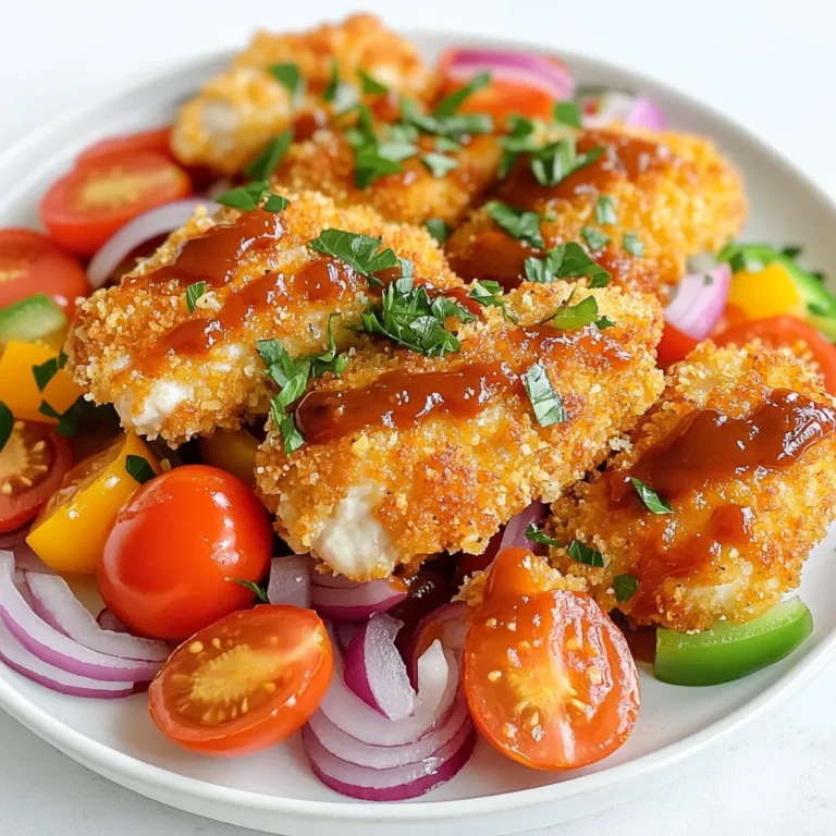- 1.5 lbs chicken tenders - 1 cup BBQ sauce - 1/2 cup ranch dressing - 1 cup panko breadcrumbs - 1 teaspoon garlic powder - 1 teaspoon onion powder - 1 teaspoon smoked paprika - 1/2 teaspoon black pepper - 1 tablespoon olive oil - 1 cup cherry tomatoes, halved - 1 small red onion, sliced - 1 bell pepper (any color), sliced - Fresh parsley, chopped Using quality ingredients makes a big difference in flavor. I always choose fresh chicken for tenderness. The BBQ sauce and ranch dressing blend adds a rich taste that pairs well with the crunchy coating. The panko breadcrumbs give a nice crunch, while the spices enhance the flavors. For the veggies, I love using cherry tomatoes, red onion, and bell pepper. They add color and sweetness. Fresh parsley on top looks great and adds freshness. Make sure to prepare everything ahead. Having all the ingredients ready makes cooking smooth and fun. Trust me, when you use fresh and flavorful ingredients, the dish shines. - First, preheat your oven to 425°F (220°C). This helps the chicken cook evenly. - Next, line a large sheet pan with parchment paper. This makes cleanup easy later. - In a medium bowl, mix 1 cup of BBQ sauce with 1/2 cup of ranch dressing. Stir well until it’s smooth. This is the BBQ ranch sauce you will use. - Take each chicken tender and dip it into the BBQ ranch mixture. Make sure it gets fully coated. - After that, roll the tender in a mix of 1 cup panko breadcrumbs, 1 teaspoon garlic powder, 1 teaspoon onion powder, 1 teaspoon smoked paprika, and 1/2 teaspoon black pepper. Press gently to ensure the coating sticks well. - Place the coated tenders on your prepared sheet pan. - In the same bowl, add 1 cup of halved cherry tomatoes, sliced red onion, and sliced bell pepper. Drizzle 1 tablespoon of olive oil over the veggies and toss to coat. - Spread the vegetables around the chicken tenders on the sheet pan. - Bake the pan in the oven for 20-25 minutes. Check that the chicken reaches an internal temperature of 165°F (74°C) and that the veggies are tender. To make great chicken tenders, cook them at 425°F for 20-25 minutes. This high heat helps the coating turn crispy. Use a meat thermometer to check if they reach 165°F. This ensures they are safe to eat and juicy. For a crispy coating, press the panko breadcrumbs firmly onto the chicken. This helps them stick and get nice and crunchy. You can also spray a little oil on the tenders before baking. This adds extra crispness without much effort. To boost the flavor, try adding spices like cayenne pepper for heat or Italian seasoning for a twist. You can mix in some grated Parmesan cheese into the breadcrumb mix for a cheesy crunch. Customizing the BBQ ranch sauce is easy too. Add a splash of hot sauce for some spice or honey for sweetness. You can even mix in some chipotle for a smoky flavor. These chicken tenders go great with sides like coleslaw or corn on the cob. You can also serve them with dipping sauces like honey mustard or extra ranch. For a fun presentation, stack the chicken tenders on a platter and add the roasted veggies around them. A sprinkle of fresh parsley on top adds color and flavor. You can even serve them in small paper cones for a stylish touch! {{image_2}} You can switch the chicken for turkey or tofu. Turkey works well if you want leaner meat. Tofu is great for a plant-based option. Just ensure you press the tofu to remove excess water. You can also use different cuts of chicken. Chicken thighs add more flavor and moisture. They will cook a bit differently, so check the temperature. The goal is always 165°F (74°C). Explore other sauce combinations for fun flavors. You might try honey mustard or buffalo sauce. Each adds a unique taste that can change the whole dish. Making homemade BBQ sauce is another option. Mix ketchup, vinegar, and brown sugar for a quick sauce. You can adjust the sweetness or spiciness as you like. Add vegetables for color and taste. Cherry tomatoes, red onion, and bell peppers work well. They bring sweetness and crunch to your meal. You can swap in seasonal vegetables, too. In summer, use zucchini or corn. In fall, try butternut squash or Brussels sprouts. Each change can change the dish’s vibe and flavor. To keep your BBQ ranch chicken tenders fresh, store them in an airtight container. Place a paper towel at the bottom to absorb moisture. This helps keep the chicken crispy. You can refrigerate them for up to three days. If you want to keep them longer, freeze the tenders. They can last up to three months in the freezer. Just make sure to label the container with the date. When you are ready to enjoy your leftovers, the best way to reheat them is in the oven. Preheat the oven to 350°F (175°C). Place the chicken tenders on a baking sheet. Heat for about 10-15 minutes until they are warm. This method helps keep the coating crispy. You can also reheat them in an air fryer to maintain that crunch. Just set the air fryer to 350°F (175°C) and heat for about 5-7 minutes. You can prep the chicken tenders ahead of time. Coat them and place them on a baking sheet. Cover with plastic wrap and refrigerate. This makes cooking on busy weeknights quick and easy. You can also cut your veggies in advance. Store them in a separate container. This way, you have everything ready to go for a quick meal. Bake BBQ ranch chicken tenders for 20-25 minutes. Check the chicken's internal temperature. It should reach 165°F (74°C) to be safe to eat. The vegetables should be tender and slightly caramelized. This timing ensures a juicy chicken tender with a crunchy coating. Yes, you can make this recipe gluten-free. Use gluten-free panko breadcrumbs instead of regular ones. Ensure that your BBQ sauce and ranch dressing are also gluten-free. Many brands offer gluten-free options, so check the labels for safety. Great dipping sauces for BBQ ranch chicken tenders include honey mustard, buffalo sauce, and blue cheese dressing. These add extra flavor and excitement. Feel free to mix and match based on your taste. You can also try a spicy aioli for a kick! In this post, I shared a delicious BBQ ranch chicken tenders recipe. We covered ingredients, preparation steps, and cooking tips. I also included storage info and meal prep ideas to make your life easier. Final thoughts: This recipe is not only simple but also allows for many variations. Feel free to mix and match flavors to suit your taste. Enjoy cooking and sharing this meal with friends and family!