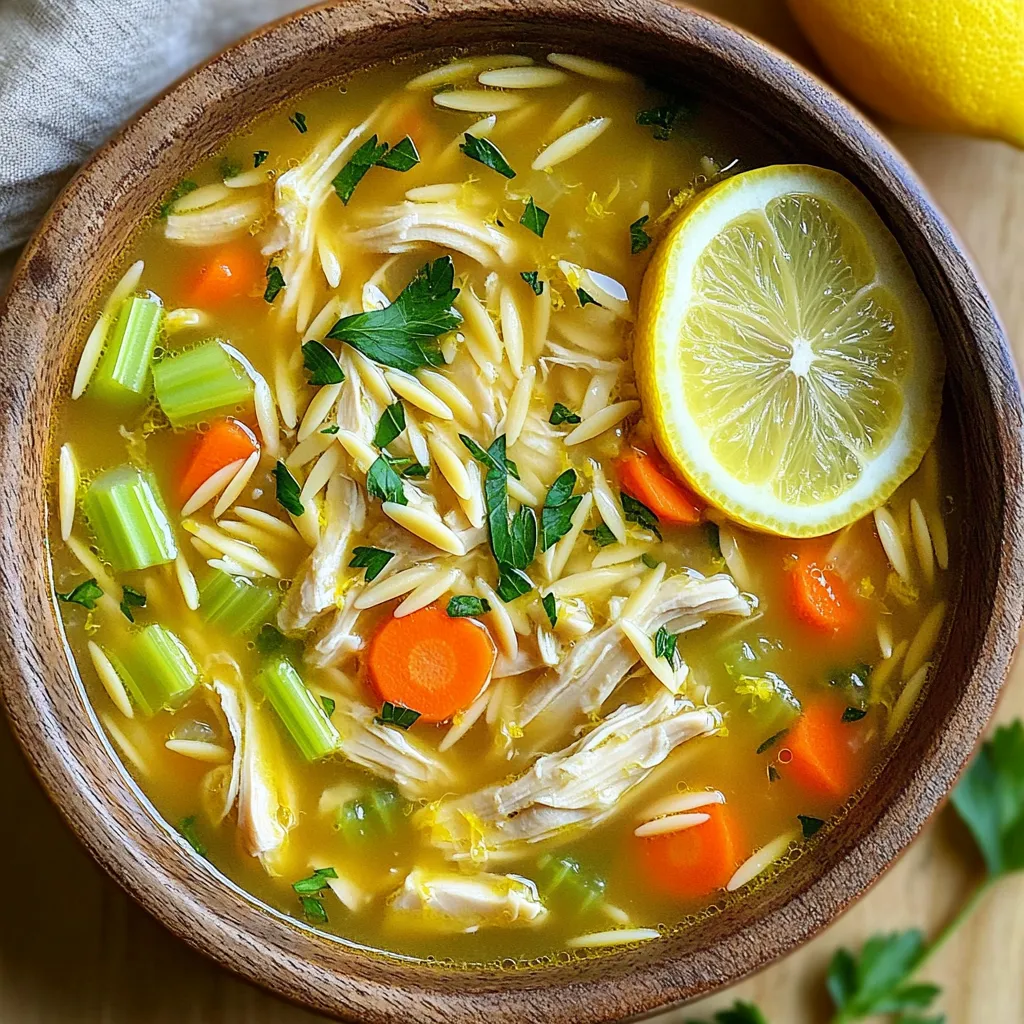 To make a warm pot of Greek Lemon Chicken Soup, you need some key ingredients: - 1 tablespoon olive oil - 1 medium onion, diced - 2 cloves garlic, minced - 3 medium carrots, sliced - 2 celery stalks, diced These ingredients form the base of your soup. The olive oil adds richness, while the onion and garlic provide a fragrant start. Carrots and celery add sweetness and crunch. Next, you'll need some seasonings to bring out the flavors: - 1/2 teaspoon dried oregano - 1/4 teaspoon ground black pepper - Salt to taste - Fresh parsley for garnish Dried oregano adds a classic Greek flavor. Black pepper gives a little kick. Salt is essential to enhance all the tastes, and parsley brightens the soup when added at the end. For that authentic taste, gather these special ingredients: - 6 cups chicken broth - 1 pound boneless, skinless chicken breasts - 1 cup orzo pasta (or rice, if preferred) - Juice of 2 lemons - Zest of 1 lemon - 2 large eggs Chicken broth serves as the soup's heart. The chicken breasts provide protein, and orzo pasta makes it filling. Lemon juice and zest add a fresh zing, while eggs help create a rich, creamy texture. First, I heat olive oil in a large pot over medium heat. I add the diced onion and sauté it until it’s soft and clear, which takes about 5 minutes. Next, I throw in the minced garlic, sliced carrots, diced celery, dried oregano, and black pepper. I cook this mix for another 5 minutes, stirring often to keep everything from sticking. Now, I pour in the chicken broth and bring it all to a boil. Once it bubbles, I add the chicken breasts to the pot. I lower the heat and let the chicken simmer for about 20 minutes, until it's cooked through. While the chicken cooks, I prepare the orzo. I add the orzo pasta to the broth and cook it according to the package instructions. When the chicken is done, I take it out and let it cool for a bit. Then, I shred the chicken using two forks and return it to the pot once the orzo is ready. In a small bowl, I whisk together the eggs, lemon juice, and lemon zest until smooth. To avoid curdling, I ladle some hot broth into the egg mixture, whisking all the while. I then stir this egg mix back into the soup. I taste the soup and add salt if needed. Finally, I take the pot off the heat and let the soup sit for a few minutes to blend the flavors. - Adjusting seasoning with salt: Start with a small pinch of salt. Taste the soup as it cooks. You can add more salt to enhance the flavors. Be careful not to add too much at once. Too much salt can ruin the dish. - Balancing lemon acidity: The lemon juice provides a bright flavor. If it’s too tart, add a pinch of sugar. This will help balance the acidity. Taste as you go to find the right mix. - Tips for shredding chicken efficiently: Use two forks to pull apart the chicken. This method works fast. Shred the chicken while it’s warm for easier handling. Make sure to shred it into bite-sized pieces. - How to avoid curdling in the egg mixture: To prevent curdling, whisk in hot broth slowly. This process is called tempering. It warms the eggs without cooking them. Stir constantly to keep the mixture smooth. - Presentation tips for garnishing: Serve the soup in warm bowls. Add fresh parsley on top for color. A slice of lemon on the side adds a nice touch. It also gives a fresh scent when served. - Ideal accompaniments for the soup: Pair the soup with crusty bread. A slice of warm pita is also great. You can serve a simple salad on the side for a complete meal. {{image_2}} You can change a few ingredients in the Greek Lemon Chicken Soup. Using chicken thighs instead of breasts adds richness. Thighs are more tender and juicy. They can boost the flavor of the soup. You can also swap the orzo for quinoa or barley. Quinoa is a great gluten-free option. Barley offers a hearty texture and nutty taste. Both will give the soup a new twist. If you want a vegetarian version, simply swap chicken broth for vegetable broth. This change keeps the soup flavorful while making it meat-free. You can also add more veggies for a thicker soup. Think about adding diced zucchini, bell peppers, or even mushrooms. These additions make the soup hearty and colorful. For those who enjoy a kick, adding red pepper flakes can spice things up. Just sprinkle in a little at a time to control the heat. You can also toss in some greens like spinach or kale. They add nutrition and vibrant color to your soup. Plus, they cook down quickly, making them an easy addition. To keep your Greek lemon chicken soup fresh, use airtight containers. Glass or BPA-free plastic containers work well. The soup lasts about three to four days in the fridge. Be sure to cool it down first before sealing. When reheating, use the stove or microwave. The stove helps keep the texture smooth. If using the microwave, heat in short bursts. Stir in between to help it heat evenly. After refrigeration, you may need to add broth to adjust the soup's consistency. This keeps it from being too thick. You can freeze portions of the soup for later use. Use freezer-safe containers or bags. Label them with the date for easy tracking. When you’re ready to eat, thaw it in the fridge overnight. Reheat on the stove or microwave. Add a splash of broth if needed to restore its creamy texture. You can enjoy many sides with Greek lemon chicken soup. Here are some good options: - Salad: A simple green salad adds freshness. - Roasted Vegetables: Carrots and zucchini pair well. - Rice Pilaf: Fluffy rice pilaf can complement the soup's flavors. For bread, I recommend: - Crusty Bread: A nice baguette is perfect for dipping. - Pita Bread: This adds a nice touch with a Greek flair. - Flatbread: Soft flatbreads can soak up the broth. Yes, you can make this soup ahead of time. Here are some tips for meal prep: - Cook and Store: Prepare the soup and let it cool. Store it in airtight containers. - Chill Quickly: Place the soup in the fridge after it cools to room temperature. For reheating, follow this advice: - Stovetop Method: Gently heat the soup in a pot over low heat. - Microwave: Use a microwave-safe container and heat in short bursts. To make this soup gluten-free, consider these options: - Orzo Alternatives: Use rice or gluten-free pasta instead of orzo. - Check Ingredients: Ensure the chicken broth is gluten-free. Other modifications can include: - More Veggies: Add in more carrots or spinach for extra nutrients. - Protein Options: Try using turkey instead of chicken for a twist. Greek Lemon Chicken Soup brings warmth and flavor to any meal. We explored the essential ingredients like olive oil, chicken broth, and fresh lemon, which add depth. I shared step-by-step cooking methods, plus tips to perfect your dish. You learned about variations to suit your taste and storage tips for leftovers. Enjoy the satisfying taste of this soup, whether you make it just for you or to share. Try these ideas, and your kitchen will smell amazing as you create this comforting dish.
