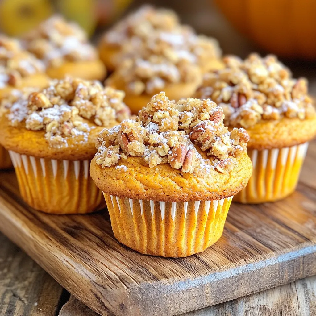 - 1 ½ cups all-purpose flour - 1 teaspoon baking powder - 1 teaspoon baking soda - ½ teaspoon salt - 1 teaspoon ground cinnamon - ½ teaspoon ground nutmeg - ½ cup granulated sugar - ½ cup packed brown sugar - ½ cup vegetable oil - 2 large eggs - 1 cup canned pumpkin puree - 1 teaspoon vanilla extract - ½ cup chopped walnuts (optional) - ¼ cup all-purpose flour - ½ cup oats - ½ teaspoon ground cinnamon - ¼ cup brown sugar - 3 tablespoons cold butter, cubed - ¼ cup chopped pecans (optional) Using the right ingredients is key to great muffins. I love how the spices bring warmth. The mix of cinnamon and nutmeg makes them smell so inviting. The pumpkin adds moisture and a rich flavor. In the dry mix, the flour, baking powder, and baking soda help the muffins rise. Salt enhances all the flavors. In the wet mix, sugar and brown sugar give sweetness and depth. Eggs and oil keep the muffins tender. If you want a nutty crunch, add walnuts to the wet mix. For the streusel topping, oats and butter create a lovely crumbly texture. Adding pecans gives an extra crunch. You can choose to skip the nuts if you prefer. Each ingredient plays a role in making these muffins delicious. The blend of flavors creates a cozy treat that's perfect for any time of day. Preheat the Oven Start by preheating your oven to 350°F (175°C). This step gets the oven ready for baking. Line a muffin tin with paper liners or grease it lightly. This makes it easy to remove the muffins later. Prepare the Dry Ingredients In a large bowl, combine 1 ½ cups of all-purpose flour, baking powder, baking soda, salt, cinnamon, and nutmeg. Whisk them together well. Set this mixture aside for later use. Mix the Wet Ingredients In another bowl, add the granulated sugar, brown sugar, and vegetable oil. Mix these together until smooth. Then, beat in the eggs one at a time. Make sure they blend well. Next, add the pumpkin puree and vanilla extract. Mix until everything is combined nicely. Gradual Mixing Technique Now, it’s time to bring the dry and wet ingredients together. Gradually add the flour mixture to the wet ingredients. Stir gently until just combined. Avoid overmixing to keep the muffins light and fluffy. Incorporate Optional Walnuts If you want to add some texture, fold in ½ cup of chopped walnuts now. This step is optional but adds a nice crunch to the muffins. Make the Streusel Topping In a small bowl, combine ¼ cup of flour, oats, cinnamon, and brown sugar. Add 3 tablespoons of cold, cubed butter. Use a fork or pastry cutter to mix until crumbly. If desired, stir in ¼ cup of chopped pecans for extra flavor. Fill the Muffin Tin Spoon the pumpkin batter into the prepared muffin cups, filling each about ¾ full. This ensures they have room to rise. Generously sprinkle the streusel topping over the batter in each cup. Bake the Muffins Place the muffin tin in the preheated oven. Bake for 20-25 minutes. Check for doneness by inserting a toothpick in the center. If it comes out clean, the muffins are ready. Enjoy the wonderful aroma as they bake! Adjusting Spices To enhance your muffins, adjust the spices to fit your taste. If you like more warmth, add extra cinnamon or nutmeg. For a twist, try adding ginger. Just a hint can make a big change. Enhancing Sweetness You can tweak the sweetness. If you love sweeter muffins, add more brown sugar. You can also mix in maple syrup for a fun flavor. Always taste the batter. This way, you can find the right balance. Toothpick Test for Doneness To check if your muffins are done, use a toothpick. Insert it in the center of a muffin. If it comes out clean, your muffins are ready. This method helps avoid overbaking. Cooling Recommendations Let your muffins cool for five minutes in the pan. Then, move them to a wire rack. This helps them stay soft. Cooling them properly keeps them from getting soggy. Presentation Ideas Serve your muffins warm for the best taste. Dust them with powdered sugar for a nice touch. You can also arrange them on a wooden platter. This looks great for fall gatherings. Pairing with Beverages These muffins go well with coffee or tea. Try pairing them with a spiced chai. The flavors mix perfectly and create a cozy vibe. You can also serve them with hot cocoa for a sweet treat. {{image_2}} Adding Chocolate Chips You can mix in chocolate chips for a sweet twist. Use semi-sweet or dark chocolate chips. About ½ cup works well. The chocolate adds richness and a fun contrast to the pumpkin. Using Different Nuts If you want to change the nuts, try pecans or almonds. These nuts give a different flavor and texture. They add crunch and a nutty taste that pairs great with pumpkin. Gluten-Free Substitutions To make these muffins gluten-free, swap all-purpose flour for a gluten-free blend. Ensure the blend works for baking. This way, everyone can enjoy these tasty treats. Vegan Options You can make a vegan version too. Replace eggs with flax eggs or applesauce. Use a plant-based oil instead of vegetable oil. These swaps keep the muffins moist and delicious. Incorporating Cranberries Cranberries add a tangy flavor. You can fold in ½ cup of dried cranberries into the batter. They balance the sweetness and make the muffins brighter. Fall-themed Additions Add spices like cloves or ginger for a fall vibe. You can also mix in roasted pumpkin seeds for crunch. These changes create a seasonal treat that feels cozy and festive. - Best Practices for Freshness: Store your muffins at room temperature. Use a clean kitchen towel to cover them. This keeps them moist while letting air flow. - Using Airtight Containers: For best results, place muffins in an airtight container. This helps keep them fresh for up to three days. - Freezing Muffins: If you have extra muffins, freeze them. Wrap each muffin in plastic wrap, then place them in a freezer bag. This keeps them tasty for up to three months. - Thawing and Reheating Instructions: To enjoy frozen muffins, remove them from the bag. Let them thaw on the counter for about 30 minutes. For a warm treat, pop them in the microwave for about 15 seconds. - Duration for Optimal Taste: Fresh muffins taste best within three days. After that, they may start to lose flavor and texture. - Recognizing Spoilage Signs: Look for mold or an off smell. If the muffins feel dry or hard, it’s time to toss them. Can I use fresh pumpkin instead of canned? Yes, you can use fresh pumpkin. Cook and puree the pumpkin first. This will give your muffins a fresh taste. Just make sure to drain any excess moisture. Too much water can change the texture of your muffins. How do I know when my muffins are baked? To check if your muffins are ready, insert a toothpick into the center. If it comes out clean or with a few crumbs, your muffins are done. Avoid overbaking, as this can dry them out. Can I make the batter in advance? Yes, you can prepare the batter ahead of time. Store it in the fridge for up to 24 hours. Just stir it gently before you fill the muffin cups. This helps keep the muffins fresh and fluffy. What can I use instead of eggs? If you need an egg substitute, try using applesauce or mashed banana. Use 1/4 cup for each egg. This keeps your muffins moist and adds natural sweetness. How can I replace sugar for a healthier option? You can use honey or maple syrup instead of sugar. Use about 1/3 less than the amount of sugar. You might also want to reduce the liquid in your recipe slightly to keep the right texture. What drinks pair well with pumpkin muffins? Pumpkin muffins taste great with coffee or tea. You can also enjoy them with a warm spiced cider. These drinks enhance the fall flavors of the muffins. Can these muffins be served as a dessert? Absolutely! These muffins make a lovely dessert. Serve them warm with a scoop of ice cream or a dollop of whipped cream. They are perfect for any sweet craving. In this post, we explored how to make delicious pumpkin muffins. We covered key ingredients like flour, sugars, and pumpkin puree. You learned step-by-step instructions to mix wet and dry ingredients and add the streusel topping. We shared tips for improving flavor and adjusting baking techniques for the best results. Overall, these muffins are easy to customize and enjoy. They’re perfect for any season and can be stored well for later. Bake these muffins and savor the flavors in each bite!