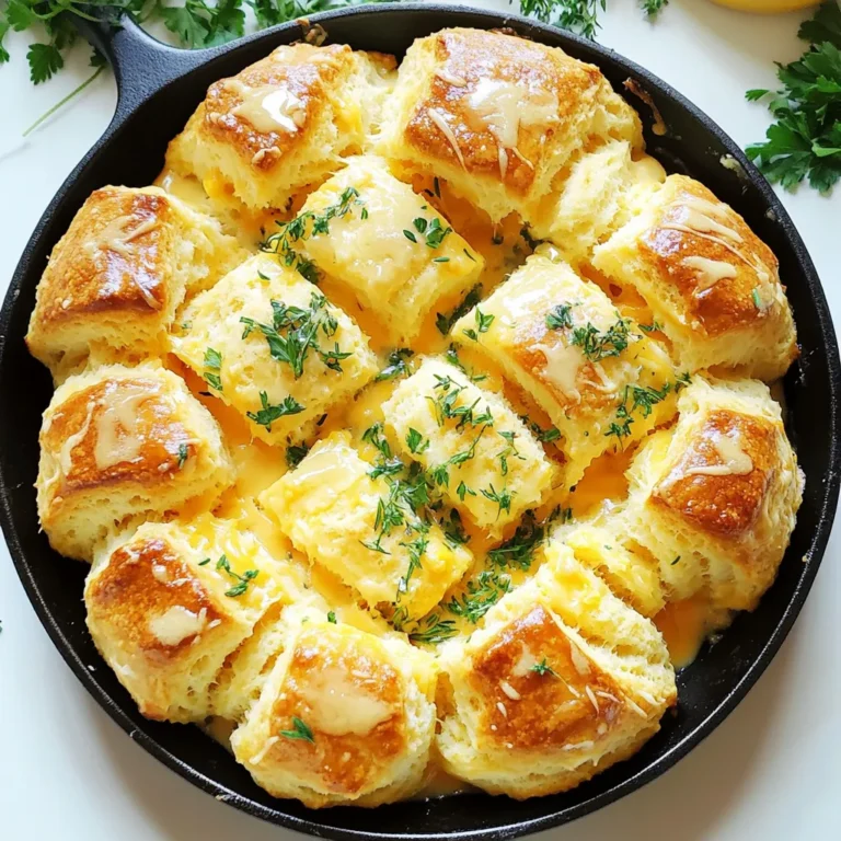 Here are the key ingredients for your Savory Herb and Cheese Biscuit Pull Apart Bread: - 2 cups all-purpose flour - 1 tablespoon baking powder - 1 teaspoon salt - ½ teaspoon garlic powder - ¼ teaspoon black pepper - ½ cup cold unsalted butter, cubed - 1 cup shredded cheddar cheese - 2 tablespoons fresh parsley, chopped - 1 tablespoon fresh rosemary, chopped - 1 tablespoon fresh thyme, chopped - ¾ cup buttermilk - Extra melted butter for brushing Each ingredient plays a role. All-purpose flour gives the bread structure. Baking powder helps it rise. Salt enhances flavor. Garlic powder and black pepper add a warm kick. Cold unsalted butter makes the bread flaky. Shredded cheddar cheese adds richness. Fresh herbs like parsley, rosemary, and thyme bring bright, earthy notes. Buttermilk keeps the dough moist. Finally, melted butter brushed on top adds a lovely, golden touch. Gather these ingredients before you start cooking. This will keep your process smooth and fun. Don't hesitate to play with the flavors. You can swap herbs or cheese based on what you like. Enjoy the journey of making this delightful pull-apart bread! 1. First, preheat your oven to 375°F (190°C). Next, grease a 9-inch round cake pan or a cast-iron skillet. This will help the bread come out easily. 2. In a large bowl, whisk together the flour, baking powder, salt, garlic powder, and black pepper. Make sure these dry ingredients mix well. 3. Now, add the cold, cubed butter to the flour mixture. Use a pastry cutter or your fingers to cut the butter into the flour. You want it to look like coarse crumbs. 1. Next, stir in the shredded cheddar cheese along with the chopped parsley, rosemary, and thyme. Mix until the herbs and cheese are evenly spread in the dough. 2. Gradually pour in the buttermilk. Mix just until the dough comes together. It should feel slightly sticky but still easy to work with. 1. Divide the dough into small pieces, about the size of golf balls. Shape these pieces into round balls. 2. Layer half of the dough balls in your prepared pan. Place them in a circular formation. 3. Brush a little melted butter over this first layer of dough balls. Then, add the rest of the dough balls on top. 4. Finally, brush the rest of the melted butter over the top layer of dough. This will give it a golden finish. 1. Bake in your preheated oven for 25-30 minutes. Check when the bread turns golden brown on top and is cooked through. 2. Once done, take it out of the oven and let it cool slightly. Then, pull apart the biscuit pieces to serve warm. Enjoy this tasty treat! - Incorporating butter: Start with cold butter. Cut it into small cubes. Use a pastry cutter or your fingers to mix it into the flour. Stop when it looks like coarse crumbs. This step gives your bread a nice, flaky texture. - Managing dough stickiness: If your dough feels too sticky, don’t panic. Lightly flour your hands and the work surface. You can also add a bit more flour, one tablespoon at a time, until it’s easier to handle. - Suggested herbs and spice additions: Besides parsley, rosemary, and thyme, try adding oregano or dill for new flavors. A pinch of red pepper flakes can add a little heat. - Cheese alternatives: While cheddar is great, you can swap it for feta or mozzarella. Both will give the bread a different taste and texture. - Serving suggestions and garnishing ideas: Serve the bread on a wooden board. This gives a rustic look. Add some fresh herbs on top for color. You can also offer melted butter on the side for dipping. This makes the dish more inviting and fun to eat. {{image_2}} You can easily make this bread fit your needs. If you want a gluten-free version, use gluten-free flour. Many brands work well in baking. Just make sure to check the package for the right amount needed. For a dairy-free option, swap buttermilk with a plant-based milk and add a splash of vinegar. This will mimic the tangy taste of buttermilk. Feel free to get creative with the cheese. Try mozzarella for a gooey texture or feta for a tangy punch. You can also mix in cheeses like gouda or pepper jack for a spicy kick. For herbs, consider using dill, basil, or chives. Each will add a unique flavor and aroma to your bread. This pull-apart bread shines when served with dips. Pair it with creamy ranch, spicy salsa, or a rich cheese sauce. It also goes well with soups and salads. A fresh garden salad or a hearty tomato soup will make your meal complete. Enjoy this bread warm for the best taste and texture! To keep your savory herb and cheese biscuit pull apart bread fresh, follow these tips: - Refrigeration: Place leftovers in an airtight container. They stay good for up to 3 days in the fridge. - Freezing: For longer storage, wrap the bread tightly in plastic wrap and then in foil. It can last up to 3 months in the freezer. Reheating helps restore the bread's freshness. Here’s how to do it: - Oven Method: Preheat your oven to 350°F (175°C). Place the bread on a baking sheet. Cover it with foil to keep it moist. Heat for about 10-15 minutes. - Microwave Method: If you're in a hurry, use the microwave. Heat individual pieces for 15-20 seconds. Check if it's warm throughout. Yes, you can prep the dough ahead. Shape the dough balls and place them in the pan. Cover tightly with plastic wrap and store in the fridge for up to a day. When ready, just bake them without needing to reshape. This saves time and ensures fresh bread. If you lack buttermilk, don’t worry! You can make a substitute. Mix ¾ cup of milk with 1 tablespoon of lemon juice or vinegar. Let it sit for 5 minutes before using. This will give you a similar tangy flavor for your bread. Check for a golden-brown top. You can also insert a toothpick into the center. If it comes out clean, the bread is done. The internal temperature should reach about 190°F (88°C). Absolutely! Frozen herbs work well, but they may release more moisture. Use about half the amount you would for fresh herbs. This adjustment helps keep the texture of the bread right. Understanding the ingredients and steps for making this bread can bring flavor to any meal. You now know how to prep, mix, and bake with ease. Remember to use fresh herbs and quality cheese for the best taste. Experimenting with flavors can tailor it to your liking. Storage tips will keep your leftovers fresh, while reheating brings back that warm, fresh taste. Enjoy baking this bread often, and share your creations with friends and family. Happy cooking!