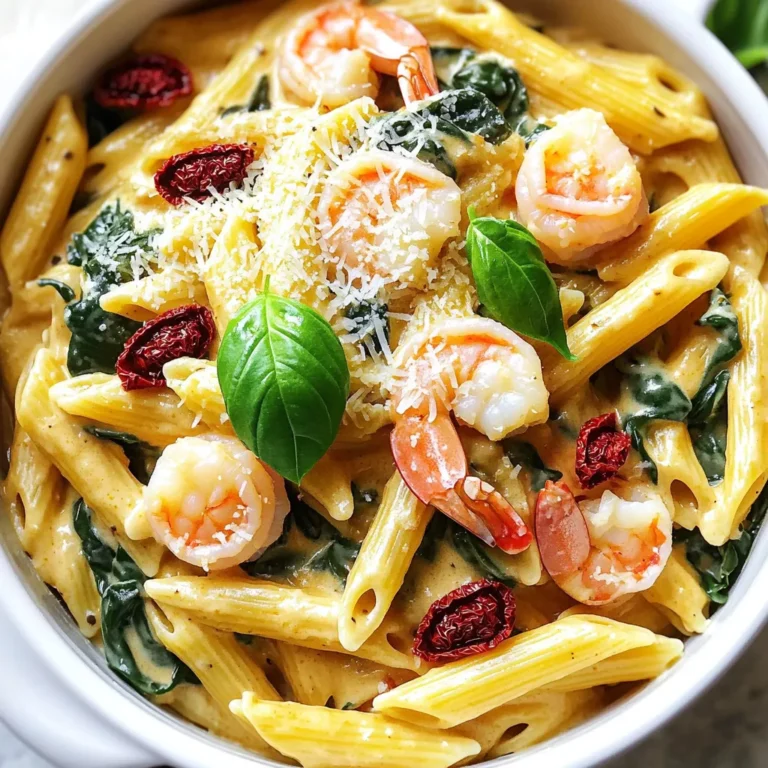 - 8 ounces pasta (penne or farfalle work well) - 1 pound shrimp, peeled and deveined - 1 cup sun-dried tomatoes in oil, drained and chopped - 3 cloves garlic, minced - 1 small onion, finely chopped - 1 cup heavy cream - 1 cup vegetable broth - 1 cup baby spinach - 1 teaspoon Italian seasoning - 1 tablespoon olive oil - Salt and pepper to taste - Grated Parmesan cheese for serving - Fresh basil leaves for garnish Pasta is the star here. I love using penne or farfalle because they hold sauce well. Shrimp adds a nice protein punch and cooks quickly. Sun-dried tomatoes bring a burst of flavor. They give depth to the dish. Garlic and onion add aroma and taste. Heavy cream makes the sauce rich and smooth. Vegetable broth adds a savory base, while baby spinach gives color and nutrients. Italian seasoning ties everything together, creating that familiar taste we love. Finally, fresh basil and Parmesan cheese top everything off for extra flavor. You will need a large pot for cooking. A wooden spoon works best for mixing. A sharp knife makes chopping easier. Use a cutting board for safety. A measuring cup will help you get the right amounts. Finally, have bowls ready for serving. This makes your meal look inviting and tasty! Start by heating 1 tablespoon of olive oil in a large pot over medium heat. Once the oil is hot, add 1 small finely chopped onion. Sauté the onion for about 3-4 minutes until it is soft and clear. Next, add 3 cloves of minced garlic to the pot. Cook the garlic for 1 minute until it gives off a nice smell. Then, stir in 1 cup of drained and chopped sun-dried tomatoes and 1 teaspoon of Italian seasoning. Mix this well so the flavors blend together. Now it’s time to add the shrimp. Place 1 pound of peeled and deveined shrimp into the pot. Cook the shrimp for about 3-4 minutes. You want them to turn pink and opaque. Once cooked, take the shrimp out and set them aside. This keeps them tender and juicy. After removing the shrimp, pour in 1 cup of vegetable broth and bring it to a gentle simmer. Add 8 ounces of pasta, either penne or farfalle, and cook it according to the package directions. Stir occasionally to avoid sticking. Once the pasta is cooked, lower the heat and mix in 1 cup of heavy cream. Stir well until the pasta is creamy and coated. Add the cooked shrimp back into the pot along with 1 cup of baby spinach. Stir until the spinach wilts. Season with salt and pepper to your taste. Let the pot sit for a couple of minutes to thicken. Serve the pasta in bowls, topped with grated Parmesan cheese and fresh basil for a beautiful finish. To make great pasta, always use a large pot. This helps the pasta cook evenly. Use plenty of water and salt for flavor. Bring the water to a full boil before adding the pasta. Stir the pasta often while it cooks. This keeps it from sticking together. Follow the package time for cooking. Taste a piece just before you drain it. It should be al dente, or firm to the bite. For a creamy sauce, heavy cream is key. Add it after the pasta is cooked. Stir it in slowly over low heat. This helps the cream blend well with the pasta. If the sauce seems too thick, add a splash of vegetable broth. Mix well until you reach your desired consistency. The sauce should coat the pasta nicely, making every bite rich and tasty. When you prepare shrimp, start with fresh or thawed shrimp. Peel and devein them to remove the shell and any grit. Pat them dry with a paper towel. This helps them sear nicely in the pot. Cook shrimp just until they turn pink, about 3 to 4 minutes. Overcooking makes shrimp tough. Set them aside while you make the sauce, then add them back in to keep them tender and juicy. {{image_2}} You can easily boost the health of your One-Pot Creamy Sun-Dried Tomato Shrimp Pasta by adding veggies. Try adding bell peppers for a sweet crunch. Zucchini slices can add nice texture and flavor. If you want greens, toss in kale or arugula along with the spinach. Just add them when you mix in the shrimp. They will cook quickly and stay bright. This method keeps your dish colorful and full of nutrients. If shrimp isn’t your thing, don’t worry! You can swap it out for chicken. Cook diced chicken breast until it’s golden brown. Then, follow the same steps for adding it to the pasta. You could also use tofu for a plant-based option. Just make sure to use firm tofu and cook it until crispy. This way, you can enjoy the creamy goodness while keeping your meal flexible. To make this pasta even tastier, try adding fresh herbs. Chopped parsley or dill can brighten the dish. You can also experiment with spices. A pinch of red pepper flakes gives it a nice kick. If you love cheese, mix in some feta or goat cheese for a tangy twist. Lastly, a squeeze of lemon juice adds a fresh, zesty finish. These tweaks can turn a good dish into an amazing one! To keep your creamy sun-dried tomato shrimp pasta fresh, let it cool first. Then, transfer it to an airtight container. It will stay good in the fridge for up to three days. Be sure to store it away from strong-smelling foods. This will help keep its rich flavor intact. When you’re ready to enjoy your leftovers, use a skillet for the best results. Heat a little olive oil over medium heat. Add the pasta and stir gently. You can also add a splash of vegetable broth or cream to revive the sauce. Stir until it's warm all the way through, about five to seven minutes. If you want to save some for later, you can freeze this dish. Place the cooled pasta in a freezer-safe container or bag. It can last for up to three months in the freezer. When you’re ready to eat, let it thaw overnight in the fridge. Then, reheat it on the stove as mentioned earlier. Yes, you can use frozen shrimp. Just be sure to thaw them first. Place the shrimp in a bowl of cold water for about 15-20 minutes. This helps them cook evenly in the dish. Frozen shrimp can save time. They are often just as tasty as fresh shrimp. Just remember to adjust cooking times. Cook them until they turn pink, just like fresh shrimp. I recommend penne or farfalle pasta. Both types hold the creamy sauce well. They also work nicely with the shrimp and sun-dried tomatoes. Other pasta shapes can work too, like fusilli or rotini. Just make sure the pasta is not too small, as it may clump together. To lighten up the dish, use half-and-half instead of heavy cream. You can also swap out the pasta for whole grain or zucchini noodles. Another option is to add more veggies like mushrooms or bell peppers. This helps cut calories while boosting flavor and nutrition. This post covered all you need to know for a great shrimp pasta. We explored each ingredient, shared cooking steps, and offered helpful tips. You can add veggies or change the protein to suit your taste. Remember to store leftovers right and reheat them well. With these ideas, you can make a dish that impresses. Enjoy creating your meal, and have fun experimenting!