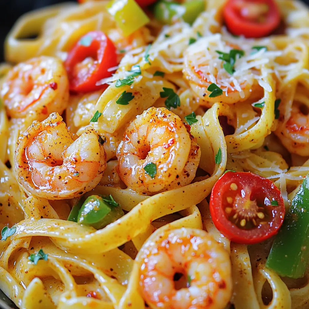 For this dish, you can choose between two pasta types: fettuccine or linguine. Both work well, and they each soak up the sauce nicely. Fettuccine has a flat shape, while linguine is a little thinner. Pick the one you like best! When it comes to shrimp, I prefer using large shrimp that are peeled and deveined. You can use fresh shrimp for the best taste, but frozen shrimp works too. Just make sure to thaw them before cooking. The vegetables and seasonings bring this dish to life. You will need: - 1 red bell pepper, sliced - 1 green bell pepper, sliced - 3 cloves garlic, minced - 2 tablespoons Cajun seasoning The bell peppers add color and crunch, while the garlic gives a nice aroma. Cajun seasoning is key for that spicy kick and deep flavor. It often includes spices like paprika, cayenne, and garlic powder. This mix makes your dish pop! Gather these ingredients, and you’re ready to create a flavorful meal! To cook perfect pasta, start with a large pot of salted water. Bring it to a boil. Add 8 oz of fettuccine or linguine. Cook according to the package instructions until al dente. This means the pasta should still have a slight bite to it. This texture keeps the pasta from becoming mushy in the sauce. Don't forget to save some pasta water! Reserve 1 cup before you drain the pasta. The starchy water helps to thicken the sauce later. Now, let’s sauté the veggies. Heat 2 tablespoons of olive oil in a large skillet over medium heat. Add the sliced red and green bell peppers. Cook them for about 4-5 minutes. You want them to become soft but not mushy. Next, stir in 3 cloves of minced garlic. Cook it for 1 minute. You’ll smell the garlic’s strong aroma! Now, toss the shrimp with 2 tablespoons of Cajun seasoning. Make sure each shrimp is coated. Add the shrimp to the skillet. Cook for 2-3 minutes on each side. The shrimp should turn pink and opaque when done. Once the shrimp are cooked, it’s time to add flavor. Pour in 1 cup of heavy cream and add 1 cup of halved cherry tomatoes. Mix everything well. Let it simmer for 3-4 minutes. This helps the flavors blend together nicely. Now, slowly stir in the drained pasta. Add a bit of the reserved pasta water too. This makes the sauce creamy and helps it stick to the pasta. Let it simmer for another minute. Season with salt and pepper to taste. When done, remove from heat. Garnish with fresh parsley and grated Parmesan cheese for a nice finish. Enjoy your spicy Cajun shrimp pasta! To make your dish pop, choose a quality Cajun seasoning. I recommend brands like Tony Chachere's or Zatarain's. You can also make your own! Mix paprika, cayenne, garlic powder, onion powder, and thyme. Want more heat? Add a pinch of cayenne or a dash of hot sauce. Start small and taste as you go. You can always add more! When sautéing, heat your olive oil over medium heat. This keeps your veggies and shrimp from burning. Cook the bell peppers until soft, about 4-5 minutes. Add garlic last to keep its flavor strong. For shrimp, watch the time. Cook them for 2-3 minutes on each side. They should be pink and opaque. Overcooking makes them tough. Garnish your pasta with fresh parsley for color. Grated Parmesan cheese adds a creamy touch. Serve with a side salad or garlic bread. A crisp green salad pairs well with the spicy pasta. Enjoy your meal! {{image_2}} You can easily change up the proteins in this dish. For instance, use chicken or sausage instead of shrimp. If you want a vegetarian twist, try using mushrooms or tofu. When it comes to cream, you can swap heavy cream for a lighter option like half-and-half or coconut cream. These choices keep the dish creamy without being too heavy. For an extra kick, add more spices like paprika or cayenne. Fresh herbs like basil or oregano can bring fresh notes to your pasta. Seasonal veggies, such as zucchini or asparagus, are great to include. They add color and nutrients. You can serve this pasta as a cold salad. Just let it chill after cooking and add a splash of lemon juice. For easier cleanup, try one-pot variations. Cook everything in the same pot, and save time on washing dishes. This makes it simple and fun to enjoy! To store leftovers, cool the pasta to room temperature first. Transfer it to an airtight container. Make sure to seal it tightly. Store it in the fridge for up to three days. This keeps it fresh and tasty. The best way to reheat is on the stove. Heat a skillet over low heat. Add a splash of water or broth to keep it moist. Stir often to avoid burning. You can also use the microwave. Cover the dish with a damp paper towel. This helps add moisture back to the pasta. Yes, you can freeze this dish! First, let it cool completely. Then, portion it into freezer bags. Remove as much air as possible before sealing. It will last up to three months in the freezer. When ready to eat, thaw it overnight in the fridge. Reheat it on the stove with a bit of cream or broth. Cajun seasoning is a mix of spices. You will often find: - Paprika - Garlic powder - Onion powder - Black pepper - White pepper - Oregano - Thyme - Cayenne pepper This blend brings a bold flavor to dishes. You can adjust it to suit your taste. Yes, you can make this pasta ahead of time. To prepare it for later: - Cook the pasta but stop just before it's fully done. - Drain it and toss it with a little olive oil to prevent sticking. - Store the pasta in an airtight container in the fridge for up to three days. When ready to eat, reheat and add the sauce. This keeps the pasta fresh and tasty. To reduce the spice in your pasta: - Use less Cajun seasoning. Start with one tablespoon instead of two. - Add a bit of sugar to balance the heat. - Use sweet bell peppers, which add flavor without heat. These tips will help you enjoy the dish without too much spice. You can definitely use whole wheat or gluten-free pasta. Here’s what to know: - Whole wheat pasta offers more fiber and has a nutty flavor. Cook it according to the package directions. - Gluten-free pasta comes in options like rice or quinoa. Cooking times may vary, so check the package. Both options work well in this dish and make it healthier. Spicy Cajun shrimp pasta is a tasty dish you can easily make at home. We covered main ingredients like pasta, shrimp, and vegetables. The step-by-step guide helps you cook everything perfectly. I shared tips to enhance the Cajun flavor and variations for different diets. Remember to store leftovers well and freeze if needed. With practice, you will master this dish and impress your friends. Enjoy making your own spicy Cajun shrimp pasta!