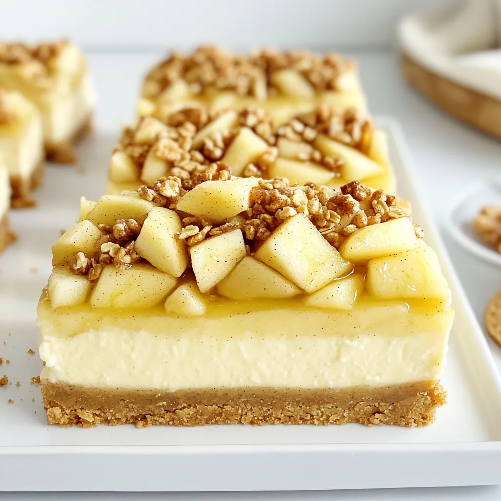 To make Apple Crisp Cheesecake Bars, gather these fresh and tasty ingredients: - 2 cups graham cracker crumbs - 1/2 cup unsalted butter, melted - 1/4 cup granulated sugar - 1 teaspoon ground cinnamon - 2 (8 oz) packages cream cheese, softened - 1 cup powdered sugar - 2 large eggs - 1 teaspoon vanilla extract - 3 cups peeled and diced apples (about 3 medium apples) - 1/2 cup brown sugar - 1 teaspoon ground cinnamon - 1 cup rolled oats - 1/2 cup all-purpose flour - 1/4 cup chopped walnuts (optional) - 1/4 teaspoon salt Each ingredient plays a key role in the taste and texture of these bars. The graham cracker crumbs create a crunchy base. The butter adds richness, while sugar sweetens the mix. Cream cheese gives a creamy filling that pairs well with apples. The apples bring a sweet and tart flavor. Brown sugar and cinnamon enhance the apple filling, making it warm and inviting. The oats add a delightful crunch on top. If you want a nutty touch, add walnuts for extra flavor. Make sure to measure everything accurately. Fresh, quality ingredients will make your bars stand out. Enjoy gathering your ingredients and get ready to create something delicious! Preheating the Oven First, you need to preheat your oven to 350°F (175°C). This step is key for even baking. While the oven heats up, you can prepare your baking dish. Making the Crust In a bowl, mix 2 cups of graham cracker crumbs, 1/2 cup of melted butter, 1/4 cup of granulated sugar, and 1 teaspoon of ground cinnamon. Stir it all together until it blends well. Press this mixture firmly into the bottom of your prepared 9x13 inch baking dish. Baking the Crust Now, bake the crust in the oven for about 10 minutes. You want it to be lightly golden. After it bakes, take it out and let it cool a bit. Mixing Cream Cheese and Sugar In a clean mixing bowl, beat together 2 (8 oz) packages of softened cream cheese and 1 cup of powdered sugar. Mix until the cream cheese is smooth and creamy. Adding Eggs and Vanilla Next, add in 2 large eggs, one at a time. Mix well after each egg. Finally, stir in 1 teaspoon of vanilla extract until everything is well combined. Pouring Cheesecake Mixture Spread the cream cheese mixture over your cooled crust. Use a spatula to smooth it out evenly. Preparing Apple Filling In another bowl, combine 3 cups of peeled and diced apples, 1/2 cup of brown sugar, 1 teaspoon of ground cinnamon, 1 cup of rolled oats, 1/2 cup of all-purpose flour, and 1/4 teaspoon of salt. If you like, you can add 1/4 cup of chopped walnuts too. Toss it all until the apples are nicely coated. Layering Apples Spoon the apple mixture over the cheesecake layer. Spread it well to make sure each bite gets some apples. Final Baking and Cooling Put the dish back in the oven and bake for 30 to 35 minutes. You want the apples to be tender and the cheesecake to be set. After baking, let it cool completely in the pan. Once cool, use the parchment paper to lift the bars out. Slice them into squares and enjoy! Ensuring a Smooth Cheesecake Mixture To get a smooth cheesecake mixture, use softened cream cheese. If the cream cheese is cold, it may clump. Beat it well with powdered sugar until creamy. Add eggs one at a time. Mix after each egg until smooth. This step is key to a great texture. Correct Baking Time for Apples For the apples, bake them for 30–35 minutes until tender. Keep an eye on them. Overbaking can make them mushy. You want soft apples that still hold their shape. This will give you the best bite. Serving options with Ice Cream These bars are great on their own, but they shine with ice cream. A scoop of vanilla ice cream adds creaminess. You can also use caramel or cinnamon ice cream for extra flavor. Garnishing ideas For garnish, try a sprinkle of chopped walnuts. They add crunch and flavor. Drizzling caramel sauce on top creates a nice touch too. You can also sprinkle some extra cinnamon for a warm feel. Dairy-free options for cream cheese If you need a dairy-free option, look for vegan cream cheese. Many brands offer a good taste and texture. This way, everyone can enjoy these delicious bars. Alternative sweeteners For those watching sugar intake, use alternatives. You can try stevia or monk fruit sweetener. Start with less than the recipe calls for, then adjust to taste. This keeps the bars sweet without added sugar. {{image_2}} You can easily change the taste of your Apple Crisp Cheesecake Bars. Adding spices like nutmeg or cloves gives them a warm, cozy flavor. Just a pinch can make a big difference. You might also try drizzling caramel sauce on top. This adds a sweet, rich layer to your bars. The combination of apple, cream cheese, and caramel is simply divine. If you need dietary changes, don’t worry! You can make these bars gluten-free. Swap regular flour for almond or oat flour. Ensure your oats are certified gluten-free too. For a vegan version, use plant-based cream cheese and flax eggs instead of chicken eggs. These options keep the bars just as tasty while catering to your needs. Seasonal fruits can also spice up your recipe. Try using pears or berries in place of apples. Each fruit adds its own unique flavor. For holiday fun, add spices like ginger or cinnamon during the fall. You can even use cranberries for a tart twist during winter. These adaptations make the bars fun and fitting for any season! To store your Apple Crisp Cheesecake Bars in the fridge, first, let them cool completely. Place them in an airtight container. You can also cover them with plastic wrap. This keeps the bars fresh and tasty. If you want to keep them longer, you can freeze them. Cut the bars into squares. Wrap each piece in plastic wrap, then place them in a freezer-safe bag. This helps to prevent freezer burn. For thawing, take a bar out and let it sit in the fridge overnight. This way, it stays soft and delicious. In the fridge, these bars last about five days. If you freeze them, they can stay good for up to three months. Always check for any signs of spoilage before serving. Keep the bars covered to extend their shelf life and maintain freshness. Apple Crisp Cheesecake Bars blend creamy cheesecake with sweet apples and a crunchy topping. You get rich cheesecake flavors along with warm spices. The graham cracker crust adds a buttery base. The apple topping creates a nice contrast in texture. Each bite is smooth, crunchy, and filled with apple goodness. Yes, you can make these bars ahead of time. Prepare the bars and let them cool completely. Then cover them with plastic wrap or foil. Store them in the fridge for up to three days. You can also freeze them for longer storage. Just thaw them overnight in the fridge before serving. The best apples for baking are Granny Smith, Honeycrisp, or Fuji. Granny Smith apples add tartness, balancing the sweetness. Honeycrisp apples provide a juicy texture. Fuji apples are sweet and firm, perfect for baking. Mix different types for more flavor. You can serve these bars plain or with a scoop of vanilla ice cream. Ice cream adds a nice creaminess to the dish. For fun, top with whipped cream or caramel sauce. Chopped nuts or a sprinkle of cinnamon can also enhance the flavor. Making Apple Crisp Cheesecake Bars is fun and easy. You learned about key ingredients, like cream cheese and apples, and followed simple steps to bake the perfect dessert. We discussed tips for smooth filling and the best way to store your bars. You can try variations, like using different fruits or toppings, to make it your own. With these tips, you're ready to impress friends and family. Enjoy baking and sharing your delicious creations!