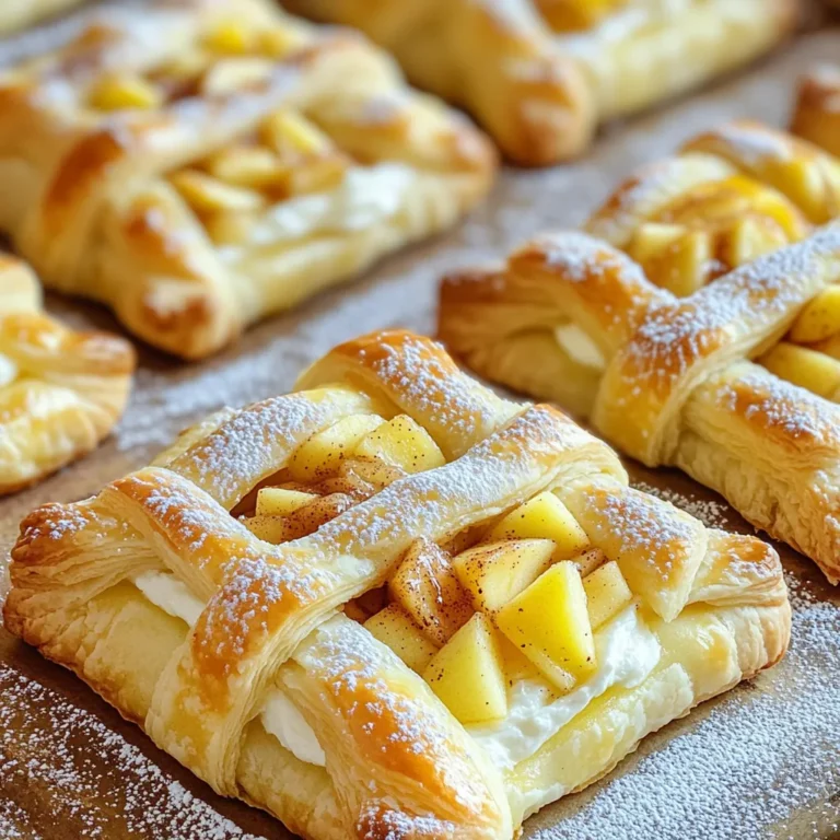 To make your Apple Cinnamon Cream Cheese Danish, gather these key ingredients: - 1 sheet puff pastry, thawed - 1 apple, peeled, cored, and diced - 1 teaspoon cinnamon - 2 tablespoons brown sugar - 4 oz cream cheese, softened - 2 tablespoons granulated sugar - 1 egg, beaten (for egg wash) - 1 tablespoon milk (for egg wash) You can add some fun twists to your Danish with these optional ingredients: - Powdered sugar for dusting - Chopped nuts for crunch - Vanilla extract for more flavor - Sliced almonds for garnish Having the right tools makes cooking easier and more fun. Here are some to have ready: - Baking sheet - Parchment paper - Small bowls for mixing - Rolling pin for pastry - Pastry brush for egg wash - Knife for cutting These ingredients and tools set you up for a delightful baking experience. Enjoy the process as you create these tasty treats! Start by peeling, coring, and dicing one apple. It’s best to use a crisp apple like Granny Smith. In a small bowl, mix the diced apple with one teaspoon of cinnamon and two tablespoons of brown sugar. Stir well to coat the apple pieces. Let this sit for a few minutes. This allows the flavors to blend and the apples to soften slightly. In another bowl, take four ounces of softened cream cheese. Add two tablespoons of granulated sugar. Use a fork or mixer to blend them until smooth. The mixture should be creamy with no lumps. Set this aside for later. This mix adds a rich and tangy layer to your danish. Next, unfold one sheet of thawed puff pastry on a lightly floured surface. Gently roll it out to smooth any creases. Cut the pastry into four equal squares. For each square, cut a smaller square about half an inch from the edge. Be careful not to cut all the way through; this creates a border. Spread about one tablespoon of the cream cheese mixture inside the border of each square. Spoon the apple filling on top of the cream cheese, spreading it evenly. Brush the edges with an egg wash made from one beaten egg mixed with one tablespoon of milk. This gives a beautiful golden color while baking. Place the assembled danishes on a lined baking sheet. Bake them in a preheated oven at 400°F (200°C) for 15 to 20 minutes. They are ready when they puff and turn golden brown. Once baked, let them cool slightly. If you like, dust with powdered sugar before serving. Enjoy your delicious Apple Cinnamon Cream Cheese Danish! To get the best puff pastry, keep it cold. Use chilled ingredients and work fast. Roll the dough gently to keep the layers intact. When you bake, the heat makes the layers puff up. This gives a light and flaky texture. Always line your baking sheet with parchment paper. This prevents sticking and makes cleanup easy. One common mistake is overworking the pastry. This makes it tough instead of flaky. Another mistake is using warm ingredients. Always keep the cream cheese and butter cool. Make sure to cut the inner square carefully. If you cut too deep, the filling will leak out. Lastly, don’t skip the egg wash. It gives the Danish a beautiful golden color. These Danishes are perfect for breakfast or dessert. Serve them warm with a cup of coffee or tea. You can also pair them with vanilla ice cream for a treat. For a fun twist, add a dollop of whipped cream on top. Enjoy them fresh or dusted with powdered sugar for extra sweetness. {{image_2}} You can switch apples for other fruits. Pears, berries, or peaches work well. Each fruit adds its own flavor. Just remember to adjust the sugar based on sweetness. For example, berries might need less sugar. Diced fruit keeps the filling juicy and tasty. You can also change the cream cheese flavor. Try adding vanilla or lemon zest for a twist. A hint of almond extract gives a nice touch too. You can even mix in some chocolate chips. These small tweaks can change the whole taste of your Danish. If you need a gluten-free option, look for gluten-free puff pastry. Many brands make this now. Just check the package for baking times. It’s essential to follow the instructions closely. This way, you’ll still enjoy a flaky Danish without gluten. To keep your Apple Cinnamon Cream Cheese Danish fresh, place any leftovers in an airtight container. Store them in the fridge for up to three days. This will help maintain the taste and texture. Avoid leaving them out at room temperature for too long as they may spoil. When you're ready to enjoy a leftover Danish, preheat your oven to 350°F (175°C). Place the Danish on a baking sheet lined with parchment paper. Heat for about 10-15 minutes. This method ensures the pastry stays flaky and the filling warms up nicely. You can also use a microwave, but the pastry may become soft. If you want to save some for later, freezing is a great option. Allow the Danish to cool completely. Wrap each one in plastic wrap and then in aluminum foil. This will keep them safe from freezer burn. You can freeze them for up to three months. To enjoy, thaw them in the fridge overnight and reheat as mentioned before. Yes, you can make the dough from scratch. It takes time and skill. Puff pastry needs to be rolled and folded many times. This creates layers for a flaky texture. If you're short on time, store-bought puff pastry works well. It saves time and still tastes great. You will know the Danish is done when it is golden brown. The puff pastry should look puffy and flaky. You can also check if it feels firm when touched. If it's still soft or pale, give it a few more minutes. Always trust your eyes and touch. Absolutely! You can prepare the filling ahead of time. Just store the apple mixture and cream cheese blend in the fridge. This saves time when you're ready to bake. Just remember to let it warm up a little before using. Cold filling can make the dough tough. You learned how to make a delicious Danish with clear steps and useful tips. We covered the ingredients, from must-haves to fun variations. You now know how to prepare the apple filling and mix the cream cheese. Remember to avoid common mistakes and explore alternative fruit options. Feel confident to store and reheat your leftovers for later enjoyment. Now it's time for you to create your own tasty Danish treat! Enjoy the journey and impress your friends and family.