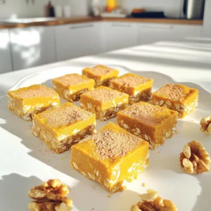 - 1 cup rolled oats - 1/2 cup pumpkin puree - 1/4 cup almond butter (or any nut butter) - 1/4 cup honey or maple syrup - 1 scoop vanilla protein powder These main ingredients give the bars their base. Rolled oats provide good fiber. Pumpkin puree adds moisture and flavor. Almond butter gives healthy fats and protein. Honey or maple syrup adds natural sweetness. Finally, the vanilla protein powder boosts the protein content and adds a tasty hint of vanilla. - 1 teaspoon pumpkin spice - 1/2 teaspoon cinnamon - Pinch of salt The spices are key to the fall flavor. Pumpkin spice gives that classic taste we love. Cinnamon adds warmth and depth. A pinch of salt enhances all the flavors. Together, they make these bars truly special. - 1/4 cup chopped walnuts - 1/4 cup chopped pecans These add-ins bring extra texture and nutrition. Walnuts offer omega-3 fatty acids, while pecans add a buttery crunch. You can mix and match or use both. They also give a nice look when you serve the bars. Enjoy experimenting with these options! To start, grab a large mixing bowl. Add 1 cup of rolled oats, 1/2 cup of pumpkin puree, 1/4 cup of almond butter, and 1/4 cup of honey or maple syrup. Use a spatula to stir until the mixture is smooth and well combined. This step is key, as it sets the stage for your delicious bars. Next, add 1 scoop of vanilla protein powder, 1 teaspoon of pumpkin spice, 1/2 teaspoon of cinnamon, and a pinch of salt. Mix thoroughly to ensure the flavors blend well. I like to use a folding technique; it helps keep the mixture light. If you want a bit of crunch, fold in 1/4 cup of chopped walnuts or pecans at this point. Now, take an 8x8 inch baking dish and line it with parchment paper. This makes it easier to remove the bars later. Transfer your mixture into the dish. Use the back of a spatula to press the mixture evenly down. This step helps the bars hold their shape. Place the dish in the fridge for at least 1 hour. The bars need this time to firm up. After they set, remove them from the dish. Use a sharp knife to cut them into bars of your choice. For clean cuts, press down gently without sawing back and forth. Enjoy your easy and healthy treat! Mixing your ingredients well is key. It helps combine all flavors. If you skip this, the bars may taste uneven. For the nut butter, I recommend almond butter. It adds creaminess and a nice nutty flavor. If you prefer, peanut butter works great too. Just ensure it’s smooth for the best texture. To make your bars look great, garnish them. A sprinkle of pumpkin spice on top adds charm. You can place walnut halves on each bar for a nice touch. If you want to give them as gifts, wrap them in clear cellophane. Tie with a ribbon for a fun presentation. Store your bars in an airtight container. This keeps them fresh and tasty. They last about one week in the fridge. If you want to prepare them ahead, make a double batch. You can enjoy them longer or share with friends! {{image_2}} You can easily change the flavor of your bars. For different nut butters, try cashew or peanut butter. Each brings its own taste and texture. You can also use sunflower seed butter for a nut-free option. Protein powder flavors can add fun twists. Try chocolate or cinnamon protein powder. Both will enhance the taste and keep your bars exciting. Adding dried fruits can give your bars extra sweetness. Consider raisins, cranberries, or chopped dates. They mix well and boost nutrients. For a crunch, toss in seeds like pumpkin or sunflower seeds. They add a nice texture and are healthy too. Want vegan bars? Swap honey for maple syrup. Use a plant-based protein powder for a complete vegan treat. For gluten-free options, ensure oats are certified gluten-free. This way, everyone can enjoy these tasty bars! Store your no-bake pumpkin spice protein bars in airtight containers. This keeps them fresh and tasty. If stored well, the bars last about one week in the fridge. You can also wrap them in parchment paper for extra protection. For longer storage, freeze the protein bars. Cut them into pieces first. Then, place them in a single layer on a baking sheet. This helps them freeze without sticking together. After a few hours, transfer the bars to a freezer-safe bag or container. They can last up to three months in the freezer. When you want to eat them, take out a bar and let it thaw at room temperature for about 30 minutes. Check your protein bars for signs of spoilage. If they smell off or have a strange texture, it’s best to toss them. Also, look for mold or discoloration. If you see any, don’t eat them. Fresh bars should have a sweet, pumpkin scent. Yes, you can substitute some ingredients. Use different nut butters like peanut or cashew. For sweeteners, you can switch honey with agave or maple syrup. Each change will alter the flavor a bit, but they will still taste great. These bars can last up to one week in the fridge. Keep them in an airtight container for best freshness. If you want them to last longer, try freezing them. They will stay good for about three months in the freezer. Yes, these bars are healthy! They are packed with protein, fiber, and healthy fats. Rolled oats provide energy, while pumpkin adds vitamins. The almond butter gives you healthy fats that keep you full longer. You can use quick oats, but the texture will change. Quick oats make the bars softer and chewier. Rolled oats give a heartier bite. If you prefer a softer bar, quick oats work just fine. To cut the bars cleanly, use a sharp knife. First, chill the bars well before cutting. You can also use a warm knife; just dip it in hot water. This way, the bars won’t crumble as much when you cut them. You can create tasty and healthy no-bake protein bars with simple steps. We covered the main ingredients, like oats and pumpkin puree, alongside flavor enhancers like pumpkin spice. I shared mixing tricks and tips for perfect texture. Feel free to experiment with different add-ins and substitutes. Follow storage tips to keep your bars fresh, and always check for spoilage. With this guide, you can enjoy homemade snacks that fit your needs. Dive in and enjoy a boost of flavor and nutrition!