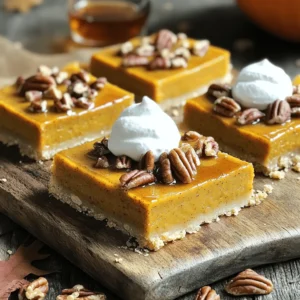 - 1 cup all-purpose flour - 1/2 cup rolled oats - 1/2 teaspoon baking powder - 1/2 teaspoon baking soda - 1/4 teaspoon salt - 1/2 cup unsalted butter, melted - 1/3 cup brown sugar, packed - 1/4 cup maple syrup - 1 cup pumpkin puree - 2 large eggs - 1 teaspoon vanilla extract - 1 teaspoon ground cinnamon - 1/2 teaspoon ground nutmeg - 1/4 teaspoon ground ginger - 1 cup pecans, chopped - Whipped cream (for serving) Each ingredient plays a key role in creating the perfect Warm Maple Pecan Pumpkin Pie Bars. The all-purpose flour and rolled oats make a sturdy base. Baking powder and baking soda help the crust rise. The unsalted butter binds everything together, giving a rich taste. Brown sugar and maple syrup add sweetness and depth. Pumpkin puree is the star ingredient, providing flavor and moisture. Eggs help to set the filling. Vanilla extract adds a warm aroma. The spices—cinnamon, nutmeg, and ginger—bring warmth and complexity. Chopped pecans give crunch and nuttiness. Lastly, whipped cream is the perfect topping for serving. These ingredients combine to create delicious bars that warm the heart and soul. First, you need to preheat your oven to 350°F (175°C). This step is key to getting the right texture for your bars. While the oven heats, grease an 8x8-inch baking dish. Alternatively, you can line it with parchment paper for easy removal. Next, let's prepare the crust. In a medium bowl, mix together these dry ingredients: - 1 cup all-purpose flour - 1/2 cup rolled oats - 1/2 teaspoon baking powder - 1/2 teaspoon baking soda - 1/4 teaspoon salt In another bowl, whisk these wet ingredients until smooth: - 1/2 cup unsalted butter, melted - 1/3 cup brown sugar, packed - 1/4 cup maple syrup Gradually add the dry mix to the wet mix. Stir until you form a crumbly dough. Now, press this dough evenly into the bottom of your prepared baking dish. For the filling, grab a large mixing bowl. Combine these ingredients: - 1 cup pumpkin puree - 2 large eggs - 1 teaspoon vanilla extract - 1 teaspoon ground cinnamon - 1/2 teaspoon ground nutmeg - 1/4 teaspoon ground ginger Stir until this mixture is smooth. Now fold in 1 cup chopped pecans. This adds great texture and flavor. Pour this filling evenly over the crust, spreading it gently. Now it's time to bake. Place the dish in the oven and bake for 30-35 minutes. The filling should be set. To check for doneness, insert a toothpick in the center. If it comes out clean, your bars are ready. Let them cool in the dish for about 15 minutes before cutting. Enjoy your warm maple pecan pumpkin pie bars! - If you need to avoid gluten, use gluten-free flour. Almond flour also works well. - For dairy-free options, try coconut oil instead of butter. Maple syrup is a great sweetener for all. - Achieve a perfect crust by pressing it firmly. It should be even and compact. - Ensure your filling is smooth by mixing well. Blend all ingredients until no lumps remain. - For an enticing look, top bars with extra pecans and a light syrup drizzle. - Serve on a rustic wooden board for a warm, homey feel. A dollop of whipped cream adds charm and flavor. {{image_2}} You can easily change the flavor of your Warm Maple Pecan Pumpkin Pie Bars. Here are some fun ideas: - Adding chocolate or caramel: Drizzle melted chocolate or caramel on top before serving. This gives a rich, sweet layer that pairs well with the pumpkin. You can also fold chocolate chips into the filling for a treat. - Incorporating different nuts: Swap pecans for walnuts or almonds. Chopped hazelnuts can add a unique twist, too. Each nut brings its own flavor and crunch. There are many ways to make these bars fit different diets. - Vegan adaptations for pumpkin pie bars: Use flax eggs instead of regular eggs. Mix one tablespoon of flaxseed meal with three tablespoons of water for each egg. Replace the butter with coconut oil for a dairy-free option. - Low-sugar or sugar-free options: Use a sugar substitute like stevia or erythritol. This will lower the sugar content without losing flavor. You can also reduce the maple syrup for a lighter version. Seasonal touches can make these bars even better. - Holiday spices to enhance flavor: Try adding cloves or allspice for a warm, festive taste. These spices can boost the cozy flavors that everyone loves in fall. - Using fresh pumpkin vs. canned puree: Fresh pumpkin can offer a brighter taste. If you choose fresh, roast and puree it for the best results. Canned pumpkin is a great time-saver but make sure it is pure pumpkin and not pumpkin pie filling. To keep your Warm Maple Pecan Pumpkin Pie Bars fresh, use these simple steps: - Refrigeration: Place the bars in an airtight container. They will stay good in the fridge for up to five days. - Freezing: If you want to save some for later, wrap the bars tightly in plastic wrap. Then, put them in a freezer bag. They can last up to three months in the freezer. When you’re ready to enjoy your leftover bars, follow these tips: - Oven Method: Preheat your oven to 350°F (175°C). Place the bars on a baking tray and cover them with foil. Heat for about 10-15 minutes. This method keeps the bars soft. - Microwave Method: For a quick fix, place one bar on a microwave-safe plate. Heat for about 15-20 seconds. This will warm it up without drying it out. These steps will help you enjoy your delicious bars just as much as the first time! The bars last about five days in the fridge. Store them in an airtight container. This keeps them fresh and moist. If you want them to last longer, you can freeze them. Yes, you can use fresh pumpkin. Just cook and puree it first. Make sure it is smooth and not watery. Fresh pumpkin adds a lovely taste and texture. You can make these bars a day or two ahead. Just store them in the fridge until you are ready to serve. They taste great even after sitting for a bit. Serve the bars warm with a dollop of whipped cream. You can also drizzle some maple syrup on top. For a fancy touch, add extra chopped pecans as a garnish. Yes, you can use walnuts or almonds instead of pecans. Both options work well with the pumpkin filling. Just chop them up and fold them in like you would with pecans. In this blog post, we explored how to make delicious pumpkin pie bars. We covered the key ingredients like pumpkin puree, spices, and nuts. I shared step-by-step instructions for crust and filling. You learned tips for perfecting the recipe and variations to try. Lastly, we discussed storage methods and answered common questions. These pumpkin pie bars are easy to make and great for any occasion. Enjoy your baking!