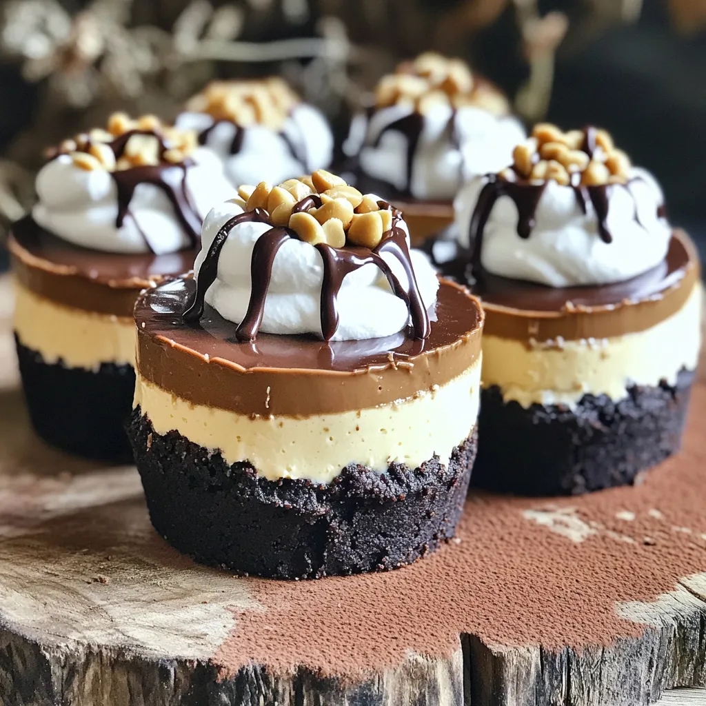 To make these delightful chocolate peanut butter cheesecake cups, you will need these ingredients: - 1 cup chocolate cookie crumbs - 4 tablespoons unsalted butter, melted - 8 oz cream cheese, softened - 1/2 cup creamy peanut butter - 1/2 cup powdered sugar - 1 teaspoon vanilla extract - 1 cup whipped cream (store-bought or homemade) - 1/2 cup chocolate chips, for topping - 1/4 cup crushed peanuts, for garnish Choosing the right ingredients is key to great flavors. Here are my top tips: - Chocolate cookie crumbs: Use high-quality cookies for a richer taste. Look for cookies that are crunchy and not too sweet. - Unsalted butter: This lets you control the salt in the recipe. - Cream cheese: Always use full-fat cream cheese for a rich, creamy texture. Make sure it’s softened for easy mixing. - Creamy peanut butter: Choose a brand with no added sugar for a pure peanut flavor. - Powdered sugar: This adds sweetness and helps the filling stay smooth. - Whipped cream: You can make it fresh or use store-bought. Fresh whipped cream gives a lighter texture. - Chocolate chips: Use semi-sweet chips for a nice balance with the sweetness of the filling. - Crushed peanuts: Use fresh peanuts for the best crunch and flavor. Need to make some swaps? Here are some great substitutes: - Chocolate cookie crumbs: You can use graham cracker crumbs or Oreo crumbs if you like. - Cream cheese: For a lighter option, try using Greek yogurt. It will change the flavor slightly but still taste yummy. - Creamy peanut butter: You can use crunchy peanut butter for added texture. - Powdered sugar: If you need less sweetness, use less powdered sugar or try a sugar substitute. - Whipped cream: You can use whipped topping instead if you prefer. - Chocolate chips: Dark chocolate chips or white chocolate can change the flavor profile nicely. - Crushed peanuts: Try pecans or walnuts for a different nutty flavor. To start, grab a medium bowl. Add 1 cup of chocolate cookie crumbs and 4 tablespoons of melted butter. Mix them together until the crumbs are fully coated. This step is key for a tasty crust. Next, take a tablespoon and press the crumb mixture into the bottom of 12 small cups or muffin liners. Make sure the base is compact and even. This helps hold the filling later. Place the cups in the fridge to set while you prepare the filling. In a large mixing bowl, beat 8 oz of softened cream cheese with an electric mixer. Mix until it is smooth. Next, add 1/2 cup of creamy peanut butter, 1/2 cup of powdered sugar, and 1 teaspoon of vanilla extract. Blend these ingredients until they are fully combined and creamy. This mixture will create a rich flavor. Now, gently fold in 1 cup of whipped cream. Be careful not to deflate the mixture. You want a light and fluffy filling. Once your filling is ready, it’s time to fill the cups. Spoon the peanut butter cheesecake mixture over the chilled cookie crusts. Use a spatula to smooth the tops. Make sure each cup has the same amount. After filling, cover the cups with plastic wrap. Refrigerate them for at least 4 hours, or until set. This step is important for the perfect texture. Just before serving, melt 1/2 cup of chocolate chips. Drizzle the chocolate over each cheesecake cup and sprinkle crushed peanuts for a nice crunch. When making Chocolate Peanut Butter Cheesecake Cups, avoid overmixing the cream cheese. This can make it too soft. Also, don’t skip chilling the crust. It needs time to set. Lastly, be careful with the whipped cream. Gently fold it in to keep the light texture. To get a creamy filling, use softened cream cheese. Beat it well until smooth. Mix in the peanut butter next, ensuring there are no lumps. When adding whipped cream, fold slowly. This keeps air in the mixture, making it light and fluffy. Chill the cups long enough for them to firm up nicely. For a stunning display, use a decorative platter. Drizzle melted chocolate over the cups right before serving. Top with crushed peanuts for crunch. You can also sprinkle cocoa powder around the cups. This adds a touch of elegance and makes them look gourmet. Enjoy serving these delightful treats! {{image_2}} You can easily change the flavors in these cheesecake cups. Try using different cookie crumbs for the crust. Instead of chocolate, use vanilla or graham cracker crumbs. You can also mix in some chocolate or caramel sauce with the peanut butter. A splash of coffee or espresso can enhance the taste too. For a fruity twist, add pureed strawberries or raspberries into the filling. These small changes can make a big difference. Making these cheesecake cups gluten-free is simple. Use gluten-free chocolate cookies for the crust. For a vegan version, swap cream cheese for a dairy-free alternative. You can use coconut cream or a nut-based cheese. Replace the butter with coconut oil and use maple syrup instead of powdered sugar. These options allow everyone to enjoy this dessert. Toppings can change how your cheesecake cups taste. If you love chocolate, use dark chocolate chips or chocolate shavings. For a nutty flavor, add chopped walnuts or almonds on top. If you want a pop of color, fresh berries work great. You can also sprinkle sea salt on top for a sweet and salty mix. Each topping offers a new taste experience. To keep your Chocolate Peanut Butter Cheesecake Cups fresh, store them in the fridge. Use an airtight container to avoid any odors from other foods. If you have extra cups, stack them with parchment paper between layers to prevent sticking. When stored properly, these cheesecake cups last about five days in the fridge. Be sure to check for any changes in smell or texture before serving. If they look and smell good, they should be just fine. If you want to save some for later, you can freeze them. Place the cups in a single layer on a baking sheet to freeze them first. Once frozen, transfer them to an airtight container or freezer bag. They can stay in the freezer for up to three months. When you're ready to eat them, let them thaw in the fridge overnight. Enjoy your sweet treat! Yes, you can switch up the cookies. Try graham crackers, Oreos, or vanilla wafers. Each type gives a different flavor. Just crush them the same way as chocolate cookies. To soften cream cheese, take it out of the fridge. Let it sit for 30 minutes at room temp. You can also microwave it for 10 seconds. Just don’t melt it. You can make these cups a day ahead. After you fill the cups, cover them and chill. They will taste even better after sitting overnight. Just add toppings right before serving. To reduce the sweetness, cut back on the powdered sugar. You can also use dark chocolate chips instead of milk chocolate. This gives a nice balance to the flavors. This blog post covers everything you need to know to make great cheesecake cups. We explored the best ingredients and how to choose them wisely. I provided detailed steps for making the crust and filling. You learned tips to avoid mistakes and how to serve beautifully. In summary, these cheesecake cups are easy to customize, so get creative! With the right storage, you can enjoy them longer. Get ready to impress your friends and family with your delicious creations.