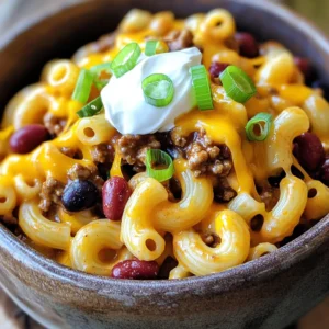 - 2 cups elbow macaroni - 1 lb ground beef or turkey - 1 can (15 oz) kidney beans, drained and rinsed - 1 can (15 oz) black beans, drained and rinsed - 1 tablespoon chili powder - 1 teaspoon cumin - 1 teaspoon garlic powder - 1 teaspoon onion powder - 1 can (14.5 oz) diced tomatoes - 1 can (15 oz) tomato sauce - 2 cups beef broth - Green onions - Sour cream - Jalapeños When I make Loaded Chili Mac and Cheese in my slow cooker, I start with the main ingredients. Elbow macaroni is the base. I use one pound of ground beef or turkey for good protein. Kidney beans and black beans add fiber and texture. These beans make the dish filling and hearty. Next, I focus on the seasonings and liquids. Chili powder gives it a warm kick. Cumin adds a nice depth of flavor. Garlic powder and onion powder bring in savory notes. Then, I add diced tomatoes and tomato sauce for moisture and sweetness. Beef broth makes everything rich and flavorful. Lastly, I think about the optional toppings. Green onions give a fresh crunch. A dollop of sour cream adds creaminess. Jalapeños can spice things up if you like heat. These toppings let you customize each bowl. Start by browning the ground beef or turkey. Heat a skillet to medium. Add the meat and cook until it's brown. This step gives your chili mac great flavor. Once it’s done, drain any extra fat. Now, transfer the cooked meat to your slow cooker. Next, it’s time to add the fun part! In the slow cooker, put in the elbow macaroni, kidney beans, and black beans. Don’t forget the diced tomatoes and tomato sauce; they add moisture and taste. Pour in the beef broth to keep everything nice and juicy. Now, let's season the mixture. Add chili powder, cumin, garlic powder, onion powder, salt, and pepper. Stir everything well until it's mixed. Cover your slow cooker and set it to low for 3-4 hours or high for 2-3 hours. Your macaroni should be nice and tender when it’s done. In the last 30 minutes of cooking, stir in the shredded cheddar cheese. This makes it creamy and cheesy. Once it melts, taste your chili mac and adjust the seasonings. If you want more flavor, add extra salt, pepper, or chili powder. Choosing the best cheese makes a big difference. I love using sharp cheddar for that rich flavor. It melts well and adds a nice bite. You can also mix in some Monterey Jack for extra creaminess. If you want meat alternatives, try ground turkey or lentils. Ground turkey is lean and still has great flavor. Lentils add a nice texture and soak up the spices well. To keep the pasta from overcooking, add it later in the process. If you add it too soon, it can become mushy. I suggest adding elbow macaroni in the last hour of cooking. For perfect cheese consistency, add cheese at the end. Stir it in when there’s only 30 minutes left. This keeps it creamy and smooth without clumping. Pair your chili mac with a fresh salad. A simple green salad with vinaigrette works well. You can also serve it with cornbread for a hearty meal. For presentation, serve in deep bowls. Top with green onions, sour cream, or jalapeños. This adds color and flavor. It makes your dish look even more inviting. {{image_2}} You can easily make a vegetarian version of Loaded Chili Mac and Cheese. Swap the ground beef or turkey for plant-based meat. Options like lentils, chickpeas, or a mix of your favorite veggies work great. Use the same spices for flavor. You can even add mushrooms for a hearty texture. This way, you keep the dish rich and filling without the meat. To change the spice level, adjust the chili powder. If you like it mild, use less chili powder. Try starting with half a tablespoon. For a spicy kick, add more chili powder. You can also include fresh jalapeños or hot sauce for extra heat. Always taste as you go to find your perfect spice level. Get creative by adding more ingredients. You can mix in veggies like bell peppers, corn, or spinach. These add color and nutrition. For extra protein, consider adding tofu or tempeh. You can also use different beans, like pinto or black-eyed peas. The more you add, the more flavors you build. Just remember to keep the balance so everything cooks nicely together. To store your Loaded Chili Mac and Cheese, let it cool first. Place it in an airtight container. Make sure to cool it to room temperature before sealing. This helps keep moisture inside. You can store it in the fridge for up to three days. When reheating, the best method is to use the stove. Place it in a pot over low heat. Stir it often to keep it from sticking. If it looks dry, add a splash of beef broth or water. This will help bring back the creamy texture. For freezing, let your chili mac cool completely. Use a freezer-safe container or bag. Leave some space at the top as it may expand. It can last in the freezer for up to three months. When ready to eat, thaw it overnight in the fridge. Then reheat it on the stove or in the microwave. Yes, you can use whole wheat macaroni. It adds fiber and makes the dish healthier. Whole wheat pasta has a nutty flavor. It pairs well with the chili and cheese. Just cook it a little less time than regular pasta. This way, it won’t get mushy in the slow cooker. To make this recipe gluten-free, swap the elbow macaroni for gluten-free pasta. Many brands offer great options. Check the labels to ensure they are gluten-free. You can also use gluten-free beans and tomato products. This way, you keep the rich flavor without gluten. Chili Mac and Cheese pairs well with many sides. A simple green salad adds freshness. You can also serve it with garlic bread for a hearty meal. Cornbread is another tasty option. Try topping with sliced jalapeños or green onions for extra flavor. This blog post covered a tasty chili mac and cheese recipe. We discussed key ingredients like macaroni, ground meat, and beans. I shared step-by-step instructions to help you create it perfectly. You learned tips for choosing ingredients and serving suggestions. Plus, I included variations for spice levels and vegetarian options. In closing, this dish is simple and fun to make. Enjoy experimenting with flavors and toppings. Happy cooking!