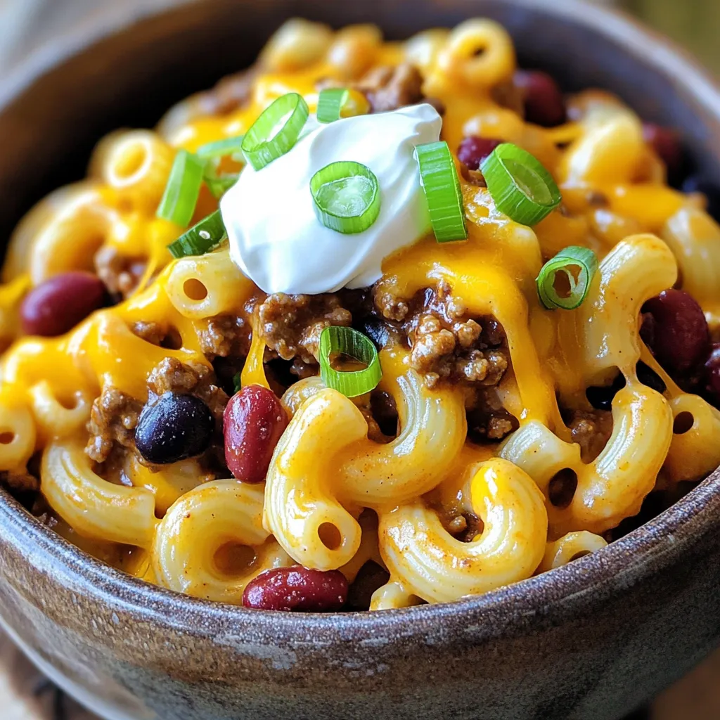 - 2 cups elbow macaroni - 1 lb ground beef or turkey - 1 can (15 oz) kidney beans, drained and rinsed - 1 can (15 oz) black beans, drained and rinsed - 1 tablespoon chili powder - 1 teaspoon cumin - 1 teaspoon garlic powder - 1 teaspoon onion powder - 1 can (14.5 oz) diced tomatoes - 1 can (15 oz) tomato sauce - 2 cups beef broth - Green onions - Sour cream - Jalapeños When I make Loaded Chili Mac and Cheese in my slow cooker, I start with the main ingredients. Elbow macaroni is the base. I use one pound of ground beef or turkey for good protein. Kidney beans and black beans add fiber and texture. These beans make the dish filling and hearty. Next, I focus on the seasonings and liquids. Chili powder gives it a warm kick. Cumin adds a nice depth of flavor. Garlic powder and onion powder bring in savory notes. Then, I add diced tomatoes and tomato sauce for moisture and sweetness. Beef broth makes everything rich and flavorful. Lastly, I think about the optional toppings. Green onions give a fresh crunch. A dollop of sour cream adds creaminess. Jalapeños can spice things up if you like heat. These toppings let you customize each bowl. Start by browning the ground beef or turkey. Heat a skillet to medium. Add the meat and cook until it's brown. This step gives your chili mac great flavor. Once it’s done, drain any extra fat. Now, transfer the cooked meat to your slow cooker. Next, it’s time to add the fun part! In the slow cooker, put in the elbow macaroni, kidney beans, and black beans. Don’t forget the diced tomatoes and tomato sauce; they add moisture and taste. Pour in the beef broth to keep everything nice and juicy. Now, let's season the mixture. Add chili powder, cumin, garlic powder, onion powder, salt, and pepper. Stir everything well until it's mixed. Cover your slow cooker and set it to low for 3-4 hours or high for 2-3 hours. Your macaroni should be nice and tender when it’s done. In the last 30 minutes of cooking, stir in the shredded cheddar cheese. This makes it creamy and cheesy. Once it melts, taste your chili mac and adjust the seasonings. If you want more flavor, add extra salt, pepper, or chili powder. Choosing the best cheese makes a big difference. I love using sharp cheddar for that rich flavor. It melts well and adds a nice bite. You can also mix in some Monterey Jack for extra creaminess. If you want meat alternatives, try ground turkey or lentils. Ground turkey is lean and still has great flavor. Lentils add a nice texture and soak up the spices well. To keep the pasta from overcooking, add it later in the process. If you add it too soon, it can become mushy. I suggest adding elbow macaroni in the last hour of cooking. For perfect cheese consistency, add cheese at the end. Stir it in when there’s only 30 minutes left. This keeps it creamy and smooth without clumping. Pair your chili mac with a fresh salad. A simple green salad with vinaigrette works well. You can also serve it with cornbread for a hearty meal. For presentation, serve in deep bowls. Top with green onions, sour cream, or jalapeños. This adds color and flavor. It makes your dish look even more inviting. {{image_2}} You can easily make a vegetarian version of Loaded Chili Mac and Cheese. Swap the ground beef or turkey for plant-based meat. Options like lentils, chickpeas, or a mix of your favorite veggies work great. Use the same spices for flavor. You can even add mushrooms for a hearty texture. This way, you keep the dish rich and filling without the meat. To change the spice level, adjust the chili powder. If you like it mild, use less chili powder. Try starting with half a tablespoon. For a spicy kick, add more chili powder. You can also include fresh jalapeños or hot sauce for extra heat. Always taste as you go to find your perfect spice level. Get creative by adding more ingredients. You can mix in veggies like bell peppers, corn, or spinach. These add color and nutrition. For extra protein, consider adding tofu or tempeh. You can also use different beans, like pinto or black-eyed peas. The more you add, the more flavors you build. Just remember to keep the balance so everything cooks nicely together. To store your Loaded Chili Mac and Cheese, let it cool first. Place it in an airtight container. Make sure to cool it to room temperature before sealing. This helps keep moisture inside. You can store it in the fridge for up to three days. When reheating, the best method is to use the stove. Place it in a pot over low heat. Stir it often to keep it from sticking. If it looks dry, add a splash of beef broth or water. This will help bring back the creamy texture. For freezing, let your chili mac cool completely. Use a freezer-safe container or bag. Leave some space at the top as it may expand. It can last in the freezer for up to three months. When ready to eat, thaw it overnight in the fridge. Then reheat it on the stove or in the microwave. Yes, you can use whole wheat macaroni. It adds fiber and makes the dish healthier. Whole wheat pasta has a nutty flavor. It pairs well with the chili and cheese. Just cook it a little less time than regular pasta. This way, it won’t get mushy in the slow cooker. To make this recipe gluten-free, swap the elbow macaroni for gluten-free pasta. Many brands offer great options. Check the labels to ensure they are gluten-free. You can also use gluten-free beans and tomato products. This way, you keep the rich flavor without gluten. Chili Mac and Cheese pairs well with many sides. A simple green salad adds freshness. You can also serve it with garlic bread for a hearty meal. Cornbread is another tasty option. Try topping with sliced jalapeños or green onions for extra flavor. This blog post covered a tasty chili mac and cheese recipe. We discussed key ingredients like macaroni, ground meat, and beans. I shared step-by-step instructions to help you create it perfectly. You learned tips for choosing ingredients and serving suggestions. Plus, I included variations for spice levels and vegetarian options. In closing, this dish is simple and fun to make. Enjoy experimenting with flavors and toppings. Happy cooking!