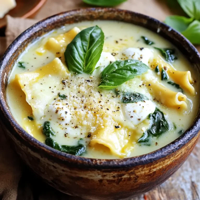 - Ground Chicken or Turkey - Onion - Garlic - Italian Seasoning - Red Pepper Flakes - Chicken Broth - Lasagna Noodles - Ricotta Cheese - Fresh Spinach - Mozzarella Cheese - Parmesan Cheese - Seasoning (Salt and Pepper) - Fresh Basil for Garnish For this creamy white lasagna soup, you need simple but tasty ingredients. Start with one pound of ground chicken or turkey. This gives the soup its protein and heartiness. Chop one medium onion and mince two cloves of garlic. These add a lovely base flavor. You will also need one teaspoon of Italian seasoning for that classic taste. If you like heat, add half a teaspoon of red pepper flakes. Next, pour in six cups of low-sodium chicken broth. It helps to create a rich, savory base for the soup. You will break eight ounces of lasagna noodles into pieces. This gives the soup its unique texture. For creaminess, use one container of ricotta cheese. Add two cups of fresh spinach for color and nutrition. You can’t forget cheese! Use one cup of shredded mozzarella and half a cup of grated Parmesan. Finally, season with salt and pepper to taste, and garnish with fresh basil. This gives your soup a pop of flavor and color. Gather all these ingredients to make a warm, hearty bowl of comfort. - Sautéing the Meat Start by heating a large skillet over medium heat. Add 1 pound of ground chicken or turkey. Cook for about 5-7 minutes until browned. If there is extra fat, drain it out. This adds flavor to your soup. - Adding Vegetables and Seasonings Next, add 1 medium chopped onion and 2 minced garlic cloves to the skillet. Sprinkle in 1 teaspoon of Italian seasoning and 1/2 teaspoon of red pepper flakes if you like some heat. Cook for 3-4 minutes until the onion is soft. - Transferring Ingredients to the Slow Cooker Now, transfer the meat mixture to your slow cooker. Pour in 6 cups of low-sodium chicken broth. Add 8 ounces of broken lasagna noodles. Stir everything together well. This will be the base of your soup. - Cooking Time Options Set your slow cooker to cook on low for 6-8 hours or on high for 3-4 hours. The longer you cook, the more flavors will blend together. - Incorporating Ricotta and Spinach About 30 minutes before you serve, add 1 container (15 ounces) of ricotta cheese and 2 cups of chopped fresh spinach to the slow cooker. Stir until well mixed. The ricotta makes the soup creamy and the spinach adds color and nutrition. - Melting Cheeses for Creaminess Once the soup is hot, stir in 1 cup of shredded mozzarella cheese and 1/2 cup of grated Parmesan cheese. Mix until the cheeses melt and the soup is creamy. This step gives your soup that rich taste that everyone loves. Serve your savory slow cooker white lasagna soup in deep bowls. You can add more cheese and fresh basil for a lovely touch. Choosing the Right Meat I prefer ground chicken or turkey for this soup. They are lean and tasty. You can also use ground beef if you like. It will add a richer flavor. Just remember, the type of meat can change the soup's taste. Importance of Broth Quality Always use low-sodium chicken broth for a better flavor. A good broth makes the soup rich and deep. You can also make your broth at home for extra flavor. It’s worth the effort! Enhancing Flavor Profiles Add fresh herbs like basil or thyme for a burst of flavor. You can also try other spices. A pinch of nutmeg can add warmth. Taste as you go to find your perfect mix. Ideal Bowl Presentation Serve your soup in deep bowls. This keeps the soup warm and makes it look appealing. Top with extra mozzarella and fresh basil. It adds color and taste. A sprinkle of Parmesan cheese also makes it special. Perfect Pairings (Bread or Salad) Pair this soup with crusty bread for a hearty meal. A fresh salad on the side adds crunch and lightness. Try a simple green salad with olive oil and lemon. It balances the creamy soup well. {{image_2}} Ground Beef or Vegetarian Options You can switch the ground chicken or turkey for ground beef. This adds a richer flavor. If you want a vegetarian dish, try using mushrooms or lentils. Both options give a hearty feel to the soup. They also soak up the broth well. Alternative Cheeses Ricotta cheese is a classic choice, but you can mix it up. Try cottage cheese for a lighter texture. If you love a strong flavor, use goat cheese instead. For a creamy base, cream cheese works well too. Each cheese will change the taste, so choose what you love. Adding Herbs Herbs can really change your soup's flavor. Fresh basil adds a sweet, aromatic touch. You can also use parsley or thyme for a different taste. Dried herbs work fine too; just remember to use less since they are stronger. Spicing it Up with More Heat If you like it spicy, add more red pepper flakes. You can even use diced jalapeños for a kick. For a smoky flavor, try adding smoked paprika. Adjust the heat to match your taste. Just remember to start small and taste as you go. - Best Practices for Freezing Leftovers To freeze leftovers, let your soup cool first. Then, pour it into airtight containers. Leave some space at the top, as soup expands when frozen. Label the containers with the date. It keeps well for about three months in the freezer. - Tips for Reheating Without Losing Flavor When it’s time to reheat, thaw it in the fridge overnight. Heat it gently on the stove over low heat. Stir frequently to avoid sticking. If it’s too thick, add a splash of broth or water. This will help restore its creamy texture. - How Long It Lasts in the Fridge Your soup can stay fresh in the fridge for about three to four days. Store it in a sealed container to maintain its taste and texture. - Signs of Spoilage Check for any off smells or changes in color. If the soup looks or smells strange, it’s best to toss it. Also, if you see any mold, do not eat it. Safety first! Slow Cooker White Lasagna Soup is a creamy and hearty dish. It combines flavors of lasagna in a soup form. It includes chicken, noodles, and rich cheeses. This dish is easy to make and perfect for cozy nights. You prepare it in a slow cooker, which makes it simple. You get to enjoy the taste of lasagna without all the layers. Yes, you can use regular lasagna noodles. Just break them into smaller pieces. This helps them cook evenly in the soup. The noodles will absorb flavors and provide great texture. Make sure to stir them well while cooking. To make this soup gluten-free, use gluten-free lasagna noodles. Many brands offer great options that taste good. Check the package to ensure they are certified gluten-free. You can also use gluten-free broth to keep it safe. Yes, you can prepare this soup ahead of time. You can cook the meat and veggies, then store them. Add the broth and noodles when you’re ready to cook. This helps save time on busy days. Just store it in the fridge overnight before cooking. Leftovers can be stored in an airtight container. They last about 3-4 days in the fridge. You can reheat the soup on the stove or in the microwave. Add a little broth if it gets too thick. For a tasty twist, try adding some fresh herbs before serving. This blog covered how to make Slow Cooker White Lasagna Soup with ease. We explored each ingredient, preparation steps, and handy cooking tips. You can swap ingredients or adjust flavors to fit your taste. Lastly, I shared how to store leftovers properly to enjoy later. This recipe is all about comfort and flexibility. Enjoy this warm, hearty dish with loved ones. You’ll impress everyone with your cooking skills.