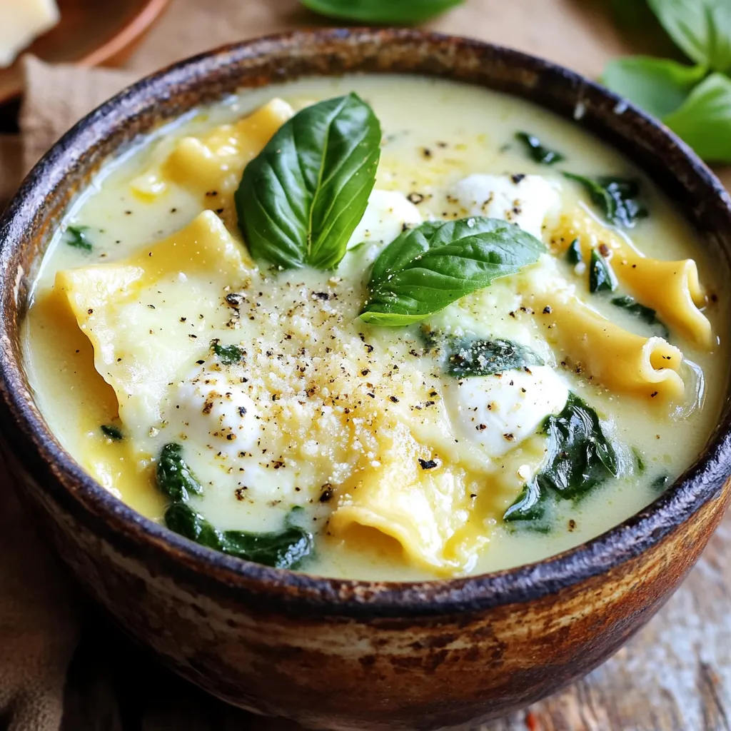 - Ground Chicken or Turkey - Onion - Garlic - Italian Seasoning - Red Pepper Flakes - Chicken Broth - Lasagna Noodles - Ricotta Cheese - Fresh Spinach - Mozzarella Cheese - Parmesan Cheese - Seasoning (Salt and Pepper) - Fresh Basil for Garnish For this creamy white lasagna soup, you need simple but tasty ingredients. Start with one pound of ground chicken or turkey. This gives the soup its protein and heartiness. Chop one medium onion and mince two cloves of garlic. These add a lovely base flavor. You will also need one teaspoon of Italian seasoning for that classic taste. If you like heat, add half a teaspoon of red pepper flakes. Next, pour in six cups of low-sodium chicken broth. It helps to create a rich, savory base for the soup. You will break eight ounces of lasagna noodles into pieces. This gives the soup its unique texture. For creaminess, use one container of ricotta cheese. Add two cups of fresh spinach for color and nutrition. You can’t forget cheese! Use one cup of shredded mozzarella and half a cup of grated Parmesan. Finally, season with salt and pepper to taste, and garnish with fresh basil. This gives your soup a pop of flavor and color. Gather all these ingredients to make a warm, hearty bowl of comfort. - Sautéing the Meat Start by heating a large skillet over medium heat. Add 1 pound of ground chicken or turkey. Cook for about 5-7 minutes until browned. If there is extra fat, drain it out. This adds flavor to your soup. - Adding Vegetables and Seasonings Next, add 1 medium chopped onion and 2 minced garlic cloves to the skillet. Sprinkle in 1 teaspoon of Italian seasoning and 1/2 teaspoon of red pepper flakes if you like some heat. Cook for 3-4 minutes until the onion is soft. - Transferring Ingredients to the Slow Cooker Now, transfer the meat mixture to your slow cooker. Pour in 6 cups of low-sodium chicken broth. Add 8 ounces of broken lasagna noodles. Stir everything together well. This will be the base of your soup. - Cooking Time Options Set your slow cooker to cook on low for 6-8 hours or on high for 3-4 hours. The longer you cook, the more flavors will blend together. - Incorporating Ricotta and Spinach About 30 minutes before you serve, add 1 container (15 ounces) of ricotta cheese and 2 cups of chopped fresh spinach to the slow cooker. Stir until well mixed. The ricotta makes the soup creamy and the spinach adds color and nutrition. - Melting Cheeses for Creaminess Once the soup is hot, stir in 1 cup of shredded mozzarella cheese and 1/2 cup of grated Parmesan cheese. Mix until the cheeses melt and the soup is creamy. This step gives your soup that rich taste that everyone loves. Serve your savory slow cooker white lasagna soup in deep bowls. You can add more cheese and fresh basil for a lovely touch. Choosing the Right Meat I prefer ground chicken or turkey for this soup. They are lean and tasty. You can also use ground beef if you like. It will add a richer flavor. Just remember, the type of meat can change the soup's taste. Importance of Broth Quality Always use low-sodium chicken broth for a better flavor. A good broth makes the soup rich and deep. You can also make your broth at home for extra flavor. It’s worth the effort! Enhancing Flavor Profiles Add fresh herbs like basil or thyme for a burst of flavor. You can also try other spices. A pinch of nutmeg can add warmth. Taste as you go to find your perfect mix. Ideal Bowl Presentation Serve your soup in deep bowls. This keeps the soup warm and makes it look appealing. Top with extra mozzarella and fresh basil. It adds color and taste. A sprinkle of Parmesan cheese also makes it special. Perfect Pairings (Bread or Salad) Pair this soup with crusty bread for a hearty meal. A fresh salad on the side adds crunch and lightness. Try a simple green salad with olive oil and lemon. It balances the creamy soup well. {{image_2}} Ground Beef or Vegetarian Options You can switch the ground chicken or turkey for ground beef. This adds a richer flavor. If you want a vegetarian dish, try using mushrooms or lentils. Both options give a hearty feel to the soup. They also soak up the broth well. Alternative Cheeses Ricotta cheese is a classic choice, but you can mix it up. Try cottage cheese for a lighter texture. If you love a strong flavor, use goat cheese instead. For a creamy base, cream cheese works well too. Each cheese will change the taste, so choose what you love. Adding Herbs Herbs can really change your soup's flavor. Fresh basil adds a sweet, aromatic touch. You can also use parsley or thyme for a different taste. Dried herbs work fine too; just remember to use less since they are stronger. Spicing it Up with More Heat If you like it spicy, add more red pepper flakes. You can even use diced jalapeños for a kick. For a smoky flavor, try adding smoked paprika. Adjust the heat to match your taste. Just remember to start small and taste as you go. - Best Practices for Freezing Leftovers To freeze leftovers, let your soup cool first. Then, pour it into airtight containers. Leave some space at the top, as soup expands when frozen. Label the containers with the date. It keeps well for about three months in the freezer. - Tips for Reheating Without Losing Flavor When it’s time to reheat, thaw it in the fridge overnight. Heat it gently on the stove over low heat. Stir frequently to avoid sticking. If it’s too thick, add a splash of broth or water. This will help restore its creamy texture. - How Long It Lasts in the Fridge Your soup can stay fresh in the fridge for about three to four days. Store it in a sealed container to maintain its taste and texture. - Signs of Spoilage Check for any off smells or changes in color. If the soup looks or smells strange, it’s best to toss it. Also, if you see any mold, do not eat it. Safety first! Slow Cooker White Lasagna Soup is a creamy and hearty dish. It combines flavors of lasagna in a soup form. It includes chicken, noodles, and rich cheeses. This dish is easy to make and perfect for cozy nights. You prepare it in a slow cooker, which makes it simple. You get to enjoy the taste of lasagna without all the layers. Yes, you can use regular lasagna noodles. Just break them into smaller pieces. This helps them cook evenly in the soup. The noodles will absorb flavors and provide great texture. Make sure to stir them well while cooking. To make this soup gluten-free, use gluten-free lasagna noodles. Many brands offer great options that taste good. Check the package to ensure they are certified gluten-free. You can also use gluten-free broth to keep it safe. Yes, you can prepare this soup ahead of time. You can cook the meat and veggies, then store them. Add the broth and noodles when you’re ready to cook. This helps save time on busy days. Just store it in the fridge overnight before cooking. Leftovers can be stored in an airtight container. They last about 3-4 days in the fridge. You can reheat the soup on the stove or in the microwave. Add a little broth if it gets too thick. For a tasty twist, try adding some fresh herbs before serving. This blog covered how to make Slow Cooker White Lasagna Soup with ease. We explored each ingredient, preparation steps, and handy cooking tips. You can swap ingredients or adjust flavors to fit your taste. Lastly, I shared how to store leftovers properly to enjoy later. This recipe is all about comfort and flexibility. Enjoy this warm, hearty dish with loved ones. You’ll impress everyone with your cooking skills.