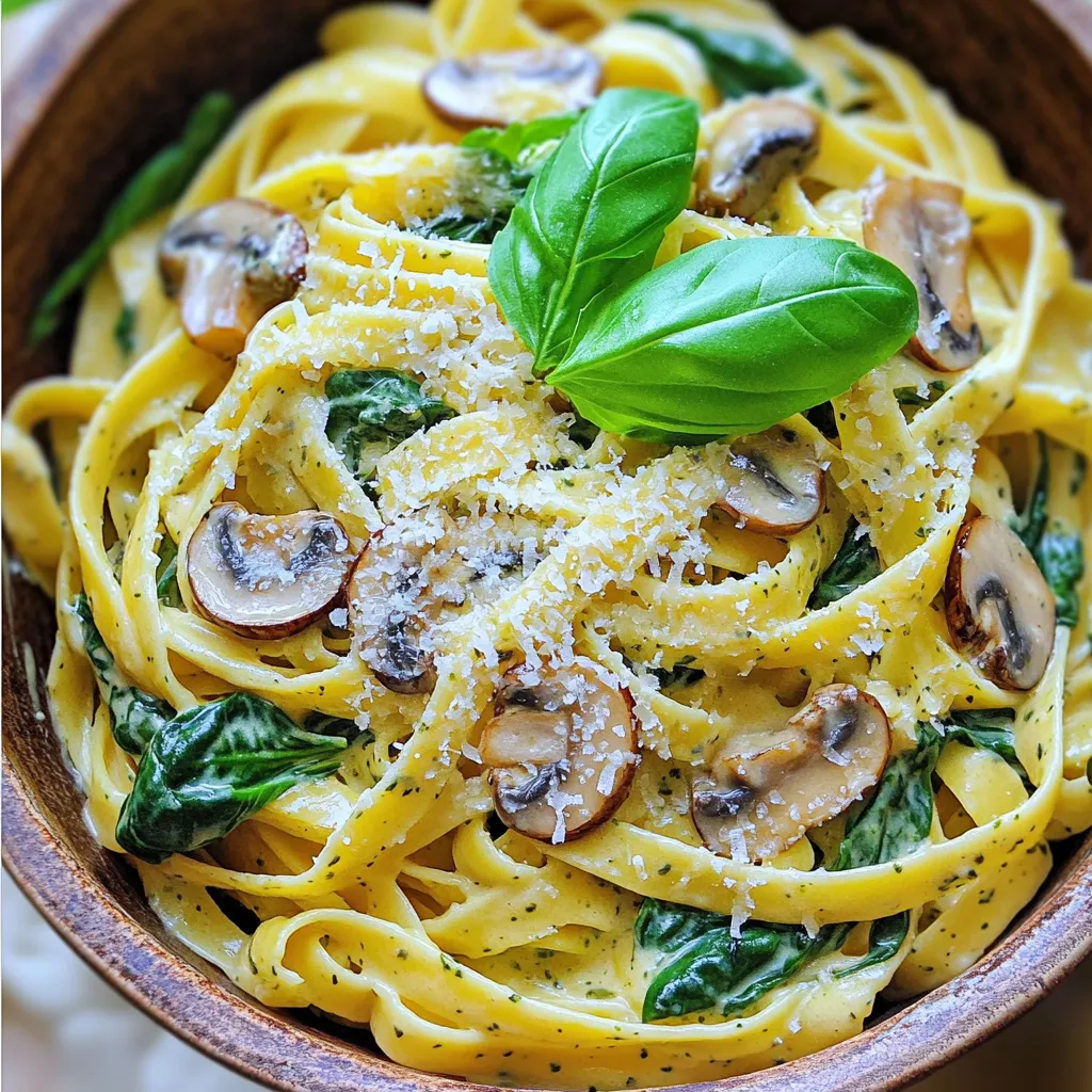 To make this creamy delight, gather these key ingredients: - 8 oz (225 g) fettuccine pasta - 2 tablespoons olive oil - 1 small onion, finely chopped - 3 cloves garlic, minced - 8 oz (225 g) mushrooms, sliced (button or cremini) - 4 cups fresh spinach, roughly chopped - 1 cup heavy cream - 1/2 cup grated Parmesan cheese - Salt and pepper to taste - 1 teaspoon Italian seasoning - Fresh basil leaves for garnish (optional) These ingredients work together to create a dish that is both rich and satisfying. The fettuccine holds the sauce well, while the spinach adds a burst of freshness. You can enhance the flavor with some optional ingredients: - A squeeze of lemon juice for brightness - Crushed red pepper flakes for heat - Sun-dried tomatoes for a tangy twist - Additional herbs like thyme or oregano These additions can take your pasta to the next level. Try them based on your taste! If you need to swap ingredients, here are some recommended substitutions: - Use whole wheat pasta for a healthier option. - Swap heavy cream for coconut milk for a dairy-free choice. - Replace Parmesan with nutritional yeast for a vegan twist. These substitutions ensure you can enjoy this dish no matter your dietary needs. Get creative and make it your own! First, fill a large pot with water and add salt. Bring it to a boil. Once boiling, add 8 oz of fettuccine pasta. Cook the pasta according to the package instructions until it is al dente. This usually takes about 8-10 minutes. After cooking, drain the pasta and set it aside. Remember to save 1/2 cup of the pasta water for later. In a large skillet, heat 2 tablespoons of olive oil over medium heat. Add 1 small chopped onion and cook for about 3-4 minutes. You want the onion to become soft and clear. Next, add 3 minced garlic cloves and 8 oz of sliced mushrooms. Cook these for 5-7 minutes until the mushrooms are tender and browned. Then, stir in 4 cups of roughly chopped spinach. Cook until the spinach wilts, which takes about 2-3 minutes. Lower the heat on your skillet and pour in 1 cup of heavy cream. Stir it well to mix with the vegetables. Then, add 1/2 cup of grated Parmesan cheese, 1 teaspoon of Italian seasoning, and salt and pepper to taste. Let the sauce simmer for 2-3 minutes. This will help it thicken slightly and develop rich flavors. Now, it's time to bring everything together. Add the drained fettuccine to the skillet with the sauce. Toss it well so that every strand gets coated. If the sauce feels too thick, add a little of the reserved pasta water until you reach your desired creaminess. Taste the pasta and adjust the seasoning if needed. Serve it hot on plates. For a fresh touch, garnish with fresh basil leaves. This adds color and a nice aroma to your dish. Enjoy this creamy spinach mushroom pasta as a delightful weeknight meal! To cook fettuccine just right, start with a large pot. Fill it with water and add salt. Bring the water to a boil. Once boiling, add the fettuccine. Cook it according to the package instructions. This is usually around 8-10 minutes for al dente. Stir the pasta occasionally to prevent sticking. When it's done, drain the pasta in a colander but save some pasta water. This water can help thin your sauce later. You can make the cream sauce your own with simple tweaks. Try adding garlic powder or red pepper flakes for heat. You can also mix in different cheeses like mozzarella or feta for a unique taste. For a lighter sauce, swap heavy cream for half-and-half or even a plant-based cream. Fresh herbs like thyme or parsley can add a fresh twist. Be sure to taste as you go to find your perfect flavor. Avoid overcooking the pasta. It should be firm, not mushy. When cooking the mushrooms, make sure not to crowd the pan. If you add too many at once, they will steam instead of brown. Also, don't forget to reserve pasta water. This step saves you from a too-thick sauce. Lastly, always taste your dish before serving. Adjust the salt and pepper to ensure a balanced flavor. {{image_2}} You can make this dish vegan by switching out a few key ingredients. Use plant-based cream instead of heavy cream. Coconut cream or cashew cream works great. Replace Parmesan cheese with nutritional yeast or a vegan cheese. This keeps the creamy texture and rich flavor. Adding protein makes this meal heartier. For chicken, cook bite-sized pieces in the skillet before adding onions. For shrimp, add them after the mushrooms are tender. They only need a few minutes to cook. Tofu is an excellent option too. Press and cube it, then sauté until golden before adding to the pasta. If you need a gluten-free option, choose gluten-free fettuccine. Many brands offer tasty alternatives made from rice or chickpeas. Cook them the same way as regular pasta. Just be careful not to overcook them; they can get mushy quickly. You still get all the creamy goodness without the gluten! To keep your creamy spinach mushroom pasta fresh, store it in an airtight container. Let the pasta cool to room temperature before sealing it. Place the container in the fridge. It will stay good for up to three days. When you're ready to eat your leftovers, heat them gently. You can use a microwave or a skillet. If using a microwave, cover the dish with a lid or wrap to keep moisture in. Heat for 1-2 minutes, stirring halfway through. If using a skillet, add a splash of water or cream to keep it creamy. Cook on low until heated through. You can freeze this pasta dish for later use. Place cooled pasta in a freezer-safe container. Make sure to leave some space at the top for expansion. It will stay fresh for about two months. When ready to eat, let it thaw in the fridge overnight. Reheat as mentioned above. Yes, you can use frozen spinach. Just thaw and drain it well before adding it to the dish. Frozen spinach is a great time saver. It also works well in this recipe. Fresh spinach may have a brighter taste, but frozen is still tasty. To make this dish dairy-free, swap the heavy cream with coconut cream or a cashew cream. Use nutritional yeast instead of Parmesan cheese. Both options keep the creamy texture. They also add rich flavors without dairy, making this dish still enjoyable. This pasta goes well with a simple green salad. A side of garlic bread works great too. You can also serve it with roasted vegetables. These sides balance the creamy pasta and add nutrition. Yes, you can make this dish ahead of time. Cook the pasta and sauce separately, then combine them before serving. Store them in the fridge for up to three days. Just reheat everything on the stove, adding a splash of water if needed. This blog post covered all you need for creamy spinach mushroom pasta. We explored the key ingredients, step-by-step cooking tips, and ways to customize your dish. You learned about making it vegan or gluten-free, along with storage tips and reheating. In cooking, details matter. Keep trying new ideas and making this recipe your own. Enjoy a delicious meal that will impress everyone!