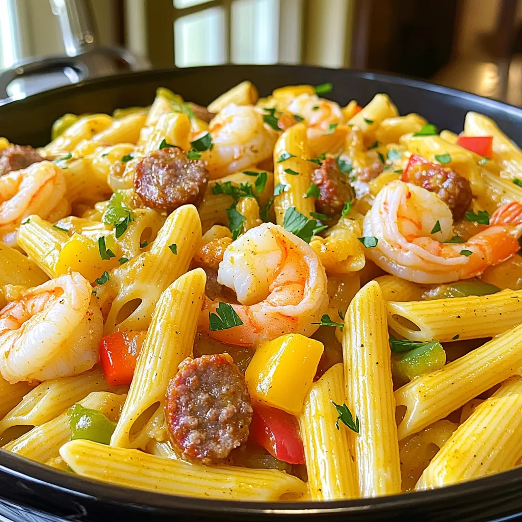 - 12 oz penne pasta - 1 lb shrimp, peeled and deveined - 1 lb smoked sausage, sliced (Andouille or kielbasa) - 1 medium onion, diced - 1 bell pepper (any color), diced - 3 cloves garlic, minced - 1 can (14.5 oz) diced tomatoes, undrained - 4 cups chicken broth - 2 tablespoons Cajun seasoning - 1 teaspoon dried thyme - ½ teaspoon cayenne pepper (adjust to taste) - 2 tablespoons olive oil - Salt and pepper to taste - Fresh parsley, chopped (for garnish) You can swap the penne pasta with any shape you like. If you want a kick, use more cayenne pepper. For a veggie boost, add spinach or zucchini. - A large pot for cooking - A wooden spoon for stirring - A sharp knife for chopping - A cutting board for prep I recommend a pot that holds at least 6 quarts. This size gives you room for all the ingredients. It helps prevent spills when you stir. Start by prepping the shrimp and sausage. For shrimp, you want them peeled and deveined. Rinse them under cold water. Pat them dry with a paper towel. This keeps them from becoming too watery in the dish. For the sausage, slice it into even pieces. I like to cut them about half an inch thick. This way, they cook evenly. Next, it’s time to chop the veggies. Dice the onion and bell pepper into small pieces. Use a sharp knife for clean cuts. This helps them cook faster and blend well with the other flavors. Mince the garlic finely so it releases its flavor quickly. Now, let’s get cooking! Heat the olive oil in a large pot over medium heat. Once hot, add the sliced sausage. Sauté it for about five minutes until it turns brown. This adds great flavor to your dish. After the sausage cooks, toss in the diced onion and bell pepper. Cook this mix for three to four minutes. You want them soft but not mushy. Then, stir in the minced garlic and cook for just one minute. The smell will be amazing! Next, add the Cajun seasoning, dried thyme, cayenne pepper, salt, and pepper. Stir these spices into the mixture well. This step is key for that bold Cajun flavor. Now, it’s time for the shrimp! Add them to the pot and cook for two to three minutes. They should start turning pink. This shows they are nearly done. Pour in the diced tomatoes and chicken broth next. Bring the mix to a gentle boil. Then, add the penne pasta. Stir it well to ensure the pasta is submerged in the liquid. Reduce the heat to low and cover the pot. Let it simmer for 12 to 15 minutes. Stir occasionally to stop the pasta from sticking. The pasta should be al dente and soak up most of the liquid. After cooking, remove from heat and let it sit for a couple of minutes. Taste and adjust the seasoning if needed. Finally, serve hot with fresh parsley on top. This adds a nice pop of color and flavor! How can I adjust spice levels? To change the spice level, you can add more or less cayenne pepper. Start with a little. Taste the dish as you cook. You can always add more spice, but it’s hard to take it away. How do I balance flavors? To balance flavors, use salt and pepper wisely. Fresh herbs like parsley add brightness. A squeeze of lemon juice can also lift the dish. If it’s too spicy, add a bit of cream or sugar. What are the best practices to avoid overcooking shrimp? Cook shrimp just until they turn pink. This takes about 2-3 minutes. If you cook them too long, they become tough. Keep an eye on them as you cook. How can I prevent pasta from sticking? To stop pasta from sticking, stir it often while it cooks. Make sure to use enough liquid in the pot. If you find it sticks, add a splash of olive oil before serving. {{image_2}} You can switch up the sausage in this dish. Try Italian sausage for a milder taste. Chicken sausage is another great choice if you want a leaner option. For a spicy kick, use chorizo. Adding more veggies is smart. You can toss in spinach or kale for extra nutrients. Zucchini or mushrooms also work well. These veggies add color and taste to your pasta. If you need gluten-free options, use rice pasta or quinoa pasta. Both are tasty and work well in this recipe. To make it dairy-free, skip any cheese and use coconut milk instead for creaminess. For a low-carb version, replace pasta with spiralized zucchini or cauliflower rice. This keeps the dish light and healthy while still full of flavor. To keep your Cajun shrimp and sausage pasta fresh, store it in the fridge. Place the pasta in an airtight container. It stays good for up to three days. For longer storage, you can freeze it. Use a freezer-safe container or a heavy-duty freezer bag. Make sure to remove as much air as possible. Label it with the date. This way, you'll know how long it's been. When reheating your dish, keep it tasty. The best way is to use a skillet. Add a splash of water or broth to prevent it from drying out. Heat it over medium-low heat, stirring often. You can also use the microwave. Place the pasta in a microwave-safe bowl. Cover it with a damp paper towel to keep moisture in. Heat in short bursts, stirring in between. This helps to warm it evenly. Enjoy your delicious leftovers! How long does it take to cook shrimp in this recipe? Cooking shrimp takes about 2 to 3 minutes. They will turn pink when done. Be careful not to overcook them. This step is key to keeping shrimp juicy. Can this dish be made ahead of time? Yes, you can make this dish ahead of time. Just store it in the fridge for up to three days. When ready to eat, simply reheat it on the stove. Add a splash of broth to keep it moist. What can I substitute for Cajun seasoning? You can make your own blend. Mix paprika, garlic powder, onion powder, and black pepper. This will give you a similar flavor. You can also use Creole seasoning for a different kick. Is there a non-meat alternative for sausage? Yes, you can use plant-based sausage. Many brands offer tasty options without meat. You can also use mushrooms for a hearty texture. They absorb flavors well and add depth to the dish. This blog post covered all you need for Cajun shrimp and sausage pasta. You learned about the key ingredients, tools, and prep steps. We discussed cooking methods to get full flavor and prevent pasta from sticking. I shared tips for making the dish fit your diet. Lastly, you can store and reheat leftovers easily. Cajun shrimp and sausage pasta is a fun dish that you can adjust to your taste. Enjoy cooking it your way!