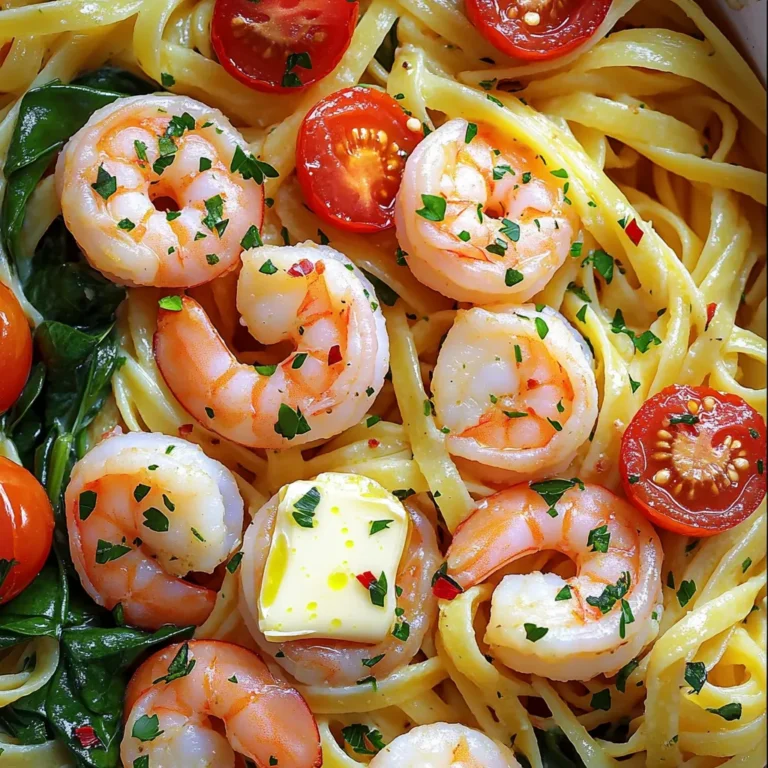 - 8 oz linguine pasta - 1 lb large shrimp, peeled and deveined - 4 tablespoons unsalted butter - 4 cloves garlic, minced - 1/4 teaspoon red pepper flakes (adjust to taste) - 1/2 cup cherry tomatoes, halved - 1 cup spinach leaves - Zest and juice of 1 lemon - Salt and pepper to taste - Fresh parsley, chopped, for garnish To make Garlic Butter Shrimp Linguine, you need simple, fresh ingredients. Each one plays an important role. Start with 8 ounces of linguine pasta. This gives the dish a nice base. Use 1 pound of large shrimp. Make sure they are peeled and deveined for easy eating. Next, 4 tablespoons of unsalted butter adds richness. Garlic is key to flavor, so use 4 cloves, minced. For a bit of heat, include 1/4 teaspoon of red pepper flakes. You can change this amount to fit your taste. Cherry tomatoes bring sweetness. Halve 1/2 cup and add them to the mix. Spinach leaves, about 1 cup, add color and nutrition. The zest and juice of 1 lemon brightens the dish. Season with salt and pepper to taste. Finally, chop fresh parsley for garnish. This adds freshness and a pop of color when serving. Gather these ingredients, and you'll be ready to create a tasty meal. - Start by boiling a large pot of water. - Add a good pinch of salt to the water. - Once boiling, add 8 oz of linguine pasta. - Cook the pasta until it is al dente, about 8-10 minutes. - Reserve 1/2 cup of pasta water before draining. - Drain the pasta and set it aside. - In a large skillet, melt 2 tablespoons of butter over medium heat. - Add 4 cloves of minced garlic to the skillet. - Sauté the garlic for about 1 minute until it smells great. - Next, add 1 lb of shrimp to the skillet. - Season shrimp with salt, pepper, and 1/4 teaspoon of red pepper flakes. - Cook the shrimp for 2-3 minutes until they turn pink and opaque. - Once done, remove the shrimp and set them aside. - In the same skillet, add the remaining 2 tablespoons of butter. - Toss in 1/2 cup of halved cherry tomatoes and 1 cup of spinach leaves. - Cook this mix for about 2-3 minutes until the tomatoes soften and the spinach wilts. - Reduce the heat to low and add the cooked shrimp back to the skillet. - Then, add the drained linguine to the skillet. - Stir everything together, adding reserved pasta water as needed. - Lastly, add the zest and juice of 1 lemon, adjusting seasoning as needed. Choosing the right shrimp Choose large shrimp for this dish. They give a nice bite. Look for shrimp that is firm and fresh. Fresh shrimp will taste better. If you can, buy shrimp from local markets. Avoiding overcooking Cook shrimp until they turn pink and opaque. This takes about 2-3 minutes. Overcooked shrimp become rubbery. Keep an eye on them while they cook. Remove them from the heat as soon as they are ready. Tips for heat preferences Red pepper flakes add heat. Start with a small amount. You can always add more later. If you like mild dishes, use less. If you love spice, feel free to add more! Alternative spicy additions Try adding fresh chili peppers for more heat. Jalapeños or serranos work well. Chop them finely and add them when you cook the shrimp. This gives a fresh kick to your meal. Using fresh herbs Fresh parsley adds a bright flavor. Chop it finely and sprinkle it on top before serving. You can also use basil for a sweet touch. Fresh herbs make the dish taste vibrant and fresh. Additional ingredients for richness Consider adding a splash of white wine. It boosts the flavor of the sauce. You may also mix in a bit of cream for a richer sauce. Just remember, balance is key! {{image_2}} If you want a gluten-free meal, swap the linguine for gluten-free pasta. You can find options made from rice, corn, or quinoa. These alternatives cook quickly but check the package for exact times. Gluten-free pasta can be more delicate, so watch it closely to avoid mushiness. You can easily add more veggies to your dish. Try bell peppers, zucchini, or asparagus for extra crunch and color. Seasonal veggies like peas or broccoli also work well. Just add them to the skillet with your tomatoes and spinach to cook until tender. For a fresh twist, use different citrus like lime or orange. Each brings a unique flavor. You can also add fresh herbs like basil or thyme. Chop them finely and mix them in at the end for a burst of flavor. Feel free to experiment and find your favorite mix! To keep your Garlic Butter Shrimp Linguine fresh, use airtight containers. Glass or plastic containers work well. Store in the fridge for up to three days. To reheat pasta, you can use the microwave or stovetop. If using the microwave, add a splash of water. This keeps your pasta moist. For stovetop, warm it in a skillet over low heat. Stir often to keep it from sticking. For freezing, let the dish cool completely. Then, place it in a freezer-safe container. Use it within three months for best taste. To thaw, move it to the fridge overnight. Reheat using the stovetop method to keep the texture right. Yes, you can use frozen shrimp. Just make sure to thaw them first. Cooking times change slightly for frozen shrimp. Cook them for about 4-5 minutes instead of 2-3 minutes. Check for a pink color to know they are done. When preparing frozen shrimp, rinse them under cold water to remove ice. Pat them dry with a paper towel before cooking. This helps the shrimp sear better and taste juicier. You have many great options for sides. A fresh garden salad pairs well. You can also serve garlic bread for dipping in the sauce. Try a simple arugula salad with lemon vinaigrette. The fresh taste balances the rich shrimp dish. You can also add roasted vegetables for a colorful plate. To prepare ahead, cook the shrimp and pasta in advance. Store each in separate containers. This keeps them fresh and avoids mushiness. You can make the sauce a day before. Just reheat it gently before mixing with pasta and shrimp. Keep the lemon zest and juice for last to add bright flavor. Storing components separately helps maintain texture and taste. In this post, we explored how to make a delicious Garlic Butter Shrimp Linguine. We covered essential ingredients and detailed steps for cooking the dish perfectly. I shared tips to enhance flavor and offered variations for dietary needs. Remember to store leftovers correctly and reheat wisely to keep the taste fresh. Enjoy creating this tasty meal, and don’t hesitate to experiment with your own twists. Now, it's time to bring this dish to your table and savor each bite. Happy cooking!