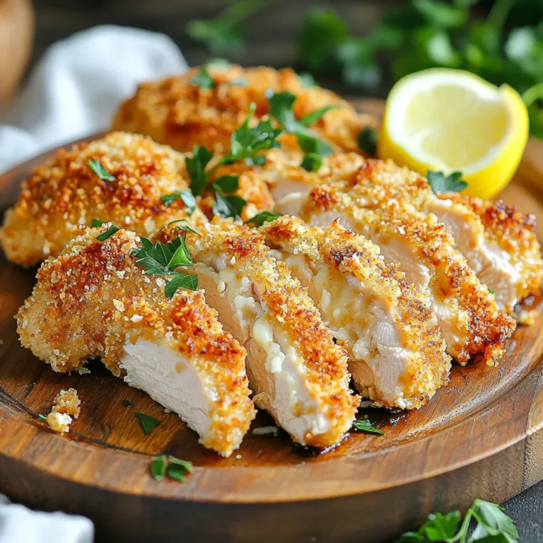 To make Air Fryer Parmesan Crusted Chicken Breast, you will need the following ingredients: - 2 large chicken breasts - 1 cup grated Parmesan cheese - 1 cup breadcrumbs (preferably panko for extra crunch) - 1 teaspoon garlic powder - 1 teaspoon onion powder - 1 teaspoon Italian seasoning - 1/2 teaspoon paprika - 1/2 teaspoon salt - 1/4 teaspoon black pepper - 2 large eggs - 2 tablespoons olive oil These ingredients combine to create a flavorful and crispy dish. Using panko breadcrumbs gives a nice crunch, while Parmesan adds rich flavor. The seasonings elevate the taste, making each bite enjoyable. To start, dry the chicken breasts with paper towels. This helps the breading stick. If your chicken breasts are thick, slice them in half horizontally. This ensures even cooking. Next, season both sides with salt and black pepper. This adds flavor to the meat. Now, let’s make the breading station. In a shallow bowl, whisk two large eggs until smooth. In another bowl, combine the grated Parmesan cheese, breadcrumbs, garlic powder, onion powder, Italian seasoning, paprika, salt, and pepper. This mixture will give your chicken a nice crunch and flavor. For breading, dip each chicken breast into the egg mixture first. Let any excess egg drip off. After that, coat the chicken in the breadcrumb mixture. Press lightly so the crumbs stick well. Make sure each piece is fully covered. This helps create a great crust. Next, preheat your air fryer to 380°F (193°C). This should take about five minutes. While it heats, lightly spray the air fryer basket with cooking spray or brush it with olive oil. Place the breaded chicken breasts in a single layer in the basket. Avoid overcrowding; cook in batches if needed. Spray the tops with a bit more olive oil for extra crispiness. Cook the chicken for 12-15 minutes at 380°F (193°C). Flip the chicken halfway through for even cooking. The cheese should look golden, and the internal temperature should reach 165°F (75°C). Once done, remove the chicken and let it rest for 3-5 minutes. This helps keep the juices in. Slice the chicken and arrange on a platter. Garnish with fresh parsley and serve with a squeeze of lemon. Enjoy! To get that perfect crisp, oil is key. A light spray or brush of olive oil makes a big difference. It helps the Parmesan and breadcrumbs get golden and crunchy. Adjust cooking times based on the thickness of the chicken. Thicker pieces need a bit more time. Keep an eye on them to avoid overcooking. Add more flavor by mixing in extra seasonings. You can try cayenne for heat or lemon zest for brightness. These small changes make a big impact. For dips or sauces, classic options like ranch or marinara work great. A zesty honey mustard also pairs well with the chicken. Enjoy experimenting with flavors! {{image_2}} You can use chicken thighs instead of breasts. Thighs have more fat, giving a juicier bite. They also cook a little longer, so keep an eye on them. For cheese, try mozzarella or cheddar. Both add a different flavor profile and melt beautifully. For a gluten-free diet, use gluten-free breadcrumbs. They work just as well and keep the crunch. You can also use crushed nuts or ground oats for the breading. These options offer a unique twist and add depth to your dish. Pair your chicken with fresh salads or roasted veggies. A light side of mixed greens complements the richness of the chicken. You can also serve it with a tangy dipping sauce like marinara or a creamy ranch. These sauces add flavor and enhance your meal experience. To keep your Air Fryer Parmesan Crusted Chicken fresh, follow these tips: - Refrigeration: After cooling, place the chicken in an airtight container. Store in the fridge for up to 3 days. - Freezing: For longer storage, wrap the chicken tightly in plastic wrap or foil. Then, place it in a freezer-safe bag. This method helps avoid freezer burn. You can freeze it for up to 3 months. When you want to enjoy leftovers, proper reheating is key. Here are my favorite methods: - Oven Method: Preheat the oven to 375°F (190°C). Place the chicken on a baking sheet and cover it with foil. Heat for about 15-20 minutes. This keeps the chicken moist. - Air Fryer Method: Set your air fryer to 350°F (175°C). Reheat for about 5-7 minutes. This method helps maintain the crispiness of the crust. Avoid using the microwave, as it can make the chicken soggy. These methods help keep your chicken delicious for a second round! Cook the chicken at 380°F for 12 to 15 minutes. Flip it halfway for even cooking. Check that the internal temperature hits 165°F to ensure it's safe to eat. It is best to use thawed chicken breasts. Frozen chicken may not cook evenly and can result in a soggy coating. If you must use frozen, increase the cooking time and check for doneness. Great sauces include marinara, ranch, or garlic aioli. A squeeze of lemon adds zest too. Feel free to get creative with your favorite sauces! Yes, you can prepare the breading in advance. Store it in an airtight container in the fridge for up to two days. This saves time on a busy night. Preheating is recommended. It helps the chicken cook evenly and gives you a nice, crispy crust. Just five minutes at 380°F will do the trick. This blog post guides you through making delicious air-fried chicken. You learned about essential ingredients, preparation methods, and cooking steps. I shared tips for perfect crispiness and flavor boosts. You also found variations for different tastes, gluten-free options, and storage practices. Now, you can create a tasty meal with ease. Enjoy experimenting in your kitchen, and serve it with your favorite sides! Your air-fried chicken will impress everyone.