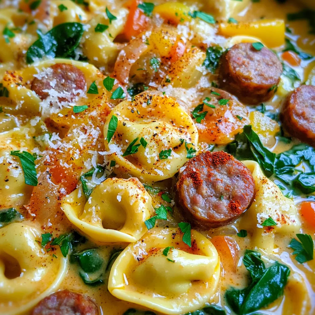 Here’s what you need for this tasty one-pot meal: - 12 oz cheese tortellini (fresh or frozen) - 1 lb smoked sausage, sliced (andouille or kielbasa) - 1 tablespoon olive oil - 1 bell pepper, diced (red or green) - 1 cup onion, chopped - 3 cloves garlic, minced - 1 cup heavy cream - 1 cup chicken broth - 1 tablespoon Cajun seasoning - 1 teaspoon paprika - Salt and pepper to taste - 2 cups fresh spinach - 1/2 cup grated Parmesan cheese - Fresh parsley for garnish Gathering fresh ingredients makes a big difference. The cheese tortellini adds a creamy touch, while the sausage brings a smoky flavor. You can choose andouille for a spicy kick or kielbasa for a milder taste. Bell peppers and onions add sweetness and color. Garlic gives it that nice aroma that fills your kitchen. I love using heavy cream for richness, but you can swap it with a lighter option if you prefer. Cajun seasoning adds warmth, and paprika gives a lovely hue. Fresh spinach is a bonus, adding color and nutrients. Top your dish with grated Parmesan and parsley for that perfect finish. With these ingredients, you’ll create a delightful dish that’s both comforting and satisfying. - Heat 1 tablespoon of olive oil in a large pot over medium heat. - Add 1 pound of sliced smoked sausage to the pot. - Sauté until the sausage is browned and crispy, about 5-7 minutes. - Add 1 cup of chopped onion and 1 diced bell pepper to the pot. - Cook until the onion is translucent and the peppers are soft, about 3-4 minutes. - Stir in 3 cloves of minced garlic, cooking for another minute until fragrant. - Pour in 1 cup of chicken broth and bring it to a simmer. - Add 1 cup of heavy cream, 1 tablespoon of Cajun seasoning, and 1 teaspoon of paprika. - Season with salt and pepper to taste. Stir well to combine. - Once simmering, add 12 ounces of tortellini and cook until done. - For fresh tortellini, it usually takes about 3-5 minutes. For frozen, cook for about 7-10 minutes. - Fold in 2 cups of fresh spinach and stir until wilted, about 1-2 minutes. - Remove the pot from heat and mix in 1/2 cup of grated Parmesan cheese. - Stir until the cheese melts and the sauce is creamy. - Taste and adjust seasoning if needed. This method will give you a rich, creamy dish with bold flavors. Enjoy! When making this dish, you can choose between andouille and kielbasa sausage. Andouille has a bold, smoky flavor. It brings a true Cajun taste. Kielbasa is milder and slightly sweet. It works well if you want a gentler taste. I prefer andouille for that spicy kick. However, both options taste great in this creamy dish. You might want to change how spicy your meal is. To make it milder, use less Cajun seasoning. Adding a bit of sugar can balance the heat. If you crave more spice, add extra Cajun seasoning or red pepper flakes. Always taste as you go. This way, you can get the flavor just right for your palate. To get the best creamy texture, use heavy cream. It makes your sauce smooth and rich. Stir in the cheese slowly until it melts. This helps create that velvety finish. If you want a lighter sauce, use half-and-half or milk. However, it might not be as rich. Always remember to keep stirring to avoid lumps. {{image_2}} You can change up the pasta in this dish. While tortellini is great, you can also use shells, penne, or fusilli. Each type brings a fun twist. For veggies, consider adding zucchini or bell peppers. They add color and crunch. Carrots are also a tasty choice. Just cut them thin so they cook well. If you prefer chicken, use diced cooked chicken breast. It works well and adds a nice flavor. Shrimp is another great option. Just add it in the last few minutes of cooking. This way, they cook quickly and stay juicy. Both swaps keep the dish filling and flavorful. If you want a dairy-free option, substitute heavy cream with coconut milk. It gives a creamy texture without dairy. You can also use almond milk mixed with a little cornstarch for thickness. Nutritional yeast can replace cheese for a cheesy taste. These tips ensure everyone can enjoy this dish! To store leftovers, let the dish cool first. Then, place it in an airtight container. Make sure to seal it tightly to keep it fresh. Use clear containers so you can see what's inside. This way, you can avoid wasting food. I suggest using glass containers for easy reheating. They don’t stain and keep food safe. For reheating, I recommend using the stove or microwave. If using the stove, heat it in a pot over low heat. Stir often to keep the texture smooth. If you use the microwave, cover it with a lid or a paper towel. This helps keep moisture in. Add a splash of chicken broth or cream if it seems dry. Stir and heat until warm. Enjoy your creamy Cajun sausage tortellini just like when it was fresh! Yes, you can use frozen tortellini. Just remember that cooking times will differ. When using frozen tortellini, it takes about 7-10 minutes to cook. Keep an eye on them and stir occasionally to prevent sticking. You can serve this dish with many sides. Consider a simple green salad to balance the meal. Garlic bread makes a nice addition for dipping. Roasted vegetables also pair well, adding color and flavor. To make this dish vegetarian, omit the sausage. You can use mushrooms or tempeh for a meaty texture. Add extra bell peppers or zucchini for more flavor. Make sure to enhance the spices for a rich taste. You can create a delicious One-Pot Creamy Cajun Sausage Tortellini with ease. We explored key ingredients, smart tips for cooking, and fun variations. Remember to choose the right sausage and adjust spice levels to fit your taste. If you're storing leftovers, use proper containers to keep them fresh. With these steps, you can enjoy a creamy and flavorful meal anytime. Cooking should be fun and satisfying! Now, get ready to impress with your culinary skills. Enjoy your tasty dish!
