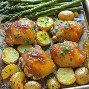 - 4 chicken thighs, skin-on and bone-in - 1/4 cup honey - 1/4 cup Dijon mustard - 1 pound baby potatoes, halved - 1 bunch asparagus, trimmed The main stars of this dish are the chicken thighs. The skin-on and bone-in types give the best flavor and moisture. Honey and Dijon mustard make a sweet and tangy sauce. Baby potatoes and asparagus add great texture and nutrients. - 2 tablespoons olive oil - 4 cloves garlic, minced - 1 teaspoon dried thyme - 1 teaspoon smoked paprika - Salt and pepper to taste Seasonings are key to this recipe. Olive oil helps the marinade stick. Garlic adds a burst of flavor. Dried thyme gives an earthy tone, while smoked paprika adds warmth. Salt and pepper enhance all the other tastes. - Chopped fresh parsley Fresh parsley is a great touch. It adds a bright color and fresh taste. You can sprinkle it on just before serving. This step makes your dish look and taste even better. First, preheat your oven to 425°F (220°C). This hot oven helps to crisp the chicken skin and cook the potatoes. Next, make the honey mustard marinade. In a small bowl, whisk together: - 1/4 cup honey - 1/4 cup Dijon mustard - 2 tablespoons olive oil - 4 cloves garlic, minced - 1 teaspoon dried thyme - 1 teaspoon smoked paprika - Salt and pepper to taste Whisk until smooth. This marinade adds great flavor to the chicken. To marinate chicken thighs, place them in a large zip-lock bag or a bowl. Pour the marinade over the chicken. Make sure each thigh is well coated in the sauce. Seal the bag or cover the bowl. Let the chicken marinate for at least 30 minutes. If you have time, marinating for up to 2 hours in the fridge gives even more flavor. Now, prepare the sheet pan. Arrange 1 pound of halved baby potatoes in a single layer. Drizzle with olive oil and season with salt and pepper. This helps the potatoes cook evenly. Next, take the marinated chicken thighs out of the bag or bowl. Place them skin side up over the potatoes. Pour the reserved marinade over the chicken. This adds more flavor and moisture. Bake the sheet pan in the preheated oven for 25 minutes. This initial baking time helps the chicken and potatoes start to cook. After 25 minutes, take the pan out. Pour the reserved marinade over the chicken again and add 1 bunch of trimmed asparagus around the chicken and potatoes. Return the sheet pan to the oven. Bake for an additional 10-15 minutes. Check that the internal temperature of the chicken reaches 165°F. The potatoes should be tender and the asparagus bright green. Once done, remove the pan from the oven. Let the dish rest for a few minutes. This helps the juices settle in the chicken. Garnish with chopped fresh parsley before serving. This adds a nice color and fresh taste to the dish. To check if your chicken is done, use a meat thermometer. The chicken should reach 165°F (75°C). Insert the thermometer into the thickest part of the thigh without touching the bone. If you don’t have a thermometer, cut into the chicken. The juices should run clear, and the meat should not be pink. To avoid dry chicken, marinate for at least 30 minutes. You can also cook it at the right temperature. Baking at 425°F helps keep the skin crispy while keeping the meat juicy. Don't overcook, as this will dry it out. Adding spices or herbs can boost flavor. Try cumin or garlic powder for a twist. Fresh herbs like rosemary or thyme can brighten the dish. For more flavor depth, marinate the chicken longer. If possible, let it sit in the fridge for up to two hours. This helps the flavors soak in. When using a sheet pan, arrange the ingredients in a single layer. This helps them cook evenly. Avoid crowding the pan, so everything can roast properly. For easy cleanup, line your sheet pan with parchment paper or foil. This will catch drips and make washing up simple. You can just toss the paper or foil away after cooking. {{image_2}} You can switch chicken thighs for chicken breasts. Chicken breasts cook faster, so watch the time. They stay juicy if you do not overcook them. You can also use pork chops. Pork works well with honey mustard flavors. If you prefer plant-based options, try tofu. Firm tofu absorbs the marinade nicely. Just press it to remove extra water before marinating. Feel free to spice things up with new flavors. Instead of honey and mustard, try BBQ sauce. It gives a smoky taste that pairs well with chicken. You can also add different veggies. Slice bell peppers or zucchini and mix them in. These add color and crunch to your dish. Experiment with herbs like rosemary for a fresh twist. If you need gluten-free options, use tamari instead of soy sauce. Most of the ingredients in this dish are naturally gluten-free. For low-carb variations, skip the baby potatoes. Instead, use cauliflower florets. Cauliflower roasts nicely and soaks up the marinade's flavor. This way, you can still enjoy a tasty meal without the carbs. To keep your honey mustard chicken thighs fresh, store leftovers right away. Place the chicken and veggies in the fridge within two hours of cooking. Use airtight containers to keep flavors intact. I recommend glass containers, as they are safe and easy to clean. For reheating, the oven works best. Preheat your oven to 350°F (175°C). Place the chicken and vegetables on a baking sheet. Cover them with foil to retain moisture. Heat for about 15-20 minutes. This method ensures the chicken stays juicy. Avoid microwave reheating if you want to keep the skin crispy. You can freeze cooked honey mustard chicken for later. Cool it completely before freezing. Use freezer-safe bags or containers. Remove as much air as you can. This helps prevent freezer burn. When you’re ready to eat, thaw in the fridge overnight. Reheat in the oven for best results. Enjoy your tasty meal whenever you want! Yes, you can use boneless chicken thighs. They cook faster than bone-in thighs. This change affects the texture, making them tender but less juicy. If you choose boneless thighs, reduce the baking time by about 5-10 minutes. Always check for an internal temperature of 165°F to ensure they are safe to eat. Honey mustard chicken thighs pair well with many sides. Here are some great options: - Rice or quinoa for a hearty base - Roasted vegetables like carrots or bell peppers - A fresh salad with mixed greens - Creamy mashed potatoes for comfort - Garlic bread to soak up the sauce These sides balance the sweet and tangy flavor of the chicken. Choose one or mix a few for a complete meal experience! To check if chicken thighs are cooked, use a meat thermometer. Insert it into the thickest part of the thigh. The safe internal temperature is 165°F. You can also check for doneness by slicing into the thickest part. The meat should be opaque and the juices clear. If the juices run pink, continue cooking. Always let the chicken rest for a few minutes before serving. This helps keep it juicy and flavorful. You now have a delicious and easy recipe for honey mustard chicken thighs. We covered key ingredients like chicken, honey, and Dijon mustard. I shared tips for cooking and storing leftovers. You learned to customize the dish with different proteins and flavors. This meal is not just tasty but also versatile and suits many diets. Now, you can impress friends and family with this simple yet flavorful dish. Enjoy your cooking adventure!