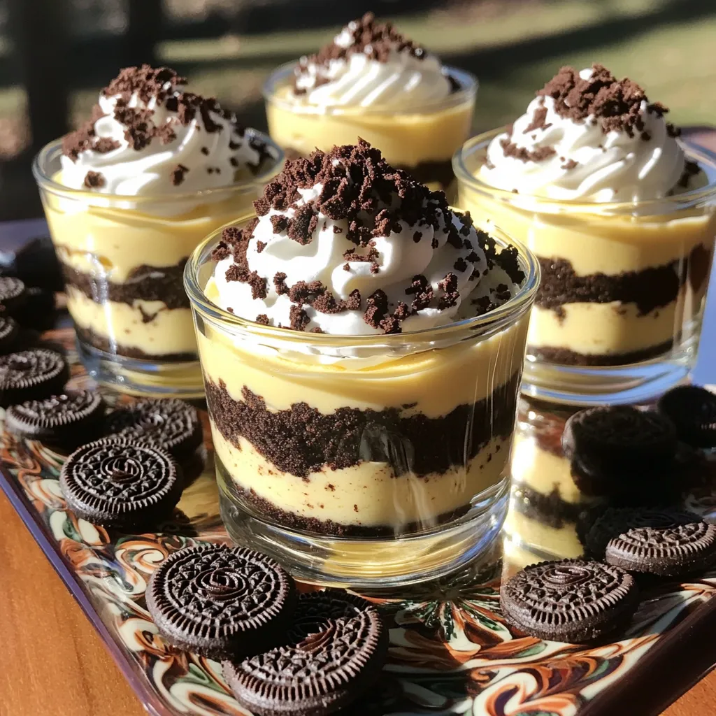 Here’s what you need for your No Bake Oreo Cheesecake Cups: - 18 Oreo cookies, crushed - 1/4 cup unsalted butter, melted - 1 (8 oz) package cream cheese, softened - 1/2 cup powdered sugar - 1 teaspoon vanilla extract - 1 cup heavy whipping cream - Optional toppings: crushed Oreos, whipped cream, chocolate shavings These ingredients come together to create a delicious treat. The crushed Oreos form a tasty crust that provides a rich flavor. The cream cheese adds creaminess, while the whipped cream gives it a fluffy texture. You can also customize the cups with optional toppings. Crushed Oreos add crunch, and whipped cream makes it extra special. Chocolate shavings bring in a nice touch of elegance. Each bite is a delightful mix of flavors and textures. 1. First, take 18 Oreo cookies and crush them finely. 2. In a mixing bowl, combine the crushed Oreos with 1/4 cup of melted butter. 3. Stir the mixture until it looks like wet sand. 4. Next, divide this mixture evenly into your serving cups. 5. Press down firmly to make a solid base. 1. In a large bowl, beat 1 package of softened cream cheese until smooth. 2. Gradually add in 1/2 cup of powdered sugar and 1 teaspoon of vanilla extract. 3. Mix until everything is creamy and well combined. 1. In another bowl, pour 1 cup of heavy whipping cream. 2. Whip the cream until stiff peaks form. 3. Carefully fold the whipped cream into the cheesecake mixture. 4. Do this gently to keep the mixture light and airy. 1. Spoon the cheesecake filling over the Oreo crust in each cup. 2. Fill them about three-quarters full. 3. For a final touch, sprinkle some crushed Oreos on top. 4. Place the cups in the refrigerator and chill for at least 4 hours or until set. 5. Before serving, you can add a dollop of whipped cream and some chocolate shavings for garnish. To get a great cheesecake, fold the whipped cream gently. This keeps the mixture light and airy. If you mix too hard, the cream can lose its fluffiness. When you beat the cream cheese, do it until smooth. Add the sugar and vanilla slowly. This helps mix it well without overworking the cream cheese. You can add fun flavors to your cheesecake. Try mixing in some melted chocolate or peanut butter for a twist. If it’s too sweet, adjust the taste with more powdered sugar. Always taste your mixture before you fill the cups. This way, you can get it just right. Serving matters as much as taste. Use clear cups to show off those layers. You can add extra crushed Oreos on top for a nice look. Garnish with whipped cream and chocolate shavings for a special touch. Place the cups on a decorative tray with Oreos around them to impress your guests. {{image_2}} You can change the flavors in your Oreo cheesecake cups. Try adding melted chocolate or creamy peanut butter to the filling. This will give it a rich taste. Just mix in about a quarter cup of either. You can also use fruit toppings, like fresh strawberries or blueberries. These add a nice pop of color and flavor. Just chop the fruit and sprinkle it on top before serving. If you need gluten-free options, look for gluten-free Oreos. They taste just as good as regular ones. For a vegan version, use dairy-free cream cheese and coconut cream instead of heavy cream. This way, everyone can enjoy these tasty treats! You can serve these cups in many ways. If you want smaller servings, use mini cups. For a big gathering, think about making a cheesecake instead of cups. Just pour the filling into a springform pan. Adjust the chilling time to about six hours for a full cheesecake. This way, you can slice and serve it easily. To store leftover cheesecake cups, cover them tightly with plastic wrap or a lid. This keeps them fresh and prevents odors from the fridge. Place the cups on a flat surface in your fridge. Avoid stacking them, as this can cause them to lose shape. These cheesecake cups stay fresh in the fridge for about 3 to 5 days. If you want to store them longer, you can freeze them. Wrap each cup tightly in plastic wrap and then in foil. This helps prevent freezer burn and keeps them fresh for up to 2 months. When serving cheesecake cups after storage, simply remove them from the fridge. Let them sit at room temperature for about 15 minutes before serving. This helps restore their creamy texture. If they feel too soft, you can chill them a bit longer. Enjoy them cold for the best taste! You need to chill the cheesecake cups for at least 4 hours. This helps them set well. If you leave them longer, they become even firmer. A good tip is to chill them overnight for the best texture. Yes, you can make these cups in advance. They store well in the fridge. This makes them perfect for parties or special events. Just make sure to cover them tightly to keep them fresh. If you want a substitute for cream cheese, try using Greek yogurt. It gives a nice creamy texture. You can also use a dairy-free cream cheese if needed. Just be sure it has a similar texture for best results. To make these cups dairy-free, use dairy-free cream cheese. You can also use coconut cream instead of heavy cream. This keeps the lovely texture while making it safe for those who cannot have dairy. Yes, you can use different types of cookies. Try chocolate wafer cookies or graham crackers for a twist. Each type will bring its own flavor to the cups. Have fun and experiment with your favorites! In this post, we explored how to make delicious No Bake Oreo Cheesecake Cups. We reviewed the ingredients needed, like Oreo cookies and cream cheese. Next, I shared simple steps to prepare the crust and filling. We discussed tips for the perfect texture and ways to enhance flavors. Finally, we considered variations and storage options. Whether you crave a sweet treat or want to impress guests, these cheesecake cups are perfect. Enjoy these easy desserts and get creative with your own twists!