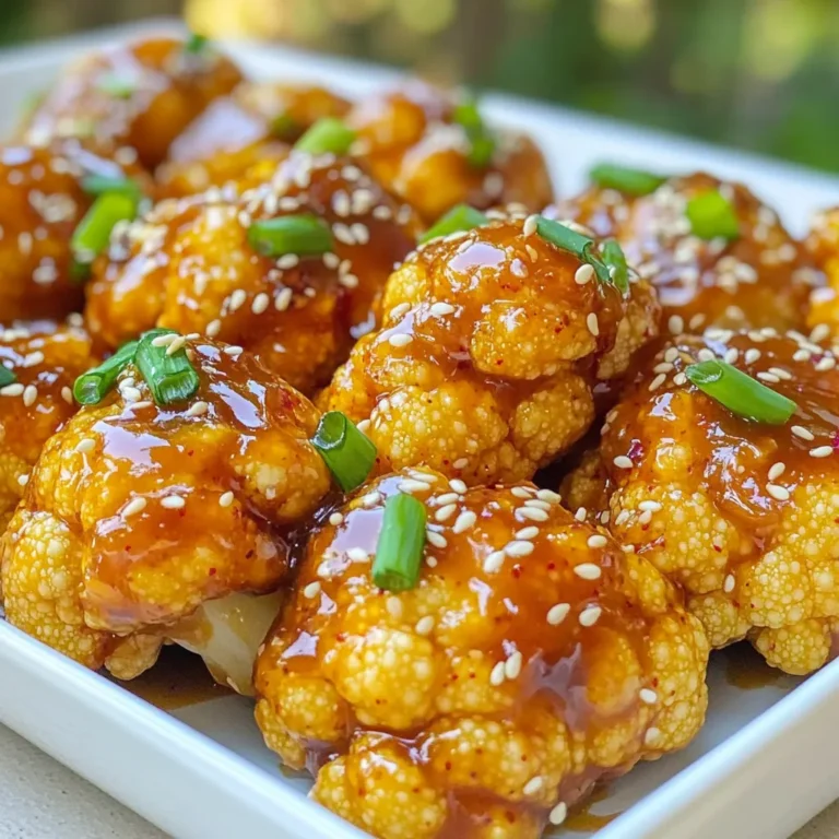 - 1 medium head of cauliflower - 1 tablespoon olive oil - 1/2 cup sweet chili sauce - 2 tablespoons soy sauce - 1 teaspoon garlic powder - 1 teaspoon onion powder - 1 teaspoon ginger powder - Salt and pepper to taste - Chopped green onions - Sesame seeds The key to making Air Fryer Sweet Chili Cauliflower is simple. You need fresh ingredients that burst with flavor. The main ingredient here is cauliflower. I love using a medium head because it gives you the best texture. Cut it into bite-sized florets so each piece cooks evenly. Next up, olive oil is your best friend. It helps the cauliflower crisp up nicely in the air fryer. Just one tablespoon is enough to coat the florets. For seasoning, sweet chili sauce steals the show. It adds a perfect balance of sweetness and spice. Pair it with soy sauce for a savory kick. Garlic powder, onion powder, and ginger powder round out the flavor profile. Don’t forget salt and pepper to enhance everything. Finally, for garnishing, I love using chopped green onions. They add a fresh crunch. A sprinkle of sesame seeds adds a nice nutty flavor. This mix not only looks great but makes each bite a tasty treat. To start, preheat your air fryer to 400°F (200°C). This step takes about 5 minutes. Preheating helps cook the cauliflower evenly and gives it a nice crisp. Next, cut one medium head of cauliflower into bite-sized florets. Make sure the pieces are similar in size for even cooking. In a large bowl, add 1 tablespoon of olive oil to the florets. Toss them until they are fully coated in the oil. Now it’s time to add flavor. Pour in 1/2 cup of sweet chili sauce and 2 tablespoons of soy sauce. Sprinkle in 1 teaspoon each of garlic powder, onion powder, and ginger powder. Add salt and pepper to taste. Toss everything together well, so each floret is covered in that tasty mixture. Place the seasoned cauliflower in the air fryer basket. Make sure the florets are in a single layer. You may need to do this in batches. Air fry for 12-15 minutes. Halfway through, shake the basket to help them cook evenly. After 12-15 minutes, check the cauliflower. It should look golden brown and crispy. If you like it extra crispy, add 2-3 more minutes. Keep an eye on it to avoid burning. Once the cauliflower is ready, remove it from the air fryer. Transfer it to a serving dish for a great look. Garnish with chopped green onions and a sprinkle of sesame seeds. This adds color and flavor, making it even more appealing. To get your cauliflower crispy, adjust the time. Start with 12 minutes. If you want it crunchier, add 2-3 more minutes. This small change makes a big difference. Shaking the basket halfway is key. It helps the florets cook evenly. Don’t skip this step! You can boost the flavor with extra spices. Try adding smoked paprika for a smoky taste. A pinch of cayenne can add some heat. If you want to switch things up, use honey for sweetness instead of sweet chili sauce. You can also swap soy sauce for coconut aminos for a lighter touch. If you have a lot of cauliflower, cook in batches. This ensures even cooking and crispiness. Place the cooked pieces on a warm plate. Cover them with foil to keep warm while you finish the rest. This way, everyone enjoys hot, crispy bites! {{image_2}} You can switch up the sauce for your Air Fryer Sweet Chili Cauliflower. Try teriyaki sauce for a sweet, savory twist. Honey garlic sauce adds a rich flavor that works great, too. If you want something spicier, add sriracha or a hot chili sauce. Mix it with the sweet chili sauce to get the heat you want. Making this dish vegan is simple. Just check that your sweet chili sauce is vegan-friendly. For gluten-free needs, choose gluten-free soy sauce. You can also lower the calories by using less oil or a lower-calorie sweet chili sauce. This dish pairs well with rice or quinoa for a full meal. You can also serve it with a fresh salad for a lighter option. For drinks, a crisp white wine or sparkling water complements the flavors nicely. If you prefer something non-alcoholic, try a fruity iced tea for a refreshing match. To store leftovers, let the cauliflower cool down first. Place it in an airtight container. This keeps it fresh. The shelf life in the fridge is about 3 to 4 days. For best taste, eat it within that time. For reheating, I recommend using the air fryer again. Set the air fryer to 350°F. Heat for about 5 to 7 minutes. This keeps the cauliflower crispy. Avoid using a microwave, as it can make the cauliflower soggy. If you want to store it longer, freezing works well. Spread the cooled cauliflower on a baking sheet. Freeze for about 1 hour. Then, transfer to a freezer bag. This helps prevent clumping. It lasts up to 3 months in the freezer. To cook after freezing, let it thaw in the fridge overnight. Reheat in the air fryer at 350°F for 8 to 10 minutes. This keeps the texture nice and crunchy. Yes, you can use frozen cauliflower! It saves time and is easy. The main benefit is convenience. However, frozen cauliflower may have more water. This can change the texture. Cook it a little longer to make it crispy. If you don’t have sweet chili sauce, try honey or maple syrup mixed with hot sauce. This mix gives a nice sweet and spicy hit. You can also use sriracha with a bit of sugar for a similar taste. To add heat, use more hot sauce in the mix. You can also add red pepper flakes or cayenne pepper. Start with a little and taste as you go. This lets you control how spicy you want it. Yes, the air fryer is great for many veggies! You can try broccoli, bell peppers, or even zucchini. Just cut them into similar sizes. This helps them cook evenly. Toss them with the same seasonings for a fun mix. Absolutely! Air frying uses less oil, making dishes healthier. It also cooks food faster and keeps it crispy. With air frying, you reduce grease and clean-up time. Plus, it’s less mess than deep frying, which is a big win! This post covered everything you need to make delicious air-fried cauliflower. We talked about key ingredients, step-by-step instructions, and handy tips for the perfect crispy texture. You can customize the flavors with different sauces and adapt recipes for any diet. Storing and reheating your leftovers is easy with the right guidelines. Enjoy experimenting with this tasty dish and make it your own. Air frying lets you enjoy healthier meals without missing out on flavor.