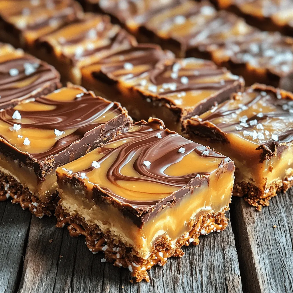 To make Salted Caramel Pretzel Bars, you will need the following items: - 2 cups pretzel sticks, crushed - 1/2 cup unsalted butter, melted - 1/4 cup granulated sugar - 1 cup sweetened condensed milk - 1 cup chocolate chips (semi-sweet or dark) - 1/2 cup caramel sauce (store-bought or homemade) - Sea salt for sprinkling These ingredients come together to create a sweet and salty treat that everyone will love. If you don't have some ingredients, here are easy swaps you can use: - Instead of unsalted butter, use coconut oil for a dairy-free option. - You can swap granulated sugar for brown sugar to add a richer flavor. - If you can't find sweetened condensed milk, you can make your own using milk and sugar. - Use white chocolate chips instead of semi-sweet or dark for a different taste. - For the caramel sauce, you can use maple syrup for a lighter flavor. These substitutes will still give you tasty bars. Use high-quality ingredients for the best flavor. Here are some tips: - Choose fresh pretzels. They should be crunchy but not stale. - Look for good chocolate chips. The better the chocolate, the richer your bars will taste. - If making caramel sauce, try to use pure sugar and natural butter. This makes a big difference in taste. - Always check the expiration date on sweetened condensed milk. You want it fresh for the best flavor. Using quality ingredients makes your Salted Caramel Pretzel Bars even more delicious! To start, gather your pretzel sticks. You need 2 cups, crushed. Place them in a large mixing bowl. Add 1/2 cup of melted unsalted butter and 1/4 cup of granulated sugar. Mix until the pretzels are well coated. This mixture is the base of your bars. It should feel crumbly yet hold together when pressed. Next, take a lined 9x9 inch baking pan. Pour the pretzel mixture into the pan. Use the back of a measuring cup to press it down firmly. Make sure it forms an even layer across the bottom. This step is key for a sturdy bar. Now, let’s make the chocolate layer. In a saucepan, combine 1 cup of sweetened condensed milk with 1 cup of chocolate chips. Use low heat and stir constantly. This keeps the chocolate from burning. Continue stirring until the chocolate is completely melted and smooth. Once melted, pour this chocolate mixture over the pressed pretzel base. Use a spatula to spread it evenly. This layer adds richness and a nice contrast to the salty pretzel base. It’s time to add the caramel! Drizzle 1/2 cup of caramel sauce over the chocolate layer. Use a knife or toothpick to swirl it gently. This creates a pretty marbled effect. Next, sprinkle sea salt generously over the top. This salt enhances the sweet and salty flavors. Finally, cover the pan and refrigerate for at least 2 hours. This lets the bars firm up. Once set, lift the bars out using the parchment paper. Cut them into squares or rectangles as you prefer. Enjoy your salted caramel pretzel bars! When making Salted Caramel Pretzel Bars, watch out for a few common pitfalls. First, do not overmix the pretzel base. Mixing too much can lead to a crumbly crust. Second, ensure that your chocolate mixture is smooth. If it is chunky, it won’t spread well. Stir continuously over low heat to avoid burning. Lastly, let the bars chill long enough. If you cut them too early, they will not hold together. To take your bars to the next level, consider some tasty add-ins. Try mixing in a handful of chopped nuts for crunch. Pecans or almonds work great. You can also add a layer of peanut butter for extra creaminess. For a fun twist, toss in some mini marshmallows. They add a nice chewy texture and flavor contrast. Presentation matters, even for no-bake treats! Once your bars are set, cut them into neat squares or rectangles. Drizzle extra caramel on top for a beautiful finish. A sprinkle of sea salt enhances the flavor and looks great too. Serve them chilled on a nice platter. You can even top them with fresh fruit for color and taste. {{image_2}} You can make salted caramel pretzel bars even more fun with toppings. Here are some ideas: - Chopped nuts: Add almonds, pecans, or peanuts for crunch. - Mini marshmallows: These add a chewy texture and sweetness. - Crushed candies: Use M&Ms or toffee bits for a pop of color and flavor. - Drizzled chocolate: A white or milk chocolate drizzle makes it extra special. Feel free to mix and match these toppings. They will add great flavor and texture. If you want to change the chocolate flavor, try these swaps: - Milk chocolate: Use this for a sweeter taste. - White chocolate: This gives a creamier flavor. - Dark chocolate: Choose this for a rich, bold taste. - Peanut butter chips: These add a nutty twist. Each option brings its own flavor. Choose what you love most. You can switch up the base for your bars, too. Here are some fun ideas: - Graham cracker crumbs: These add a sweet and buttery taste. - Rice cereal: This gives a light and crispy texture. - Crushed cookies: Use Oreos or chocolate wafers for a unique flavor. Each base option changes the whole feel of the bars. Try different ones to find your favorite! To store your salted caramel pretzel bars, place them in an airtight container. You can layer parchment paper between the bars to prevent sticking. Keep the container in the fridge for best results. This way, they stay fresh and tasty. If you follow these steps, your bars will maintain their flavor and texture. You can also freeze these bars for later enjoyment. First, cut them into squares. Then wrap each piece in plastic wrap. Place the wrapped bars in a freezer-safe bag or container. Be sure to remove as much air as possible. You can freeze them for up to three months. When you're ready to eat, thaw them in the fridge overnight. These salted caramel pretzel bars last about a week in the fridge. The flavors deepen as they sit, making them even more delicious. If stored correctly, they will stay great for a longer time. Just remember to check for any signs of spoilage before enjoying. Always keep your bars sealed tight to maintain freshness. Yes, you can make these bars vegan. Start by using vegan butter instead of regular butter. For the chocolate, choose dairy-free or dark chocolate chips. Use coconut cream or a plant-based sweetened condensed milk for a creamy texture. This way, you keep the same sweet and salty taste without any animal products. Absolutely! You can mix in different nuts or candies. Try using chopped almonds, pecans, or walnuts for a new twist. If you want to add candy, mini M&Ms or crushed Oreos work well. Just make sure to adjust the amount to keep the balance of flavors. You will know the bars are set when they feel firm to the touch. After refrigerating for at least 2 hours, check the edges. They should pull away from the pan a bit. You can also gently press the center; it should not feel sticky. Once they are firm, they are ready to cut into squares. This blog post covered the key steps to make salted caramel pretzel bars. We reviewed the best ingredients and how to substitute them. I shared tips for quality, common mistakes, and ways to enhance flavor. You now have ideas for variations and how to store your bars. Remember, making treats like these should be fun! Enjoy the process and get creative with your toppings. Happy baking!
