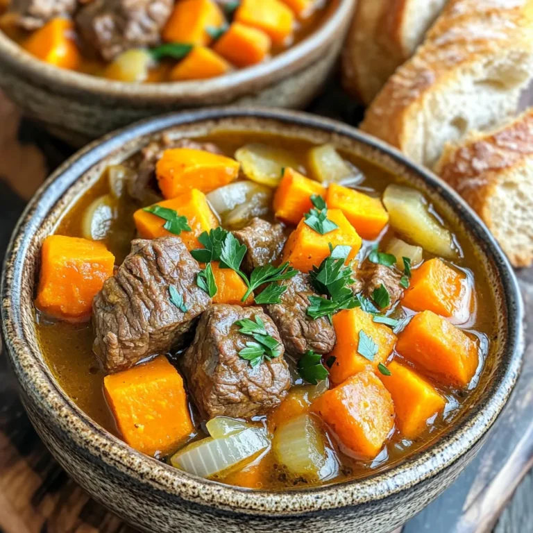 - 2 lbs beef chuck, cut into 1-inch cubes - 2 medium sweet potatoes, peeled and diced - 3 carrots, sliced - 1 onion, chopped - 3 cloves garlic, minced - 4 cups beef broth (low-sodium) - 1 cup diced tomatoes (canned) - 2 tablespoons tomato paste - 1 tablespoon Worcestershire sauce - 1 teaspoon dried thyme - 1 teaspoon dried rosemary - 1 teaspoon smoked paprika - 2 tablespoons olive oil - Salt and pepper to taste This beef stew is hearty and filling. The beef chuck gives it great flavor and tenderness. Sweet potatoes add a lovely sweetness that balances the dish. Carrots and onions add more depth. Garlic rounds it all out with its rich aroma. For liquids, I use low-sodium beef broth for a robust base. Canned diced tomatoes and tomato paste add a nice acidity and thickness. Worcestershire sauce brings a hint of umami that enhances all the flavors. The seasonings enhance the dish further. Dried thyme and rosemary bring earthiness. Smoked paprika adds a subtle smokiness. Olive oil helps in cooking the beef and brings richness. Salt and pepper finish the dish by elevating all the flavors. This combination of ingredients makes a stew that warms the heart and satisfies the belly. Searing the beef cubes To start, heat 2 tablespoons of olive oil in a large skillet on medium-high heat. Season 2 pounds of beef chuck cubes with salt and pepper. Sear the beef cubes for 3 to 4 minutes on each side. This step locks in flavor and adds a nice brown crust. Seasoning tips for best flavor Use a good pinch of salt and a few cracks of black pepper. You can also add dried herbs like thyme and rosemary directly to the beef while searing. This enhances the taste right from the start. Chopping and prepping sweet potatoes and carrots Peel and dice 2 medium sweet potatoes into bite-sized pieces. Slice 3 carrots into rounds. The sweet potatoes will add creaminess, and the carrots will provide sweetness. Add these vegetables to the slow cooker. How to add aromatics Chop 1 onion and mince 3 cloves of garlic. Add them to the slow cooker with the sweet potatoes and carrots. These aromatics create a rich base for the stew. Combining the ingredients in the slow cooker Once the beef is browned, transfer it to the slow cooker on top of the veggies. Pour in 4 cups of low-sodium beef broth. Add 1 cup of canned diced tomatoes, 2 tablespoons of tomato paste, and 1 tablespoon of Worcestershire sauce. Sprinkle in 1 teaspoon each of dried thyme, dried rosemary, and smoked paprika. Stir gently to combine. Cooking times for low and high settings Cover the slow cooker. Cook on low for 6 to 8 hours or on high for 4 to 5 hours. The beef should be tender, and the sweet potatoes soft. Check for doneness by tasting the meat and vegetables. Searing the beef is key. It adds rich flavor and depth. When you brown the beef, it creates a nice crust. This step helps lock in juices. I recommend using fresh herbs when possible. They bring bright flavors that dried herbs can’t match. If you use dried herbs, remember they are stronger. So, use less than fresh ones. If your stew is too thin, you can use a thickener. Cornstarch mixed with water works well. Stir it in and cook for a few more minutes. If your stew is too thick, just add more beef broth. Stir it well until you reach the right texture. Serving the stew in rustic bowls makes it feel special. Top each bowl with fresh parsley for color. A sprinkle of black pepper adds a nice touch. Pair it with crusty bread for dipping. This not only improves the look but also the taste of your meal. {{image_2}} You can change the beef for several options. Turkey works well and is leaner. If you want a vegetarian dish, try using mushrooms or jackfruit. Both mimic beef's texture. For veggies, feel free to swap sweet potatoes for squash or turnips. Carrots can be replaced with parsnips or even cauliflower. Use what you have or what is in season. If you need gluten-free stew, check your broth and tomato paste. Many brands offer gluten-free options. You can also use cornstarch to thicken instead of flour. For low-carb variations, skip the sweet potatoes. Use cauliflower instead, adding a similar texture without the carbs. This keeps your stew hearty and satisfying. To spice up your stew, add a pinch of cayenne or a dash of hot sauce. This gives it a nice kick. You can also mix in beans or lentils for extra protein. This not only thickens the stew but also adds great flavor. Experiment with spices like cumin or coriander for a unique twist. To store your leftover stew, let it cool first. This helps keep it fresh. Once cool, transfer it to an airtight container. It should last in the fridge for about 3 to 4 days. If you won't eat it that soon, it's best to freeze. To freeze the stew, use a freezer-safe container or bag. Make sure to leave some space for the stew to expand. It will keep well for up to 3 months. When you are ready to eat it, take it out of the freezer and put it in the fridge overnight to thaw. For a quicker method, you can thaw it in the microwave. When reheating, use a pot on the stove or a microwave. If using the stove, heat over medium until warm. Stir often to keep it from sticking. If using the microwave, heat in short bursts, stirring in between. This will help keep the flavors and texture nice. Enjoy your stew warm, just like the first time! This stew cooks in a slow cooker for 6-8 hours on low or 4-5 hours on high. This helps the beef become tender and the sweet potatoes soft. Choose the low setting if you want a rich flavor that develops over time. If you're short on time, the high setting works well too. Yes, you can make this stew ahead of time. It stores well in the fridge for up to three days. To prep, let the stew cool completely before storing it in an airtight container. You can also freeze it for up to three months. Just thaw it overnight before reheating. You can serve this stew with crusty bread for dipping. A simple green salad pairs nicely too. Rice or mashed potatoes can also be great sides. For a fresh touch, add a side of steamed vegetables. Each option balances the hearty stew well. This blog post covered how to make a hearty slow cooker beef and sweet potato stew. We explored key ingredients like beef chuck, sweet potatoes, and spices. I shared step-by-step tips for prep, cooking, and enhancing flavor. You can adjust the recipe with different ingredients to suit your taste or dietary needs. Lastly, we discussed how to properly store leftovers for later enjoyment. Keep this guide handy as you cook, and enjoy your delicious stew any time!