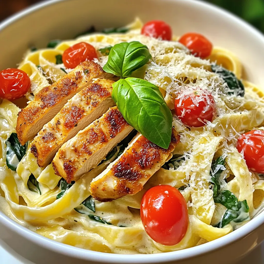 - 2 boneless, skinless chicken breasts - 8 oz fettuccine pasta - 2 tablespoons olive oil - 3 cloves garlic, minced - 1 cup cherry tomatoes, halved - 1 cup spinach (fresh or frozen) - 1 cup heavy cream - 1/2 cup grated Parmesan cheese - 1 teaspoon Italian seasoning - Salt and pepper to taste - Fresh basil leaves for garnish When making creamy Tuscan chicken pasta, you start with the main ingredients. First, the boneless, skinless chicken breasts bring a hearty flavor. The fettuccine pasta adds a nice texture. Olive oil gives a rich base. Garlic adds aroma and taste. Next, we have the additional ingredients. Cherry tomatoes bring sweetness and color. Spinach adds a burst of freshness. Heavy cream creates that creamy texture we love. Grated Parmesan cheese enhances the flavor with its salty notes. Finally, seasoning is key. Italian seasoning gives that classic Italian taste. You can adjust salt and pepper to your liking. Fresh basil leaves brighten up the dish and make it look appealing. Enjoy these ingredients as you create a meal that is both simple and tasty! To start, fill a large pot with water. Add salt to the water. Bring the water to a boil. Next, add the fettuccine pasta. Cook it until al dente, which takes about 8 to 10 minutes. Once it's done, drain the pasta. Remember to save about 1/2 cup of the pasta water. While the pasta cooks, take the chicken breasts. Season them with salt, pepper, and Italian seasoning. Heat olive oil in a large skillet over medium-high heat. Add the chicken to the skillet. Cook each side for 6 to 7 minutes or until golden brown. When cooked, remove the chicken and let it rest for a few minutes. Slice the chicken into strips. In the same skillet, add minced garlic and halved cherry tomatoes. Sauté them for 2 to 3 minutes. This softens the tomatoes. Then, add spinach to the skillet. Cook until it wilts, which takes about 1 to 2 minutes. Now, pour in the heavy cream and stir well. Let it simmer for a few minutes until it thickens slightly. Finally, add grated Parmesan cheese. Stir until it melts and becomes creamy. Now, add the cooked fettuccine and sliced chicken back into the skillet. Toss everything gently to coat in the creamy sauce. If the sauce feels too thick, add some reserved pasta water. This helps adjust the sauce's consistency. Taste the dish and add more salt and pepper if needed. Enjoy your creamy Tuscan chicken pasta! To keep your chicken juicy, start with room temperature meat. Season it well with salt, pepper, and Italian seasoning. Cook it on medium-high heat for about 6-7 minutes per side. This will make it nice and golden brown. Let the chicken rest before slicing it. This helps the juices stay inside. When cooking pasta, always use a large pot. Boil salted water before adding the fettuccine. Cook it until al dente, which means it should be firm but not hard. This pasta will blend well with the creamy sauce. If you want to adjust the creaminess, start with the heavy cream. You can add more or less, depending on your taste. If the sauce is too thick, add a bit of the reserved pasta water. This will help reach your desired thickness. To enhance flavor, use fresh herbs like basil or parsley. You can also try adding more Italian seasoning or even some crushed red pepper for a kick. Pair your creamy Tuscan chicken pasta with a simple salad or garlic bread. These sides add freshness and crunch. For a nice presentation, serve the pasta in bowls and sprinkle with extra Parmesan and fresh basil. This makes the dish look as good as it tastes! {{image_2}} You can easily change the main protein in this dish. Shrimp adds a nice twist. Just sauté shrimp in olive oil until pink. You can also use salmon for a richer flavor. It cooks quickly and pairs well with the creamy sauce. If you want a vegetarian option, try using chickpeas or tofu. Both soak up flavors well. They add protein and make the dish filling. If you want a lighter sauce, use half-and-half instead of heavy cream. This will cut calories but keep it creamy. You can also add Greek yogurt for a tangy flavor. Tomato-based sauces offer a fresh take. Try adding crushed tomatoes to the garlic and spinach mix. This gives a nice color and flavor contrast. For gluten-free pasta, use brown rice or chickpea pasta. Both options work well with the creamy sauce. They have great texture and taste. You can also try different pasta shapes. Penne or rigatoni are fun alternatives. Their grooves hold the sauce nicely, making each bite delicious. To keep your creamy Tuscan chicken pasta fresh, use airtight containers. Glass or plastic containers work well. Make sure the pasta is cool before sealing it. Store the leftovers in the fridge. They will stay good for up to three days. You can reheat your pasta in two ways: by microwaving or on the stovetop. For microwaving, place the pasta in a bowl and cover it. Heat in short bursts, stirring often. For stovetop, add a splash of water to a pan and heat on low. Stir frequently to avoid sticking. This helps keep the texture smooth and creamy. If you want to freeze your pasta, let it cool completely first. Divide it into portions and use freezer bags. Press out the air and seal tightly. This keeps the quality high. When ready to eat, thaw it overnight in the fridge. Reheat gently on the stove. Add a bit of cream or pasta water to revive the sauce. To make creamy Tuscan chicken pasta from scratch, start by cooking the fettuccine. Boil salted water, then cook the pasta until it is al dente. In a skillet, heat olive oil and cook seasoned chicken breasts until golden. Remove the chicken and add minced garlic and halved cherry tomatoes to the skillet. Sauté for a few minutes, then stir in spinach. Next, pour in heavy cream and add grated Parmesan. Combine everything with the cooked pasta and chicken. Yes, you can prepare creamy Tuscan chicken pasta in advance. Cook the pasta and the sauce separately. Store them in airtight containers. When you are ready to eat, reheat the sauce and pasta together. This keeps the dish fresh and tasty. If you need a substitute for heavy cream, consider using half-and-half or whole milk. You can also blend silken tofu for a dairy-free option. Coconut cream is another great choice that adds a unique flavor. Yes, creamy Tuscan chicken pasta is kid-friendly. The flavors are mild and comforting. Kids often enjoy pasta, and you can adjust the seasonings to suit their taste. To make creamy Tuscan chicken pasta spicier, add red pepper flakes to the sauce. You can also use a spicy Italian sausage instead of chicken. For an extra kick, try diced jalapeños or a splash of hot sauce for heat. This article covered everything you need to make creamy Tuscan chicken pasta. You learned about the main ingredients, step-by-step cooking instructions, and helpful tips. I shared ways to customize the recipe and how to store leftovers. Remember, cooking should be fun and easy. Don’t hesitate to try your own twists. Enjoy your delicious creation with friends or family! Keep exploring new flavors to make your meals exciting.