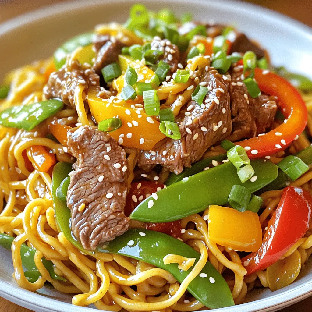 - 8 oz egg noodles or lo mein noodles - 1 lb beef sirloin, thinly sliced - 2 tablespoons soy sauce - 1 tablespoon oyster sauce (optional) - 1 tablespoon chili paste or sriracha (adjust to taste) - 2 tablespoons vegetable oil - 2 cloves garlic, minced - 1 inch ginger, grated - 1 bell pepper, thinly sliced (any color) - 1 cup snap peas - 3 green onions, chopped - Salt and pepper to taste - Sesame seeds for garnish When making Spicy Beef Lo Mein, the key is in the ingredients. These items create the rich flavors we love. If you can't find beef sirloin, flank steak works great. You can also swap the egg noodles for rice noodles or even whole wheat noodles for a healthier option. - Wok or large skillet - Cooking utensils (spatula or tongs) - Cutting board and knife - Medium bowl for marinating Using a wok helps with even cooking. If you don't have one, a large skillet works just fine. For cutting, a sharp knife is essential. If you want, a mandoline slicer can help you slice the vegetables thinly and evenly, making them cook faster. To cook your egg noodles or lo mein noodles, follow these steps: - Boil a large pot of water. - Add a pinch of salt to the water. - Place the noodles in the pot and cook according to the package. - Stir the noodles occasionally to prevent sticking. - Once they are tender, drain them in a colander. - Rinse with cold water to stop cooking. - Set the noodles aside for later. Cooking them right will make your dish taste great. Properly cooked noodles are the base for a tasty meal. To marinate your beef, you need a few simple steps: - In a medium bowl, combine the sliced beef with: - 2 tablespoons soy sauce - 1 tablespoon oyster sauce (optional) - 1 tablespoon chili paste or sriracha (adjust to taste) - Use your hands or a spoon to toss the beef until it is well coated. - Let the beef marinate for about 15 minutes. - This step adds flavor and helps keep the beef tender. Marinating makes your beef juicy and full of flavor. Don't skip this step! Stir-frying is quick and fun. Here’s how to do it right: - Heat a large skillet or wok over medium-high heat. - Add 1 tablespoon of vegetable oil. - Wait until the oil is hot. - Add the marinated beef and stir-fry for about 3-4 minutes. - Remove the beef and set it aside. - In the same skillet, add 1 more tablespoon of oil. - Add minced garlic and grated ginger; stir-fry for 30 seconds. - Next, toss in the bell pepper and snap peas. - Stir-fry them for about 2-3 minutes. They should be crisp. - Return the beef to the skillet. - Add the drained noodles and toss everything together gently. - Season with salt and pepper, then stir in chopped green onions. Stir-frying gives your dish that classic taste. Keep the heat high for the best results! - For a bold taste, use 2 cloves of garlic and 1 inch of ginger. - Adjust heat by adding more chili paste or sriracha. Start with a teaspoon for mild spice. - Use high heat for stir-frying. This keeps beef tender and veggies crisp. - Cook beef for 3-4 minutes until no longer pink. Remove it to keep it juicy. - Stir-fry garlic and ginger for just 30 seconds. This brings out strong flavors. - Add bell pepper and snap peas next. Cook for 2-3 minutes until they’re bright and crunchy. By following these tips, you’ll enhance the flavor and texture of your Spicy Beef Lo Mein. Enjoy every bite! {{image_2}} You can change proteins in this dish to suit your taste. Use chicken instead of beef. Simply slice chicken breast thin and marinate it like the beef. Tofu is another great option. Firm tofu works best. Cut it into cubes and add it when you stir-fry the veggies. Both options provide tasty and healthy twists. Feel free to mix up the vegetables. You can add broccoli for crunch. Carrots add a nice sweetness when sliced thin. Mushrooms bring a rich umami flavor that pairs well. You can also use bok choy for a touch of greens. Each veggie choice adds a new texture and flavor to your dish. Adjust the sauce to fit your spice level. If you like it milder, reduce the chili paste. For more heat, add extra sriracha or a dash of red pepper flakes. You can also mix in some hoisin sauce for a sweet touch. Each blend changes the flavor, making your lo mein unique each time. To keep your spicy beef lo mein fresh, let it cool first. Once cool, place it in an airtight container. Make sure to store it in the fridge. This way, it can last up to three days. When you're ready to eat, reheat it in a skillet. Add a splash of water to help it steam. This keeps the noodles moist and tasty. Stir it well while heating to ensure even warmth. If you want to save some for later, freezing is a great option. First, let the lo mein cool completely. Then, pack it into freezer-safe containers. Leave some space at the top, as it will expand when frozen. You can freeze it for up to three months. To reheat, thaw it in the fridge overnight. After that, heat it in a skillet like before. This method keeps the flavors and textures intact. Yes, you can use different noodles. While I recommend egg noodles or lo mein noodles, other options work well too. You can try: - Spaghetti: A common substitute, it cooks easily and absorbs flavors. - Rice noodles: Great for a gluten-free option, just soak them first. - Soba noodles: These buckwheat noodles add a nutty taste. Each noodle type has its own texture, so choose one that you enjoy. Absolutely! This recipe is perfect for meal prep. You can cook it in advance and store it. Here are some tips: - Cook the noodles and beef: Prepare both and let them cool before storing. - Separate containers: Store noodles, beef, and veggies in separate containers to keep them fresh. - Reheat gently: When ready to eat, reheat on the stove or microwave. Add a splash of water to keep it moist. This will save you time on busy days. If you don’t have oyster sauce, don’t worry! There are tasty alternatives: - Soy sauce: Use extra soy sauce for a similar salty flavor. - Hoisin sauce: This is sweeter and adds depth to your dish. - Mushroom sauce: Great for a vegetarian option, it has umami flavor. Feel free to experiment and find what works best for you! In this post, we explored the key ingredients and tools for making spicy beef lo mein. I outlined step-by-step cooking instructions and shared helpful tips for enhancing flavor. You can customize your dish with different proteins and veggies. Lastly, I provided storage tips for leftovers and answered common questions. Remember, cooking is about creativity and fun. Use this recipe as a base and make it your own! Enjoy your tasty meal!