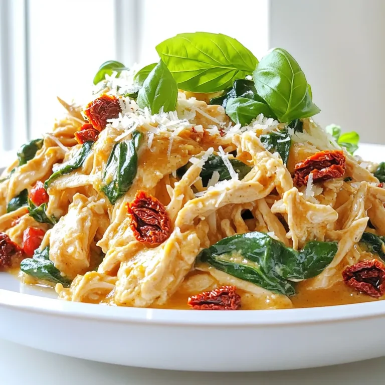 - 4 boneless, skinless chicken breasts - 1 cup sun-dried tomatoes, chopped - 1 cup cherry tomatoes, halved - 1 cup spinach, chopped The main ingredients create a rich, vibrant dish. The chicken is the star here, juicy and tender, soaking up all the flavors. Sun-dried tomatoes add a sweet, tangy punch. Cherry tomatoes burst with freshness, while spinach adds color and nutrients. - 1 cup heavy cream - Coconut cream for a dairy-free option For creaminess, I recommend heavy cream. It blends well with the other flavors. If you're dairy-free, coconut cream works great, giving a nice hint of sweetness. Both options make the sauce rich and delicious. - 4 cloves garlic, minced - 1 teaspoon Italian seasoning - 1 teaspoon salt - 1 teaspoon black pepper - Grated Parmesan cheese for serving (optional) - Fresh basil leaves for garnish Garlic adds depth to the dish. Italian seasoning brings warmth and comfort. Salt and black pepper enhance all the flavors. For a finishing touch, sprinkle some grated Parmesan on top. Fresh basil leaves also add a pop of color and a fresh taste. These seasonings and garnishes turn a simple meal into a gourmet experience. - First, heat olive oil in a skillet over medium heat. - Next, add minced garlic and sauté it for about 1-2 minutes until it smells great. - Then, season the chicken breasts with salt, pepper, and Italian seasoning. - Place the chicken in the skillet and sear it on both sides for about 3-4 minutes. This adds a nice brown color and flavor. - After searing, transfer the chicken to the slow cooker. - Layer the chicken with the chopped sun-dried tomatoes, halved cherry tomatoes, and chopped spinach. - Pour the cream evenly over the chicken and vegetables, covering them well. - Cook on low for 6-7 hours for tender chicken. - If you're short on time, cook on high for 3-4 hours. - Always check if the chicken is fully cooked. It should be at least 165°F (75°C) inside. Use a meat thermometer for best results. Searing the chicken first gives it color and depth. This step adds a nice crust, making the dish more flavorful. If you skip it, the dish will still taste good, but it won't have that extra richness. When it comes to herbs, fresh herbs make a big difference. They add bright and vibrant flavors. Dried herbs work too, but they lack the same punch. If you use dried herbs, add a bit more to get a similar taste. To shred chicken, use two forks. Hold one fork in each hand and pull the chicken apart. This method helps keep the chicken tender and juicy. You can also use a stand mixer with a paddle attachment for quick shredding. If you want a thicker sauce, try these options: - Mix in a bit of cornstarch with water. - Stir in some grated cheese. - Let the sauce cook longer with the lid off. These methods will give you a creamier and richer sauce. Pair this dish with pasta, rice, or crusty bread. Each option soaks up the sauce well and adds a nice touch. Steamed vegetables or a fresh salad also work great on the side. For wine, try a crisp white wine like Pinot Grigio. The light flavors complement the chicken nicely. A light red, like a Chianti, can also match well with the dish. {{image_2}} You can switch the chicken breasts for thighs. Thighs have more fat, which gives them a richer taste. They stay juicy during cooking, making them a great choice. If you want a vegetarian dish, use chickpeas or tofu. Both options soak up flavors well and add protein. For a dairy-free option, use coconut cream. It adds a nice tropical taste and keeps the dish creamy. You can also add more veggies. Consider carrots, bell peppers, or zucchini. They add color and nutrients without changing the dish's essence. To change the flavor, try different herbs. Fresh thyme or oregano can give a new twist. If you like heat, add chili flakes. They enhance the dish's flavor and add a spicy kick. Experiment with these options to find your favorite version of Slow Cooker Tuscan Chicken! After making Slow Cooker Tuscan Chicken, store leftovers in the fridge. First, let the dish cool down. Then, place it in airtight containers. This helps keep the chicken fresh and tasty. Use glass or plastic containers with tight lids. They work well for storing food safely. To freeze the dish, let it cool completely. Next, transfer it to freezer-safe bags or containers. Remove as much air as possible to avoid freezer burn. Label the bags with the date. When you're ready to eat, thaw the chicken in the fridge overnight. Reheat it slowly on the stove or in the microwave. Make sure it reaches a safe temperature before serving. In the refrigerator, Slow Cooker Tuscan Chicken stays fresh for about 3 to 4 days. Always check for signs of spoilage. If you see mold or smell something off, it's best to throw it away. Proper storage helps ensure you enjoy this dish at its best! Yes, you can use frozen chicken breasts. If using frozen chicken, add extra cooking time. Cook on low for about 8 hours or high for 4-5 hours. Do not thaw before cooking. This method ensures your chicken cooks properly and stays juicy. To make Slow Cooker Tuscan Chicken dairy-free, use coconut cream. It has a similar texture to heavy cream. You can also use almond milk or oat cream, but these may change the flavor slightly. Just be sure to adjust the amount for consistency. This dish pairs well with several sides. Here are a few great options: - Rice: White or brown rice absorbs the sauce well. - Pasta: Toss cooked pasta in the sauce for a hearty meal. - Bread: Crusty bread is perfect for soaking up the flavors. - Salad: A fresh green salad adds a nice crunch. Choose any of these sides for a balanced and satisfying meal! In this blog post, we explored the delicious Slow Cooker Tuscan Chicken. We discussed key ingredients like chicken, sun-dried tomatoes, and cream. I shared step-by-step instructions for cooking and tips for great flavor. Remember, this dish offers many variations, from protein swaps to dairy-free options. With proper storage, leftovers stay fresh and tasty. Enjoy this tasty meal and make it your own! I hope you dive in and savor every bite.