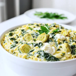 Here’s what you need to make this creamy spinach artichoke orzo. Gather these simple ingredients: - 1 cup orzo pasta - 2 cups fresh spinach, chopped - 1 can (14 oz) artichoke hearts, drained and quartered - 1 cup vegetable broth - 1 cup heavy cream - 1 cup cream cheese, softened - 1 cup shredded mozzarella cheese - 1 tablespoon olive oil - 2 cloves garlic, minced - 1 teaspoon dried oregano - Salt and pepper to taste - Fresh parsley, chopped (for garnish) These ingredients come together to create a rich and flavorful dish. The orzo pasta serves as a great base. It cooks quickly and absorbs flavors well. Fresh spinach adds a nice color and nutrition. Artichoke hearts give a tangy taste, while cream cheese and heavy cream bring that creamy goodness. Don’t worry if you’re new to cooking! This recipe is simple and quick. Each ingredient plays a key role in the dish. You can swap out or add some items to fit your taste. For example, you can try different cheeses or add herbs. Enjoy the process of cooking! First, I heat one tablespoon of olive oil in a large pot over medium heat. Once the oil shimmers, I add two cloves of minced garlic. I sauté the garlic for about one to two minutes until it smells great. Next, I toss in one cup of orzo pasta. I stir it well to coat with the olive oil. I let it cook for another two minutes to get a nice flavor. After that, I pour in one cup of vegetable broth. I bring the mixture to a boil. Once it boils, I reduce the heat, cover the pot, and let it simmer for eight to ten minutes. I check it often to make sure the orzo cooks evenly. I want the orzo to be al dente, which means it should still have a little bite to it. Once the orzo is ready, I lower the heat to keep it warm. I add one cup of heavy cream and one cup of softened cream cheese. I stir until the cream cheese melts into the mix. Then, I add two cups of chopped fresh spinach and one can of drained and quartered artichoke hearts. I also add one teaspoon of dried oregano and one cup of shredded mozzarella cheese. I mix everything well and let it cook for another three to five minutes. I do this until the spinach wilts and the dish is creamy. Finally, I season with salt and pepper to taste. I take it off the heat and let it sit for a couple of minutes to thicken. To make your orzo creamy, adjust the cream quantities. If you want a richer taste, use more heavy cream. For a lighter dish, reduce the cream. Always make sure your cream cheese melts properly. Cut it into small pieces before adding it to the pot. This helps it mix in smoothly. Want to spice things up? Add herbs like basil or thyme for a fresh twist. You can also use garlic powder for extra flavor. If you want a different taste, try substituting the mozzarella with feta or goat cheese. These cheeses add a tangy flavor that pairs well with spinach and artichokes. Getting the right orzo texture is key. Stir the orzo often while it cooks to prevent sticking. When it simmers, keep an eye on it. If it gets too thick, add a bit more broth. This keeps it creamy and delicious. Remember to stir in the cream and cheese slowly. This helps everything blend well, making your dish perfect each time. {{image_2}} You can make this dish even heartier by adding protein. If you enjoy meat, try adding cooked chicken or shrimp. Just sauté them separately and mix them in during the creamy stage. For a vegetarian option, use chickpeas or lentils. They add protein and make the dish filling. Make sure to rinse and drain canned beans before adding them. This keeps the flavors bright and fresh. Want to increase the nutrients? You can add more vegetables. Zucchini, bell peppers, or peas work great. Just chop them small and throw them in when the orzo simmers. You can also swap in seasonal veggies. Use asparagus in spring or butternut squash in fall. Each season brings new flavors. Explore what’s fresh at your local market and experiment. If you need gluten-free options, look for gluten-free orzo. Many brands offer tasty choices. Make sure to follow the cooking time on the package. For a dairy-free version, substitute cream cheese and heavy cream with coconut cream or a dairy-free cream alternative. Nutritional yeast can add a cheesy flavor without dairy. Adjust the seasoning to balance the flavors. To keep your creamy spinach artichoke orzo fresh, store it in an airtight container. This helps prevent the dish from drying out. Place it in the fridge right after it cools down. It lasts about 3 to 4 days in the fridge. If you want to enjoy it later, don’t wait too long! You can reheat your orzo in two ways: the microwave or on the stove. If you use the microwave, place it in a bowl and cover it. Heat for about 1-2 minutes, stirring halfway through. For stove-top reheating, put it in a pan over low heat. Stir it often to keep it creamy. Add a splash of cream or broth if it seems too thick. If you have extras, freezing is a great option. Let it cool to room temperature, then transfer it to a freezer-safe container. It can stay in the freezer for about 2-3 months. When you’re ready to eat, thaw it in the fridge overnight. Reheat it on the stove or in the microwave as mentioned above to enjoy the creamy goodness again! Yes, you can make this dish ahead of time. Just cook it as normal, then cool it. Store it in the fridge for up to three days. When you are ready to eat, reheat it on the stove or in the microwave. Add a splash of cream if it seems dry. If you don’t have cream cheese, try using Greek yogurt or sour cream. These will give a nice tang and creaminess. You can also use ricotta cheese for a different flavor. Absolutely! This creamy spinach artichoke orzo is great for meal prep. It holds up well in the fridge. Just portion it out into containers. It makes a quick lunch or dinner option throughout the week. To add spice, mix in some red pepper flakes or diced jalapeños. You can also use spicy cheese if you like. Start small, then taste it. Adjust until it’s just right for you. Yes, you can use frozen spinach. Just thaw it and squeeze out extra water. Add it to the pot at the same stage as fresh spinach. It will cook just fine and still taste delicious. This blog post covered a creamy orzo dish that is easy to make and customize. You learned about the key ingredients, step-by-step cooking instructions, and tips to perfect your meal. We also discussed variations and how to store your leftovers. Experiment with different proteins and veggies to make it your own. Whether you enjoy it fresh or as leftovers, this dish is sure to satisfy. Start cooking today and enjoy a delightful meal!