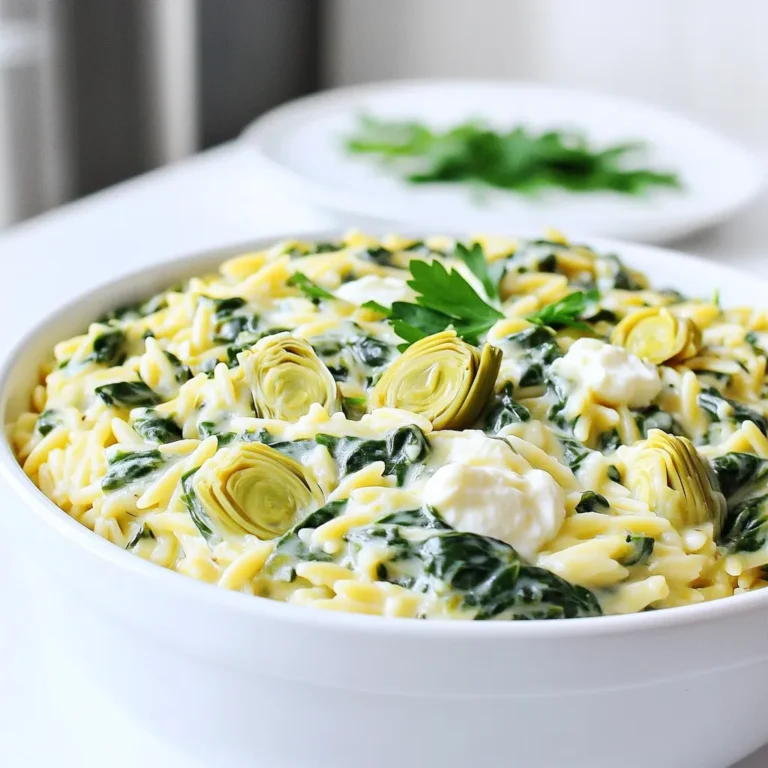 Here’s what you need to make this creamy spinach artichoke orzo. Gather these simple ingredients: - 1 cup orzo pasta - 2 cups fresh spinach, chopped - 1 can (14 oz) artichoke hearts, drained and quartered - 1 cup vegetable broth - 1 cup heavy cream - 1 cup cream cheese, softened - 1 cup shredded mozzarella cheese - 1 tablespoon olive oil - 2 cloves garlic, minced - 1 teaspoon dried oregano - Salt and pepper to taste - Fresh parsley, chopped (for garnish) These ingredients come together to create a rich and flavorful dish. The orzo pasta serves as a great base. It cooks quickly and absorbs flavors well. Fresh spinach adds a nice color and nutrition. Artichoke hearts give a tangy taste, while cream cheese and heavy cream bring that creamy goodness. Don’t worry if you’re new to cooking! This recipe is simple and quick. Each ingredient plays a key role in the dish. You can swap out or add some items to fit your taste. For example, you can try different cheeses or add herbs. Enjoy the process of cooking! First, I heat one tablespoon of olive oil in a large pot over medium heat. Once the oil shimmers, I add two cloves of minced garlic. I sauté the garlic for about one to two minutes until it smells great. Next, I toss in one cup of orzo pasta. I stir it well to coat with the olive oil. I let it cook for another two minutes to get a nice flavor. After that, I pour in one cup of vegetable broth. I bring the mixture to a boil. Once it boils, I reduce the heat, cover the pot, and let it simmer for eight to ten minutes. I check it often to make sure the orzo cooks evenly. I want the orzo to be al dente, which means it should still have a little bite to it. Once the orzo is ready, I lower the heat to keep it warm. I add one cup of heavy cream and one cup of softened cream cheese. I stir until the cream cheese melts into the mix. Then, I add two cups of chopped fresh spinach and one can of drained and quartered artichoke hearts. I also add one teaspoon of dried oregano and one cup of shredded mozzarella cheese. I mix everything well and let it cook for another three to five minutes. I do this until the spinach wilts and the dish is creamy. Finally, I season with salt and pepper to taste. I take it off the heat and let it sit for a couple of minutes to thicken. To make your orzo creamy, adjust the cream quantities. If you want a richer taste, use more heavy cream. For a lighter dish, reduce the cream. Always make sure your cream cheese melts properly. Cut it into small pieces before adding it to the pot. This helps it mix in smoothly. Want to spice things up? Add herbs like basil or thyme for a fresh twist. You can also use garlic powder for extra flavor. If you want a different taste, try substituting the mozzarella with feta or goat cheese. These cheeses add a tangy flavor that pairs well with spinach and artichokes. Getting the right orzo texture is key. Stir the orzo often while it cooks to prevent sticking. When it simmers, keep an eye on it. If it gets too thick, add a bit more broth. This keeps it creamy and delicious. Remember to stir in the cream and cheese slowly. This helps everything blend well, making your dish perfect each time. {{image_2}} You can make this dish even heartier by adding protein. If you enjoy meat, try adding cooked chicken or shrimp. Just sauté them separately and mix them in during the creamy stage. For a vegetarian option, use chickpeas or lentils. They add protein and make the dish filling. Make sure to rinse and drain canned beans before adding them. This keeps the flavors bright and fresh. Want to increase the nutrients? You can add more vegetables. Zucchini, bell peppers, or peas work great. Just chop them small and throw them in when the orzo simmers. You can also swap in seasonal veggies. Use asparagus in spring or butternut squash in fall. Each season brings new flavors. Explore what’s fresh at your local market and experiment. If you need gluten-free options, look for gluten-free orzo. Many brands offer tasty choices. Make sure to follow the cooking time on the package. For a dairy-free version, substitute cream cheese and heavy cream with coconut cream or a dairy-free cream alternative. Nutritional yeast can add a cheesy flavor without dairy. Adjust the seasoning to balance the flavors. To keep your creamy spinach artichoke orzo fresh, store it in an airtight container. This helps prevent the dish from drying out. Place it in the fridge right after it cools down. It lasts about 3 to 4 days in the fridge. If you want to enjoy it later, don’t wait too long! You can reheat your orzo in two ways: the microwave or on the stove. If you use the microwave, place it in a bowl and cover it. Heat for about 1-2 minutes, stirring halfway through. For stove-top reheating, put it in a pan over low heat. Stir it often to keep it creamy. Add a splash of cream or broth if it seems too thick. If you have extras, freezing is a great option. Let it cool to room temperature, then transfer it to a freezer-safe container. It can stay in the freezer for about 2-3 months. When you’re ready to eat, thaw it in the fridge overnight. Reheat it on the stove or in the microwave as mentioned above to enjoy the creamy goodness again! Yes, you can make this dish ahead of time. Just cook it as normal, then cool it. Store it in the fridge for up to three days. When you are ready to eat, reheat it on the stove or in the microwave. Add a splash of cream if it seems dry. If you don’t have cream cheese, try using Greek yogurt or sour cream. These will give a nice tang and creaminess. You can also use ricotta cheese for a different flavor. Absolutely! This creamy spinach artichoke orzo is great for meal prep. It holds up well in the fridge. Just portion it out into containers. It makes a quick lunch or dinner option throughout the week. To add spice, mix in some red pepper flakes or diced jalapeños. You can also use spicy cheese if you like. Start small, then taste it. Adjust until it’s just right for you. Yes, you can use frozen spinach. Just thaw it and squeeze out extra water. Add it to the pot at the same stage as fresh spinach. It will cook just fine and still taste delicious. This blog post covered a creamy orzo dish that is easy to make and customize. You learned about the key ingredients, step-by-step cooking instructions, and tips to perfect your meal. We also discussed variations and how to store your leftovers. Experiment with different proteins and veggies to make it your own. Whether you enjoy it fresh or as leftovers, this dish is sure to satisfy. Start cooking today and enjoy a delightful meal!