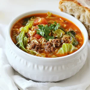 - 1 large head of green cabbage, chopped - 1 lb ground beef (or ground turkey for a leaner option) - 1 cup cooked brown rice - 1 medium onion, diced - 2 cloves garlic, minced - 1 can (14 oz) diced tomatoes (with juice) - 4 cups beef broth - 1 tablespoon Worcestershire sauce - 1 teaspoon dried oregano - 1 teaspoon paprika - Salt and pepper to taste - Fresh parsley, chopped (for garnish) I love how simple yet flavorful this soup is. The star of the dish is the green cabbage. When chopped, it adds a nice crunch and sweetness. Ground beef, or turkey if you prefer, brings in protein and richness. Cooked brown rice adds heartiness and texture. Don't forget the onion and garlic. They give a wonderful base flavor. Diced tomatoes add a bright, tangy note, and beef broth brings it all together. Worcestershire sauce adds a touch of umami. The oregano and paprika give depth and warmth. Finally, season with salt and pepper to balance everything. Add fresh parsley on top before serving. It looks nice and tastes fresh. This blend of ingredients makes a warm, comforting bowl of soup that feels like a hug on a chilly day. To start, take your ground beef and place it in a skillet over medium heat. Cook it until it turns brown and no longer looks pink. This should take about 5 to 7 minutes. Once cooked, drain any extra fat. Set the beef aside for later. Next, grab your large head of cabbage. Chop it into small pieces. You want the pieces to be bite-sized. Then, take your onion and dice it. Finally, mince the garlic cloves. These steps will help your soup cook evenly and taste great. In your slow cooker, start layering the ingredients. First, add the chopped cabbage. Then, add the browned ground beef. After that, sprinkle in the cooked brown rice, diced onion, and minced garlic. This order helps the flavors mix well. Now, pour in the canned diced tomatoes with their juice. Add the beef broth and Worcestershire sauce. Stir everything gently to combine. Then, season your mix with oregano, paprika, salt, and pepper. Taste it and adjust if needed. Cover your slow cooker with its lid. Set it to cook on low for 6 to 8 hours. If you’re short on time, you can also cook it on high for 3 to 4 hours. Either way, the cabbage will become tender and flavorful. As the cooking time nears the end, check for doneness. The cabbage should be soft and the flavors well blended. Before serving, taste the soup one last time. If you feel it needs more seasoning, add it now. This process leads to a warm, hearty meal, ready to enjoy! Adjusting Seasonings to Taste Start with the seasonings listed in the recipe. After cooking, taste the soup. If you want more flavor, add salt, pepper, or extra herbs. For a little kick, try adding red pepper flakes. This soup is yours, so make it how you like! Cooking Time Tips for Best Results For the best flavor and texture, cook the soup on low for 6-8 hours. This allows the cabbage to soften and flavors to blend. If you're short on time, cooking on high for 3-4 hours works too. Just check the cabbage for tenderness before serving. Garnishing with Fresh Parsley When ready to serve, ladle the soup into bowls. Sprinkle fresh parsley on top for color and freshness. This small touch makes your dish look bright and inviting. Pairing Ideas This soup pairs well with crusty bread. It is perfect for dipping! A light salad on the side adds crispness. Try a simple green salad with a light vinaigrette. This balance of flavors makes for a complete meal. {{image_2}} You can change the meat in this soup. Ground turkey works well for a leaner dish. It keeps the soup light but still tasty. If you prefer a meat-free option, try using lentils or mushrooms. Both choices add protein and flavor without meat. Another fun twist is to swap grains. Instead of brown rice, you can use quinoa. Quinoa cooks quickly and adds a nice texture. It also brings a nutty flavor that complements the soup well. To boost the flavor, think about adding spices or herbs. A dash of cumin or a sprinkle of red pepper flakes gives the soup a warm kick. Fresh herbs like basil or thyme add a bright note. Just remember to adjust the amounts to your taste. You can also mix in different vegetables. Carrots add sweetness and color, while celery gives a nice crunch. Try adding bell peppers for a bit of sweetness or zucchini for a soft texture. Each choice makes the soup richer and more satisfying. How do you store leftover soup? First, let the soup cool down. Once cool, pour it into a container. Use a container with a tight lid. This helps keep the soup fresh in your fridge. You can store it for up to four days. When ready to eat, just reheat it on the stove or in the microwave. Recommended container types? Glass containers work great. They don’t stain and are easy to clean. You can also use BPA-free plastic containers. Just make sure they are safe for heat. What are the steps for freezing soup? Start by letting the soup cool completely. Then, pour it into freezer-safe bags. Remove as much air as you can before sealing. This helps prevent freezer burn. Label the bags with the date. You can freeze it for up to three months. How do you reheat frozen soup? First, take the soup out of the freezer. Let it thaw in the fridge overnight. If you’re in a hurry, run the bag under cold water. Once thawed, heat it on the stove or microwave. Stir it well and enjoy! Can I use frozen cabbage for this recipe? Yes, you can use frozen cabbage. It works well in soups. Just add it straight to the slow cooker. Frozen cabbage may have a softer texture, but it will still taste great. How long does the soup last in the fridge? This soup lasts about 3 to 4 days in the fridge. Store it in an airtight container. Make sure it cools down before you put it in the fridge. How to tell when the cabbage is cooked? The cabbage is done when it is tender. You can easily pierce it with a fork. If it feels soft and breaks apart, it is ready to eat. Can I cook this on high heat for a quicker meal? Yes, you can cook it on high. It will take about 3 to 4 hours. Just keep an eye on the cabbage to make sure it cooks well. How many calories per serving? This soup has about 300 calories per serving. The calorie count may change with different meats or added ingredients. What are the health benefits of this soup? This soup is packed with nutrients. Cabbage is high in fiber and vitamins. The ground beef adds protein, while brown rice gives you energy. It's a comforting and healthy meal. This recipe combines easy steps with common ingredients to create a tasty dish. We covered main ingredients like cabbage, ground beef, and rice. I shared tips for cooking in a slow cooker and variations to try. You can even adjust spices or substitute proteins for a healthier option. Remember, cooking should be fun and flexible. Enjoy experimenting with flavors and serving ideas. This soup not only warms the belly but also nourishes the soul. Try it today!