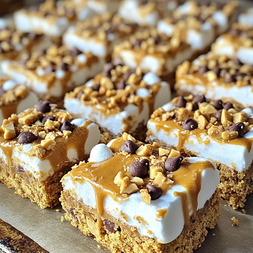 - 1 cup graham cracker crumbs - 1/2 cup creamy peanut butter - 1/4 cup honey or maple syrup - 1/4 teaspoon salt - 1 cup miniature marshmallows - 1/2 cup chocolate chips - 1/4 cup chopped nuts (optional) - 1/2 teaspoon vanilla extract When making Peanut Butter S’mores Bars, we need to gather our ingredients first. Each item plays a role in making this treat both tasty and fun. Graham cracker crumbs form the base. They give a sweet, crunchy texture. Creamy peanut butter adds richness and flavor. Honey or maple syrup acts as a natural sweetener and helps bind the mix. A hint of salt balances out the sweetness and enhances the flavors. Next, we add the miniature marshmallows. They provide that classic s'mores feel. Chocolate chips, whether milk or dark, add a creamy richness that melts in your mouth. You can also add chopped nuts for extra crunch, but it’s optional. Lastly, a splash of vanilla extract brings everything together with a lovely aroma. Make sure you have everything ready before you start. This will help keep the process smooth and fun. Enjoy the process and get ready for a delightful treat! Start by taking a large bowl. Add 1 cup of graham cracker crumbs. Then, scoop in 1/2 cup of creamy peanut butter. Next, pour in 1/4 cup of honey or maple syrup. Don’t forget a pinch of salt, about 1/4 teaspoon. Mix all these ingredients well. You want a sticky dough that holds together nicely. Now, grab an 8x8 inch baking dish. Line it with parchment paper. This step makes removal easy later. Once lined, take your graham mixture. Press it firmly and evenly into the bottom of the dish. Make sure it covers all corners. This will be your base layer for the bars. In a medium bowl, mix 1 cup of miniature marshmallows with 1/2 cup of chocolate chips. This can be milk or dark chocolate, based on what you like. Once mixed, sprinkle this yummy mix over the graham base. Lightly press down to secure it. This makes the top layer just right! Place the dish in the fridge for about 30 minutes. This will help the bars set and become firm. After chilling, lift the bars out using the parchment paper. Set them on a cutting board. Cut them into squares or rectangles. You can choose your preferred serving size. Enjoy your delightful treat! To ensure the right consistency of the base, mix the graham cracker crumbs and peanut butter well. You want a sticky dough. If it's too dry, add a touch more honey or peanut butter. For easy removal, line your dish with parchment paper. This simple step helps lift out the bars without breaking them. For extra fun, consider adding toppings like mini chocolate pieces or crushed nuts. You can also use different types of chocolate. Dark chocolate gives a rich taste, while milk chocolate adds sweetness. Feel free to mix and match to find your favorite combination. You can serve your Peanut Butter S’mores Bars chilled or at room temperature. Chilling makes them firmer and a bit cooler on a hot day. They pair well with milk, coffee, or even a scoop of vanilla ice cream for a special treat. Enjoying them with a warm drink balances the sweetness perfectly! {{image_2}} You can switch up the nut butter for fun. Almond butter or cashew butter works well too. Each nut butter adds a new taste. You might also try adding cinnamon or shredded coconut. These flavors will give the bars a unique twist. Want to make these bars gluten-free? Use gluten-free graham crackers. This simple swap keeps the bars tasty for everyone. If you need a vegan option, replace honey with maple syrup. You can also use vegan chocolate chips. These changes keep the treat plant-based and delicious. Get creative with mix-ins! Add dried fruits like raisins or cranberries for a chewy burst. You can include other candies like M&M’s for a pop of color. For crunch, mix in assorted nuts like almonds or pecans. Each bite can be a new flavor adventure! To keep your Peanut Butter S’mores Bars fresh, store them in an airtight container. This helps to keep them moist and flavorful. If you want to chill them, place the container in the fridge. Avoid leaving the bars out in the open; they can dry out quickly. These bars can last about one week in the fridge. If you want to keep them longer, you can freeze them. Wrap each bar in plastic wrap and place them in a freezer-safe bag. They stay fresh in the freezer for up to three months. When you want to eat them, just take them out and let them thaw at room temperature. To enjoy these bars after storing, heat them gently in the microwave. Use short bursts of time to avoid melting them too much. If you want to maintain their texture and flavor, do not overheat. For best taste, eat them chilled or at room temperature. Yes, you can make these bars ahead of time. I recommend storing them in the fridge for up to five days. This keeps them fresh and tasty for your family or friends. Just remember to cut the bars after they have chilled. This makes serving easy and fun! If you don’t have graham cracker crumbs, you can use digestive biscuits or vanilla wafers. Both will give a nice flavor and texture. You can also try crushed pretzels for a salty kick. Each option adds a unique twist to your bars. Absolutely! Using crunchy peanut butter adds a fun texture. The little bits of peanut give every bite a nice crunch. This change also boosts the peanut flavor in your bars. Just make sure to mix it well with the other ingredients. The bars are ready when they are firm to the touch. After about 30 minutes in the fridge, they should hold their shape. If you press lightly and they spring back, they’re perfect. You can then cut them into squares or rectangles. Enjoy your sweet treat! Making Peanut Butter S’mores Bars is simple and fun. We went through the key ingredients and step-by-step instructions to create a delicious treat. I shared tips to enhance texture and flavor, plus ways to serve them. You can also explore variations to fit your taste or dietary needs. These bars are easy to store and reheat. With the right care, they stay fresh and tasty. Enjoy experimenting with your own twists on this recipe!