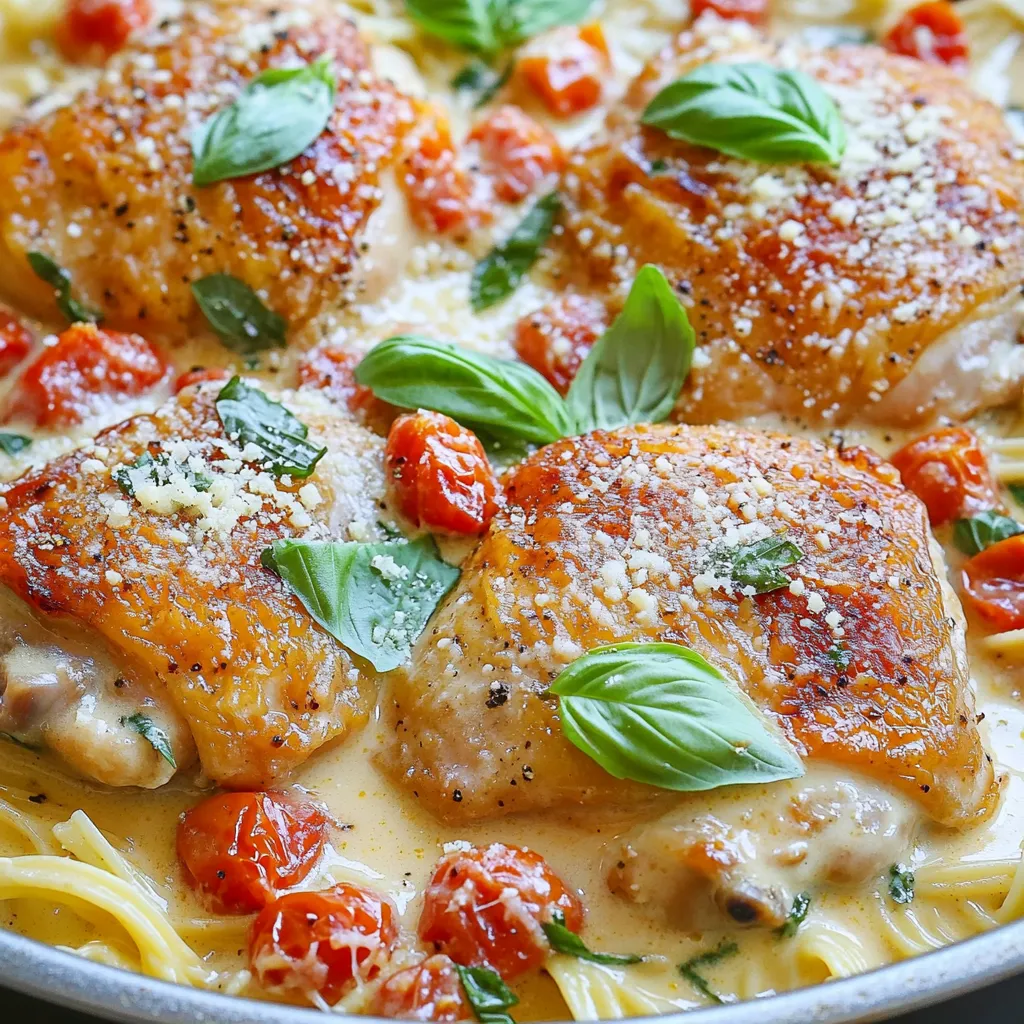 - 4 boneless, skinless chicken thighs - 2 tablespoons olive oil - Salt and pepper to taste - 3 cloves garlic, minced - 1 (14 oz) can diced tomatoes with juices - 1 cup heavy cream - 1 teaspoon Italian seasoning - ½ cup fresh basil leaves, chopped - ½ cup grated Parmesan cheese - Fresh basil leaves for garnish Gather these ingredients before you start. Using fresh ingredients makes your dish taste better. For chicken, I prefer thighs. They stay juicy and tender. You’ll need olive oil to cook the chicken. Salt and pepper add flavor. Garlic gives the dish a nice aroma. Canned diced tomatoes add sweetness and acidity. Cream makes the sauce rich and smooth. Italian seasoning brings in classic flavors. Fresh basil adds brightness. Lastly, Parmesan cheese gives a savory touch. Make sure to check your pantry for these items. If you have fresh herbs, feel free to use them. They can add even more flavor. This recipe is simple and uses common ingredients. You can find them at any grocery store. Having everything ready will make your cooking easy and fun. - Season the chicken with salt and pepper. Use just enough to enhance flavor. - Sear the chicken thighs in a hot skillet. Heat 2 tablespoons of olive oil over medium-high heat. Cook each side for about 5-6 minutes. Look for a nice golden brown color. Remove the chicken and set it aside. - Sauté garlic and add tomatoes and cream. In the same skillet, lower the heat to medium. Add 3 cloves of minced garlic and sauté for about one minute. - Pour in one can of diced tomatoes, including the juices. Then, add 1 cup of heavy cream. Stir to blend everything nicely. - Stir in Italian seasoning and thicken. Let the sauce simmer for 3-4 minutes. It should get a bit thicker and more flavorful. - Incorporate basil and Parmesan. Add ½ cup of chopped fresh basil and ½ cup of grated Parmesan cheese to the sauce. Mix well until everything is combined. - Return chicken to skillet and simmer. Place the seared chicken back in the skillet. Spoon some sauce over each piece. Let it simmer for another 5 minutes. This helps all the flavors meld together. To enhance the taste of your One-Pan Creamy Tomato Basil Chicken, you can adjust the seasoning. Start with the basics: salt and pepper. After cooking, taste the sauce. If it feels flat, add more salt or a dash of pepper. You can also sprinkle in some extra Italian seasoning for a flavor boost. If you want a thicker sauce, let it simmer longer. This helps the liquid reduce. Stir it often to prevent sticking. Another method is to mix in a bit of cornstarch. Just blend a tablespoon with water and add it to the sauce. It will thicken nicely without changing the flavor. Choosing the right skillet is key for even cooking. A large, heavy-bottomed pan works well. It holds heat and cooks the chicken evenly. Non-stick cookware is great for this recipe. It helps prevent sticking and makes cleanup easier. You won't lose any of that tasty sauce. If you want to make your dish even creamier, add more heavy cream. Just pour in an extra half cup as it simmers. You can also add more cheese. Grated Parmesan gives a rich taste. If you need a dairy-free option, try coconut milk or cashew cream. Both can add creaminess without the dairy. {{image_2}} You can switch up the chicken thighs for other cuts. Chicken breasts work well, too. Drumsticks add a fun twist. Each cut brings a unique flavor and texture. If you prefer dairy-free options, use coconut milk instead of cream. Cashew cream is another tasty choice. Both keep the dish rich without dairy. You can also try low-fat yogurt for a lighter sauce. Want to make this dish even better? Add vegetables like spinach or mushrooms. Spinach wilts nicely and adds color. Mushrooms give a hearty texture and flavor. Feeling adventurous? Spice it up! A pinch of red pepper flakes adds heat. Adjust the amount to your taste. More flakes mean more spice. This dish pairs perfectly with pasta or rice. Serve it over cooked noodles or fluffy rice. Both soak up the creamy sauce well. Crusty bread is great for dipping, too. For balance, add a salad or vegetable side. A light green salad adds freshness. Roasted vegetables bring great flavor and color. Try to mix and match for a full meal. To store your creamy tomato basil chicken, let it cool first. Place it in an airtight container. Make sure to cover it well. It stays fresh in the fridge for about 3-4 days. Always check for any off smells before eating. When reheating, use a skillet over low heat. This keeps the chicken juicy. Stir the sauce gently to avoid burning. You can add a splash of cream or water if it thickens too much. This helps maintain that creamy texture you love. To freeze, let the dish cool completely. Then, transfer it to a freezer-safe container. Seal it tightly to prevent freezer burn. It can last for up to 3 months. When ready to eat, thaw it in the fridge overnight. Reheat it gently in a skillet for the best results. To make the sauce lighter, you can reduce the heavy cream. Try using half a cup instead of a full cup. You could also replace some cream with chicken broth. This will keep the flavor but cut down on richness. Add more diced tomatoes for balance. This change helps the dish stay tasty while being less creamy. Yes, you can use fresh tomatoes! If you choose fresh, use about 4 medium-sized tomatoes. Make sure to peel them first for a smooth sauce. Cut them into small pieces and cook them longer to break down. This will add a bright taste to your dish. Just keep in mind that fresh tomatoes may need extra seasoning. This dish pairs well with many sides. Here are a few ideas: - Cooked pasta, like spaghetti or penne - Steamed rice for a hearty base - Crusty bread to soak up the sauce - A fresh salad for a light touch These sides will make your meal more filling and enjoyable. This blog post guides you through making One-Pan Creamy Tomato Basil Chicken. We discussed the key ingredients for flavor, like chicken, garlic, and fresh basil. You learned step-by-step instructions for cooking and tips to enhance the dish. Variations and storage tips help you adapt the recipe. In summary, this dish is simple and versatile. With a few tweaks, you can make it fit your taste. Enjoy your cooking journey and savor each bite of this creamy delight.