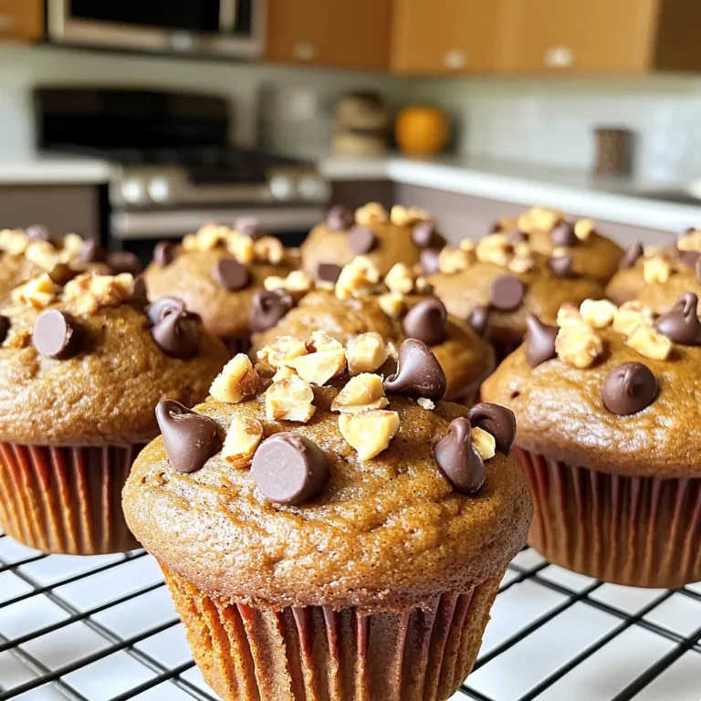 To make these tasty pumpkin chocolate chip muffins, gather these key ingredients: - 1 cup canned pumpkin puree - 1/2 cup vegetable oil - 3/4 cup brown sugar, packed - 1/4 cup granulated sugar - 2 large eggs - 1 teaspoon vanilla extract - 1 1/2 cups all-purpose flour - 1 teaspoon baking soda - 1 teaspoon baking powder - 1 teaspoon ground cinnamon - 1/2 teaspoon ground nutmeg - 1/2 teaspoon ground ginger - 1/4 teaspoon salt - 1 cup semi-sweet chocolate chips - 1/2 cup chopped walnuts (optional) You can make some swaps if you need to: - Use coconut oil in place of vegetable oil for a slight coconut flavor. - Try maple syrup instead of brown sugar for a unique taste. - Substitute whole wheat flour for all-purpose flour for more fiber. - Replace eggs with flaxseed meal mixed with water for a vegan option. Choosing fresh ingredients makes a big difference. Here are some tips: - Look for canned pumpkin with no added sugar or spices. Pure pumpkin gives the best flavor. - Choose oils that are clear and free from cloudiness. - For eggs, check the expiration date on the carton. Fresh eggs are best. - When picking spices, smell them. Strong scents mean they are fresh and flavorful. - If using nuts, pick ones that are not stale. They should be crunchy and fragrant. To start, preheat your oven to 350°F (175°C). This helps the muffins bake evenly. Then, line a muffin tin with paper liners or spray it with cooking spray. Next, grab a large bowl. Combine 1 cup of canned pumpkin puree, 1/2 cup of vegetable oil, 3/4 cup of packed brown sugar, and 1/4 cup of granulated sugar. Whisk these ingredients together until they blend nicely. Now, add 2 large eggs and 1 teaspoon of vanilla extract to your mixture. Whisk again until it looks fluffy. In another bowl, mix together 1 1/2 cups of all-purpose flour, 1 teaspoon of baking soda, 1 teaspoon of baking powder, 1 teaspoon of ground cinnamon, 1/2 teaspoon of ground nutmeg, 1/2 teaspoon of ground ginger, and 1/4 teaspoon of salt. This mix gives your muffins great flavor and rise. Slowly add the dry mix to your pumpkin mix. Stir gently and stop as soon as it combines. Overmixing can make the muffins tough. Finally, fold in 1 cup of semi-sweet chocolate chips and 1/2 cup of chopped walnuts if you like nuts. Now, scoop the batter into the muffin tins. Fill each cup about 3/4 full. This allows room for the muffins to rise. Bake them in your preheated oven for 18 to 20 minutes. To check if they are done, insert a toothpick into the center of a muffin. If it comes out clean, they are ready! Once baked, let the muffins cool in the pan for about 5 minutes. This helps them firm up a bit. Then, transfer them to a wire rack. Let them cool completely before serving. Enjoy these muffins warm, or store them for later. They pair well with coffee or tea! To get that soft, fluffy texture, use a light touch when mixing. Overmixing the batter makes the muffins dense. Mix until ingredients are just combined. This keeps your muffins airy. Also, let your batter rest for a few minutes before baking. This step helps the muffins rise better in the oven. One big mistake is not measuring flour correctly. Too much flour can make muffins dry. Use the scoop and level method for best results. Another mistake is skipping the cooling time. Allowing muffins to cool helps set their shape. If you take them out too soon, they might fall apart. You can change the flavor of your muffins by adding nuts or spices. Chopped walnuts add a nice crunch. You can also try adding dried fruits or coconut. For a twist, swap some chocolate chips for white chocolate or butterscotch chips. Don't be afraid to experiment! {{image_2}} You can easily make these muffins nut-free. Simply skip the chopped walnuts. The muffins still taste amazing. You can also add more chocolate chips for extra sweetness. This makes them perfect for kids or anyone with nut allergies. Want to make these muffins vegan? Swap the eggs for flax eggs. Use 1 tablespoon of ground flaxseed mixed with 2.5 tablespoons of water. Let it sit for five minutes to thicken. For the oil, you can use unsweetened applesauce. This keeps the muffins moist and adds natural sweetness. Get creative with flavors! Try adding spices like cardamom or allspice for extra warmth. You can mix in dried fruits like cranberries or raisins for a chewy texture. For a fun twist, add a dash of orange zest. This will brighten the flavor and give a fresh touch. Each variation will make your muffins stand out. To keep your muffins fresh, store them in an airtight container. This helps to lock in moisture and flavor. You can place parchment paper between layers to avoid sticking. If you want to keep them for a longer time, store them at room temperature for up to three days. For longer storage, consider freezing. To freeze your muffins, let them cool completely. Then, wrap each muffin tightly in plastic wrap. Place them in a freezer bag or container. They will stay fresh for up to three months. When you want to enjoy one, just remove it from the freezer. Let it sit at room temperature for about 30 minutes. You can also microwave it for about 20 seconds to warm it up. Homemade muffins last about three days at room temperature. If you keep them in the fridge, they can last up to a week. Freezing extends their life to about three months. Always check for signs of spoilage, like mold or an off smell, before eating. This ensures you enjoy your muffins at their best! Yes, you can use fresh pumpkin. Just roast it first. Cut the pumpkin in half and scoop out the seeds. Roast it at 400°F for about 45 minutes. Let it cool, then mash it up. This fresh puree gives a rich taste. However, canned pumpkin is easier and saves time. To make these muffins healthier, try these swaps: - Use whole wheat flour instead of all-purpose flour. - Replace half the oil with unsweetened applesauce. - Use less sugar or substitute with honey or maple syrup. - Add flaxseed or chia seeds for fiber and omega-3s. These changes keep the muffins tasty and nutritious. You can add many fun ingredients! Here are some ideas: - Chopped nuts like pecans or almonds for crunch. - Dried fruits like cranberries or raisins for sweetness. - Seeds like pumpkin or sunflower seeds for a healthy touch. - Spices like cloves or allspice for extra flavor. These add-ins will make your muffins unique and delicious! In this blog post, we explored the key ingredients for delicious muffins and how to select fresh options. I provided step-by-step instructions on making the batter, baking, and serving. We also discussed tips for texture and avoiding mistakes, plus fun variations like nut-free and vegan options. Lastly, I covered storage tips to keep your muffins fresh. Remember, with a few basic steps, you can create tasty muffins at home that suit your needs and preferences. Happy baking!