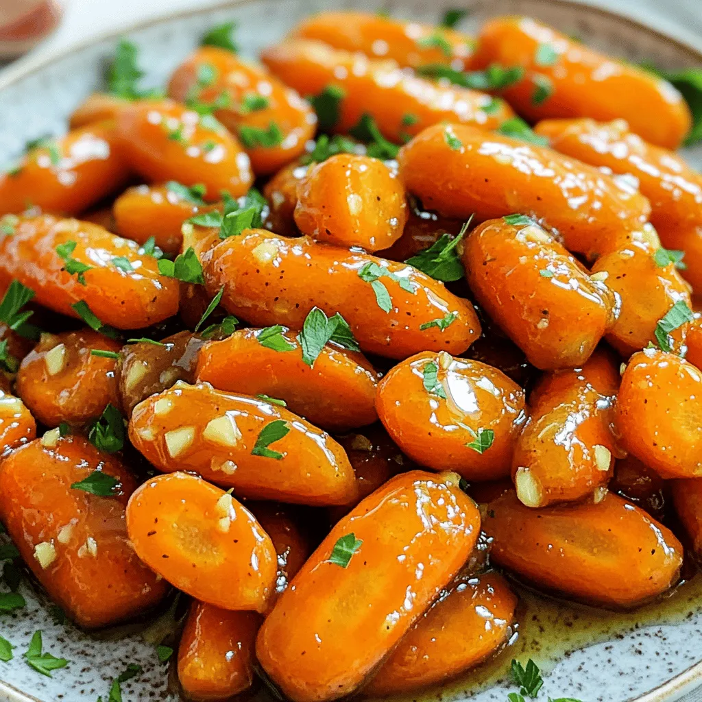 To make honey garlic glazed carrots, you need a few simple items. Here’s what you’ll need: - 1 pound baby carrots (or regular carrots, peeled and sliced) - 3 tablespoons honey - 2 tablespoons unsalted butter - 2 cloves garlic, minced - 1 tablespoon soy sauce (low sodium) - 1 tablespoon fresh ginger, grated - Salt and pepper, to taste - Fresh parsley, chopped (for garnish) Each ingredient adds its own special touch. The honey gives a sweet flavor, while the garlic and ginger add a warm, spicy kick. The soy sauce adds depth, and the butter makes everything rich. Fresh parsley brightens the dish and makes it look pretty. You can use baby carrots for ease or regular carrots for a more rustic feel. 1. Melting the butter Start by placing a large skillet on medium heat. Add 2 tablespoons of unsalted butter. Wait until it melts completely. This creates a rich base for our dish. 2. Sautéing garlic and ginger Once the butter melts, add 2 cloves of minced garlic and 1 tablespoon of grated fresh ginger. Stir these for about 1 minute. You want to smell the amazing aroma, but avoid burning the garlic. 3. Mixing the glaze ingredients Next, pour in 3 tablespoons of honey and 1 tablespoon of low-sodium soy sauce. Mix well with the butter, garlic, and ginger. This is the sweet and savory glaze that makes our dish shine. 1. Adding and coating the carrots Now, take 1 pound of baby carrots and toss them into the skillet. Stir them around to coat each carrot in the glaze. This step is key for flavor. 2. Simmering for tenderness Lower the heat to low and cover the skillet. Let the carrots simmer for 10 to 12 minutes. They should become tender but still have a slight crunch. If you use regular sliced carrots, adjust the time. 3. Thickening the glaze After simmering, remove the lid. Increase the heat to medium-high and cook for an extra 2 to 3 minutes. This helps the glaze thicken and stick to the carrots. 1. Garnishing with parsley Finally, season the glazed carrots with salt and pepper to taste. Transfer them to a serving dish and sprinkle fresh chopped parsley on top. This adds a nice touch and color. Enjoy your sweet and savory honey garlic glazed carrots! To get that perfect glaze, you must adjust cooking times based on carrot types. Baby carrots cook faster than regular carrots. If you use regular carrots, slice them thinly. This helps them cook evenly and quickly. Watch the garlic closely. It burns easily and can turn bitter. Sauté it just until fragrant. This usually takes about a minute. If you see it turning brown, lower the heat. There are many ways to enhance the glaze flavor. You can add a splash of orange juice or zest for a fruity twist. Try mixing in a dash of chili flakes for some heat. If you like earthy notes, consider adding a sprinkle of cumin or smoked paprika. For herbs, fresh thyme or rosemary can brighten the dish. You can also add a bit of dill for a fresh taste. These additions can elevate your honey garlic glazed carrots to a whole new level. {{image_2}} You can make this dish even more fun by changing some ingredients. - Swap honey for maple syrup: Maple syrup brings a unique taste. It adds a sweet and earthy flavor that pairs well with carrots. - Use different types of carrots: Try using rainbow carrots for color. They taste sweet and add a bright look to your plate. You can also use regular carrots if you want something simple. There are more ways to cook the glazed carrots. - Roasting carrots instead of sautéing: Roasting gives a nice caramelized flavor. Toss the carrots in the glaze and roast them at 400°F for about 20-25 minutes. - Instant Pot version: If you want a quick method, use the Instant Pot. Add the carrots and glaze, then cook on high pressure for 3-4 minutes. Quick and easy! For storing honey garlic glazed carrots, refrigeration is best. Place leftovers in an airtight container. They stay fresh for up to 4 days. Ensure the container is sealed well to keep moisture out. If you want to keep them longer, freezing is an option. Place the carrots in a freezer-safe bag. Remove as much air as possible before sealing. They can last up to 3 months in the freezer. When it comes to reheating, I suggest using the stovetop. This method helps keep the glaze nice and sticky. Simply place the carrots in a skillet over low heat. Add a splash of water or broth to help them heat evenly. Stir occasionally until they are warm. You can also use the microwave. Place the carrots in a bowl, cover, and heat for 1-2 minutes. Check and stir halfway through to avoid hot spots. Honey garlic glazed carrots will last about 3 to 5 days in the fridge. Store them in an airtight container. This keeps them fresh and tasty. Just reheat them when you're ready to enjoy again. Yes, you can use frozen carrots! However, they may lose some crunch. Cook them for a bit longer to ensure they get tender. Thaw them first for the best results, then follow the same steps. You can serve honey garlic glazed carrots with many dishes. They pair well with chicken, pork, or beef. You can also enjoy them with rice or quinoa. For a full meal, add a fresh salad on the side. This post covered how to make honey garlic glazed carrots. We looked at the ingredients, steps for preparation, and cooking. I shared tips on glazing and variations for taste. You can switch ingredients or methods to fit your needs. Remember, storing and reheating properly keeps your dish fresh. Enjoy your cooking, and have fun trying new flavors!