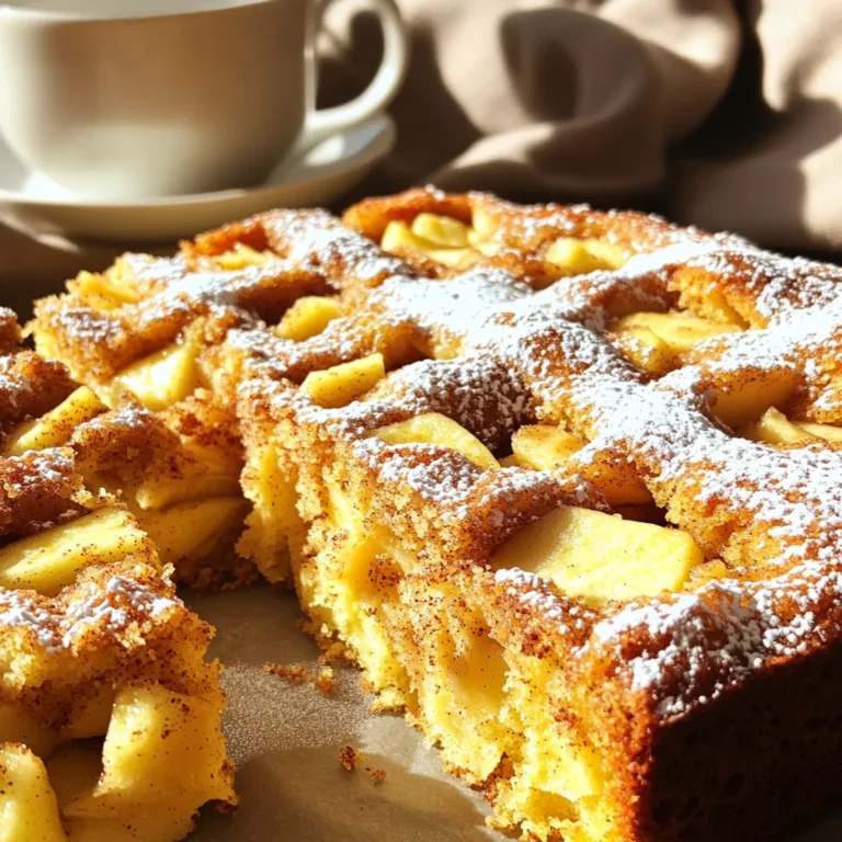 For your Cinnamon Apple Coffee Cake, you'll need the following ingredients: - 2 cups all-purpose flour - 1 teaspoon baking powder - 1 teaspoon baking soda - 1 teaspoon ground cinnamon - ½ teaspoon salt - ¾ cup unsalted butter, softened - 1 cup granulated sugar - 2 large eggs - 1 teaspoon vanilla extract - 1 cup plain Greek yogurt - 2 cups apples, peeled and diced (about 2 medium apples) - ½ cup brown sugar - 1 tablespoon cinnamon (for topping) - ½ cup chopped walnuts (optional) These ingredients come together to create a soft, moist cake that bursts with flavor. The apples add sweetness and texture, while the cinnamon gives it a warm, inviting aroma. Using Greek yogurt keeps the cake tender and adds a nice tang. Make sure to have everything ready before you start. It helps to measure out the ingredients first. This way, you won’t miss anything and can focus on the fun of baking! Preheat your oven to 350°F (175°C). Grease a 9x13-inch baking pan. You can also line it with parchment paper for easy removal. This step ensures your cake bakes evenly and comes out smoothly. In a medium bowl, whisk together the following dry ingredients: - 2 cups all-purpose flour - 1 teaspoon baking powder - 1 teaspoon baking soda - 1 teaspoon ground cinnamon - ½ teaspoon salt Mix these well. This helps distribute the leavening agents and spices evenly, which is key for a fluffy cake. In a large mixing bowl, beat together: - ¾ cup unsalted butter, softened - 1 cup granulated sugar Mix until light and fluffy, about 3-4 minutes. Then, add in: - 2 large eggs, one at a time - 1 teaspoon vanilla extract Mix well after each addition. This step adds air for a light texture. Now, mix in: - 1 cup plain Greek yogurt Blend until fully incorporated. Gradually add the dry ingredients. Mix gently until just combined. Be careful not to overmix; this keeps the cake tender. Gently fold in: - 2 cups apples, peeled and diced - ½ cup chopped walnuts (optional) Use a spatula to combine. This adds moisture and crunch to your cake. Pour half of the batter into the prepared baking pan. Spread it evenly. Sprinkle half of the cinnamon sugar mixture over the batter. Pour the remaining batter on top and spread gently. Finally, sprinkle the last of the cinnamon sugar on top. Bake in the preheated oven for 35-40 minutes. Check for doneness by inserting a toothpick into the center. If it comes out clean, your cake is ready. Let the coffee cake cool in the pan for about 10 minutes. Then, transfer it to a wire rack to cool completely. Cut into squares and serve warm. Enjoy this treat with coffee for a perfect afternoon snack! Choosing the right apples for baking is key. I recommend using firm apples like Granny Smith or Honeycrisp. These apples hold their shape and provide a nice tartness. Avoid soft apples, as they can turn mushy during baking. When selecting apples, look for ones that are free of bruises and have a shiny skin. Freshness matters here! To achieve the perfect texture, follow a few simple tips. First, don't overmix the batter. Mix until just combined to keep the cake light. Use room temperature butter and eggs for a smoother batter. Also, ensure your oven is correctly preheated to 350°F (175°C). This helps the cake rise evenly, so check your oven’s temperature with an oven thermometer. Pair this coffee cake with a warm drink. Coffee is a classic choice, but tea works well too. You can also serve it with a scoop of vanilla ice cream for a sweet treat. For a fun twist, top it with whipped cream and a sprinkle of cinnamon. This adds a lovely touch to your serving! {{image_2}} To make a nut-free version of this cinnamon apple coffee cake, simply leave out the chopped walnuts. You can replace the texture they add by using sunflower seeds or pumpkin seeds. Both options give a nice crunch without any nuts. This keeps the cake safe for those with nut allergies. You can boost the flavor by adding other spices. Nutmeg and allspice work well with cinnamon. Start with a pinch of each spice and taste as you mix. Just a little can change the whole cake. This is a great way to explore new flavors and find what you like best. Want a vegan version? You can swap out the eggs for flax eggs. To make one flax egg, mix 1 tablespoon of flaxseed meal with 2.5 tablespoons of water. Let it sit until it thickens. For the butter, use vegan butter or coconut oil. You can also use almond milk or soy yogurt instead of Greek yogurt. This keeps the cake moist and tasty while being vegan-friendly. To keep the coffee cake fresh, place it in an airtight container. Store it at room temperature for up to three days. If you want it to last longer, refrigerate it. The cool air helps maintain its moist texture. Just be sure to let it come to room temperature before serving. If you want to freeze the cake, slice it first. Wrap each piece tightly in plastic wrap. Then, place the wrapped slices in a freezer bag. You can freeze it for up to three months. When you're ready to enjoy it, just pull out a slice and let it thaw in the fridge overnight. To reheat the coffee cake, preheat your oven to 350°F (175°C). Place the slice on a baking sheet. Cover it with aluminum foil to prevent it from drying out. Heat for about 10-15 minutes until warm. You can also use the microwave for a quick fix. Heat for about 15-20 seconds, but check that it doesn't get too hot. Enjoy your warm slice with a cup of coffee! Yes, you can! If you don’t have Greek yogurt, regular yogurt works well too. You can also try plant-based yogurt if you prefer. Just keep the amount the same. The yogurt adds moisture and helps the cake rise, so pick a plain variety for best results. This coffee cake lasts about 3 to 4 days at room temperature. Keep it in an airtight container to maintain freshness. If you want it to last longer, you can refrigerate it for up to a week. Make sure to cover it well to prevent it from drying out. Absolutely! To make this coffee cake gluten-free, use a 1:1 gluten-free flour blend. Brands like Bob's Red Mill or King Arthur Flour work great. Just be sure to check that your baking powder is gluten-free too. The texture may be slightly different, but the taste will still be delicious! I recommend using a 9x13-inch baking pan for this recipe. This size helps the cake bake evenly and makes it easy to cut into squares. If you prefer smaller pieces, you can use an 8x8-inch pan, but keep an eye on the baking time, as it may need a little longer. This blog post covered a delicious coffee cake recipe. We discussed the key ingredients, step-by-step instructions, and tips for baking success. You learned how to customize the recipe with variations and storage options to keep it fresh. Baking creates joy and delicious memories. Now, gather your ingredients and start making this cake. Enjoy every bite and share it with friends and family! Bake with love and creativity, and you can’t go wrong.