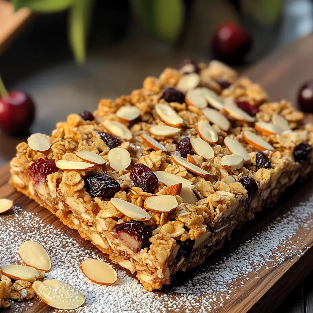 To make these tasty cherry almond granola bars, you'll need the following: - 2 cups rolled oats - 1 cup almonds, roughly chopped - 1 cup dried cherries, chopped if large - 1/2 cup honey or maple syrup - 1/4 cup almond butter - 1/2 teaspoon vanilla extract - 1/2 teaspoon cinnamon - 1/4 teaspoon salt - 1/4 cup sliced almonds (for topping) These granola bars are not just tasty but also healthy. Each bar is packed with nutrients. A serving contains: - Calories: About 150 - Protein: 3 grams - Fiber: 2 grams - Sugars: 6 grams (from honey or maple syrup) - Healthy fats from almonds and almond butter When selecting ingredients, keep these tips in mind: - Rolled oats: Choose whole grain oats for more fiber and nutrients. - Almonds: Go for raw or lightly roasted almonds for better flavor and health benefits. - Dried cherries: Look for unsweetened cherries to avoid extra sugar. - Honey or maple syrup: Use pure honey or real maple syrup for the best taste. - Almond butter: Select natural almond butter with no added sugars or oils. These tips will help you create delicious and nutritious granola bars that you can enjoy anytime! Start by preheating your oven to 350°F (175°C). This step is key for even baking. Next, grab an 8x8 inch baking dish. Line it with parchment paper. Let the paper hang over the sides. This makes it easy to lift the bars out later. In a large bowl, mix together the dry ingredients. Add 2 cups of rolled oats, 1 cup of chopped almonds, and 1 cup of dried cherries. If your cherries are big, chop them smaller. Stir in 1/2 teaspoon of cinnamon and 1/4 teaspoon of salt. Make sure everything is evenly combined. This blend gives your bars a great taste and texture. Now, take a small saucepan. Over low heat, warm up 1/2 cup of honey or maple syrup and 1/4 cup of almond butter. Stir them together until smooth. Remove the pan from heat and add 1/2 teaspoon of vanilla extract. This mixture binds the dry ingredients and adds rich flavor. Pour the warm mixture over the dry ingredients. Stir until everything is well coated. Next, transfer the mixture into your baking dish. Press it down firmly to create an even layer. Sprinkle 1/4 cup of sliced almonds on top and gently press them in. Bake for 20-25 minutes until the edges are golden brown. After baking, let the bars cool for about 10 minutes. Use the parchment paper to lift them out, then cool completely on a wire rack. Cut into 16 bars and enjoy! To keep your granola bars from crumbling, press the mixture firmly into the baking dish. Use a flat tool, like a spatula, to ensure even pressure. This helps the bars hold together. Letting them cool slightly before cutting also helps maintain their shape. Add more flavor by mixing in other nuts or seeds. Chopped walnuts or pumpkin seeds work great. You can also try adding a pinch of nutmeg or a tablespoon of cocoa powder for a richer taste. Dried fruits like cranberries or apricots can add more sweetness and color. For even baking, spread the mixture into a uniform layer in the dish. Keep an eye on the oven to avoid burning. If your oven has hot spots, rotate the dish halfway through baking. This ensures all sides get that perfect golden brown color. {{image_2}} You can switch up nuts and fruits in this recipe. Try walnuts, pecans, or hazelnuts. Each nut brings a unique taste and texture. For fruits, consider dried apricots, cranberries, or even raisins. Each option will give your bars a new twist. Just make sure to keep the amounts similar to keep the balance right. To make these bars vegan, use maple syrup instead of honey. It adds a rich sweetness without animal products. You can also use a nut or seed butter, like sunflower seed butter. This keeps the bars creamy and tasty. Check the label to ensure it’s truly vegan to stay on track. To make these bars gluten-free, ensure your oats are certified gluten-free. Some oats may contain traces of gluten from processing. You can also swap in gluten-free flour for a bit of added texture. This way, everyone can enjoy these cherry almond granola bars without worry. To keep your cherry almond granola bars fresh, store them in an airtight container. This will help prevent them from drying out. You can layer parchment paper between the bars to stop them from sticking. If you want to take them on the go, wrap them individually in parchment paper. This makes them easy to grab. You can freeze these granola bars for longer storage. First, let the bars cool completely. Then, wrap them tightly in plastic wrap or aluminum foil. Place the wrapped bars in a freezer-safe bag or container. They will stay fresh for up to three months. When you're ready to eat one, just thaw it in the fridge overnight. These granola bars last about a week at room temperature. Keep them in a cool, dry place. If you notice any signs of spoilage, discard them. For best taste and texture, enjoy them within the first few days after baking. Yes, you can make these granola bars nut-free. Simply replace almond butter with sunflower seed butter. Use sunflower seeds instead of almonds. You still get a nice crunch and flavor without nuts. To keep granola bars from sticking, use a parchment paper liner. Press the mixture firmly into the dish but not too tightly. Let them cool completely before cutting. This helps them hold their shape. If you need a substitute for almond butter, try peanut butter or sunflower seed butter. Both will work well. They add creaminess and flavor, just like almond butter does. Homemade granola bars last about one week at room temperature. Store them in an airtight container. For longer storage, you can freeze them for up to three months. Absolutely! You can add chocolate chips to the mixture. Mix in about half a cup of dark or milk chocolate chips before baking. This adds a sweet touch to the bars. To make Cherry Almond Granola Bars, gather quality ingredients and follow simple steps. I shared tips for tasty bars and ways to store them well. You can create your own flavors by swapping nuts or trying vegan options. These bars are easy and fun to make. Enjoy them as a snack or a breakfast treat. With a little care, your granola bars can be fresh and delicious for weeks. Now, go ahead and try this recipe!