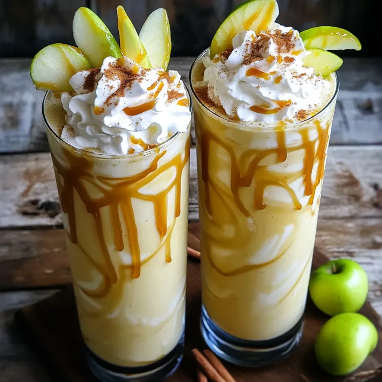To make a delicious Caramel Apple Milkshake with Whipped Cream, you need a few key ingredients. Each one adds flavor and texture. Here’s what you’ll need: - 2 cups vanilla ice cream - 1 cup whole milk - 1 medium apple, peeled and diced (Granny Smith or Honeycrisp) - 1/4 cup caramel sauce (plus extra for drizzling) - 1/2 teaspoon cinnamon - 1/4 teaspoon nutmeg - Whipped cream for topping - Apple slices and a sprinkle of cinnamon for garnish Why these ingredients? Vanilla ice cream gives a creamy base. Whole milk adds richness and smoothness. The apple brings a fresh crunch, while caramel sauce adds sweetness. The spices, cinnamon and nutmeg, provide warmth and depth. Whipped cream adds a fluffy finish, making each sip a real treat. Finally, garnishing with apple slices and cinnamon makes it look great. This milkshake is not just tasty; it’s also fun to present! - Preparing the ingredients: First, gather your ingredients. You need 2 cups of vanilla ice cream, 1 cup of whole milk, and 1 medium apple. I prefer using Granny Smith or Honeycrisp apples for their crisp taste. Peel and dice the apple into small pieces. This helps them blend well. - Blending process: In a blender, add the vanilla ice cream, whole milk, diced apple, and 1/4 cup of caramel sauce. Sprinkle in 1/2 teaspoon of cinnamon and 1/4 teaspoon of nutmeg. Blend on high speed until smooth and creamy. Make sure there are no chunks of apple left. You want a nice, thick milkshake. - Adjusting sweetness: After blending, taste your milkshake. If you want it sweeter, add a bit more caramel sauce. Blend again briefly to mix in the extra caramel. - Pouring the milkshake: Take tall glasses and pour the milkshake into them. Fill each glass to the top for a great look. - Topping with whipped cream: Now, it’s time to add the whipped cream. Top each milkshake generously with a fluffy layer. This makes it look inviting and adds a creamy texture. - Garnishing for presentation: For the final touch, garnish with thin apple slices. You can also sprinkle a little cinnamon on top. This adds color and extra flavor, making your drink pop! To make your caramel apple milkshake smooth, focus on blending. Start by adding the ice cream, milk, diced apple, caramel sauce, cinnamon, and nutmeg into your blender. Blend on high speed until everything is creamy. You want it to be thick but pourable. To avoid chunky apple pieces, ensure the apple is diced very small. This helps it blend well. If you notice chunks after blending, give it a quick second blend. Taste the milkshake before serving. Adjust the sweetness by adding a bit more caramel if needed. You can swap ingredients to create new flavors in your milkshake. Try using chocolate ice cream for a chocolate caramel apple milkshake. Adding peanut butter gives a rich taste that pairs well with caramel. For extra fun, toss in some caramel bits before blending. They add a chewy texture that surprises your taste buds. You can also sprinkle some chopped nuts on top for crunch. Don’t be afraid to experiment with spices as well. A dash of ginger can give a warm kick! {{image_2}} You can easily change up the caramel apple milkshake for new flavors. Here are two fun ideas: - Chocolate caramel apple milkshake: Add 2 tablespoons of chocolate syrup to the blender. It gives a smooth, rich taste. You can also use chocolate ice cream for an extra chocolate kick. - Peanut butter caramel apple milkshake: Mix in 2 tablespoons of peanut butter. This adds creaminess and a nutty flavor. It pairs well with the apple and caramel. You can make this milkshake fit your diet with simple swaps. - Dairy-free options: Use coconut milk or almond milk instead of whole milk. For ice cream, try coconut or almond-based ice cream. This keeps your shake creamy without dairy. - Low-calorie adjustments: Choose low-fat ice cream and skim milk. You can also use sugar-free caramel sauce. This way, you enjoy the milkshake with fewer calories. These variations and alternatives let you customize your caramel apple milkshake just the way you like it! To store your milkshake, first pour it into an airtight container. Seal the lid tightly. Place it in the fridge. It will stay fresh for up to two days. When you want to enjoy it again, stir it well. If it looks too thick, add a little milk. You should not try to reheat a milkshake. Milkshakes are best cold. If you want it warmer, let it sit at room temperature for a few minutes. Stir it to mix all the flavors back together. You can freeze your milkshake for a tasty treat later. Pour the milkshake into a freezer-safe container. Leave some space at the top for expansion. Cover it with a lid or plastic wrap. It can last up to one month in the freezer. To thaw the milkshake, take it out of the freezer. Place it in the fridge for a few hours. If you need it faster, sit it on the counter for about 30 minutes. Once it softens, stir it well. If it feels too thick, add a splash of milk to make it smooth again. Can I make this milkshake ahead of time? Yes, you can prepare this milkshake ahead of time. Blend all the ingredients as usual. Pour it into a container and store it in the fridge. It is best to drink it within a few hours for the freshest taste. Just give it a quick stir before serving. How do I make the milkshake thicker or thinner? To make your milkshake thicker, add more vanilla ice cream. If you want it thinner, add a little more milk. Blend it well after each addition. You can also adjust the amount of caramel sauce to change the texture slightly. What is the best way to blend an apple into a milkshake? The best way is to peel and dice the apple into small pieces. This helps it blend smoothly. Use a strong blender and blend on high speed. Make sure no chunks remain for a creamy texture. You can use Granny Smith or Honeycrisp apples for added flavor. This article shared a simple and tasty caramel apple milkshake recipe. You learned the key ingredients, like vanilla ice cream and fresh apples. I provided easy steps for blending and serving, plus tips for the best flavor and texture. You can even make variations or choose suitable dietary options. Remember, enjoy your sweet treat right away or store extras the right way. With this guide, you can create a fun drink for any occasion. Enjoy your milkshake, and let your creativity flow!