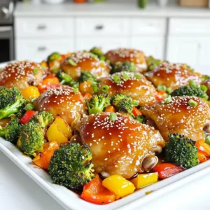 For the star of the show, you need: - 1 lb chicken thighs, boneless and skinless - 1/2 cup teriyaki sauce - 1 tablespoon sesame oil These ingredients create a juicy and flavorful base for your dish. The veggies add color and nutrition. Here’s what I suggest: - 2 cups broccoli florets - 1 red bell pepper, sliced - 1 yellow bell pepper, sliced - 1 carrot, julienned These vegetables roast well and complement the chicken beautifully. For a finishing touch, consider these garnishes: - 1 tablespoon sesame seeds - 2 green onions, chopped They add crunch and a fresh burst of flavor. First, set your oven to 400°F (200°C). This helps the chicken cook well. Line a large sheet pan with parchment paper. This step makes cleanup quick and easy. In a bowl, mix together the teriyaki sauce, sesame oil, garlic powder, ground ginger, and black pepper. This blend gives flavor to the chicken. Pour half of this marinade over the chicken thighs in another bowl. Make sure they are fully coated. Set aside the rest of the marinade for later. On your prepared sheet pan, lay out the broccoli, red bell pepper, yellow bell pepper, and carrots. These colorful veggies add crunch and taste. Drizzle them with olive oil and a pinch of salt. Toss everything until the veggies are nicely coated in oil. Next, place the marinated chicken thighs on the sheet pan with the veggies. Spread them out evenly. Roast in your preheated oven for 25-30 minutes. Check that the chicken reaches an internal temperature of 165°F (75°C). The veggies should be tender and a bit caramelized. During the last 5 minutes, brush the remaining teriyaki marinade over the chicken. This adds extra flavor. Once done, take the pan out and let it rest for a few minutes. Finally, sprinkle sesame seeds and chopped green onions on top before serving. Enjoy your meal! To get juicy chicken, start with boneless, skinless thighs. They cook evenly and stay moist. Marinate the chicken for at least 30 minutes. This helps it soak up all the teriyaki flavor. When roasting, check the chicken's internal temperature. It should reach 165°F (75°C). If you don’t have a meat thermometer, cut into the thickest part. The juices should run clear, not pink. For this dish, I love using broccoli, red and yellow bell peppers, and carrots. Broccoli adds crunch and color. Bell peppers bring sweetness and brightness. Carrots add a nice texture and slight earthiness. Cut the veggies evenly. This ensures they roast at the same rate. You can also try other vegetables like snap peas or zucchini. Just make sure they are cut similarly. To boost the teriyaki taste, brush on extra marinade during the last five minutes of roasting. This gives the chicken a glossy finish. Adding sesame oil to the marinade deepens the flavor. You can also include garlic powder and ground ginger for a fragrant touch. For an extra kick, sprinkle some chili flakes before serving. Garnishing with sesame seeds and green onions brightens the dish and adds a nice crunch. {{image_2}} You can switch up the protein in this dish. Chicken thighs are tasty, but try chicken breasts for a leaner choice. You can also use shrimp for a quick cook. Just keep an eye on them in the oven! Tofu is a great option for a plant-based dish. Press and cube the tofu before marinating. It will soak up the flavor well. Feel free to mix and match your veggies. Broccoli is a great choice, but snap peas and asparagus add a nice crunch. Try sweet potatoes for a hearty twist. Carrots are sweet, but zucchini or mushrooms can give a new flavor. Use what you have on hand. This dish is all about making it your own. If you want a change from teriyaki, you have options. Soy sauce with honey gives a sweet and salty taste. BBQ sauce is perfect for a smoky flavor. For a spicy kick, try sriracha mixed with soy sauce. You can even use a citrus glaze for a fresh touch. These swaps keep the dish exciting and fun! After a tasty meal, let the leftover chicken and veggies cool down. Place them in an airtight container. Store it in the fridge for up to three days. This way, you can enjoy the flavors again without cooking! To reheat, you can use the oven or microwave. For the oven, preheat it to 350°F (175°C). Spread the leftovers on a baking sheet. Heat for about 10-15 minutes, until warm. If you use a microwave, place the chicken and veggies on a safe plate. Heat for 1-2 minutes, checking that it’s hot throughout. If you want to save some for later, freezing works great. Place the cooled chicken and veggies in a freezer-safe bag. Squeeze out as much air as you can. Label the bag with the date. You can freeze it for up to three months. When ready to eat, thaw in the fridge overnight before reheating. To make teriyaki sauce at home, mix soy sauce, honey, and rice vinegar. Add minced garlic and ginger for flavor. Heat it on the stove until it thickens. This sauce enhances your dish with a sweet and savory taste. Yes, you can use frozen vegetables. They save time and still taste good. Just remember to adjust the cooking time slightly. Frozen veggies may need a few extra minutes to cook through. Serve the teriyaki chicken with rice or quinoa. You can also pair it with a simple salad. These sides balance the flavors and make a complete meal. Yes, this dish is great for meal prep. You can cook it in advance and store it in containers. Just reheat it when you're ready. It keeps well in the fridge for a few days. You now have a simple guide for Sheet-Pan Teriyaki Chicken. We covered key ingredients, easy steps, and essential tips. You learned how to marinate chicken and select tasty veggies. This dish is flexible; feel free to switch proteins or veggies as you like. Don’t hesitate to store leftovers or freeze them for later. With these tips, you can make a delicious meal that’s great for any occasion. Enjoy cooking and savouring your tasty creation!