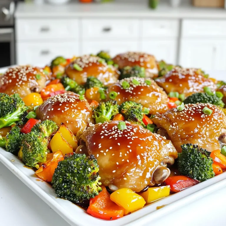 For the star of the show, you need: - 1 lb chicken thighs, boneless and skinless - 1/2 cup teriyaki sauce - 1 tablespoon sesame oil These ingredients create a juicy and flavorful base for your dish. The veggies add color and nutrition. Here’s what I suggest: - 2 cups broccoli florets - 1 red bell pepper, sliced - 1 yellow bell pepper, sliced - 1 carrot, julienned These vegetables roast well and complement the chicken beautifully. For a finishing touch, consider these garnishes: - 1 tablespoon sesame seeds - 2 green onions, chopped They add crunch and a fresh burst of flavor. First, set your oven to 400°F (200°C). This helps the chicken cook well. Line a large sheet pan with parchment paper. This step makes cleanup quick and easy. In a bowl, mix together the teriyaki sauce, sesame oil, garlic powder, ground ginger, and black pepper. This blend gives flavor to the chicken. Pour half of this marinade over the chicken thighs in another bowl. Make sure they are fully coated. Set aside the rest of the marinade for later. On your prepared sheet pan, lay out the broccoli, red bell pepper, yellow bell pepper, and carrots. These colorful veggies add crunch and taste. Drizzle them with olive oil and a pinch of salt. Toss everything until the veggies are nicely coated in oil. Next, place the marinated chicken thighs on the sheet pan with the veggies. Spread them out evenly. Roast in your preheated oven for 25-30 minutes. Check that the chicken reaches an internal temperature of 165°F (75°C). The veggies should be tender and a bit caramelized. During the last 5 minutes, brush the remaining teriyaki marinade over the chicken. This adds extra flavor. Once done, take the pan out and let it rest for a few minutes. Finally, sprinkle sesame seeds and chopped green onions on top before serving. Enjoy your meal! To get juicy chicken, start with boneless, skinless thighs. They cook evenly and stay moist. Marinate the chicken for at least 30 minutes. This helps it soak up all the teriyaki flavor. When roasting, check the chicken's internal temperature. It should reach 165°F (75°C). If you don’t have a meat thermometer, cut into the thickest part. The juices should run clear, not pink. For this dish, I love using broccoli, red and yellow bell peppers, and carrots. Broccoli adds crunch and color. Bell peppers bring sweetness and brightness. Carrots add a nice texture and slight earthiness. Cut the veggies evenly. This ensures they roast at the same rate. You can also try other vegetables like snap peas or zucchini. Just make sure they are cut similarly. To boost the teriyaki taste, brush on extra marinade during the last five minutes of roasting. This gives the chicken a glossy finish. Adding sesame oil to the marinade deepens the flavor. You can also include garlic powder and ground ginger for a fragrant touch. For an extra kick, sprinkle some chili flakes before serving. Garnishing with sesame seeds and green onions brightens the dish and adds a nice crunch. {{image_2}} You can switch up the protein in this dish. Chicken thighs are tasty, but try chicken breasts for a leaner choice. You can also use shrimp for a quick cook. Just keep an eye on them in the oven! Tofu is a great option for a plant-based dish. Press and cube the tofu before marinating. It will soak up the flavor well. Feel free to mix and match your veggies. Broccoli is a great choice, but snap peas and asparagus add a nice crunch. Try sweet potatoes for a hearty twist. Carrots are sweet, but zucchini or mushrooms can give a new flavor. Use what you have on hand. This dish is all about making it your own. If you want a change from teriyaki, you have options. Soy sauce with honey gives a sweet and salty taste. BBQ sauce is perfect for a smoky flavor. For a spicy kick, try sriracha mixed with soy sauce. You can even use a citrus glaze for a fresh touch. These swaps keep the dish exciting and fun! After a tasty meal, let the leftover chicken and veggies cool down. Place them in an airtight container. Store it in the fridge for up to three days. This way, you can enjoy the flavors again without cooking! To reheat, you can use the oven or microwave. For the oven, preheat it to 350°F (175°C). Spread the leftovers on a baking sheet. Heat for about 10-15 minutes, until warm. If you use a microwave, place the chicken and veggies on a safe plate. Heat for 1-2 minutes, checking that it’s hot throughout. If you want to save some for later, freezing works great. Place the cooled chicken and veggies in a freezer-safe bag. Squeeze out as much air as you can. Label the bag with the date. You can freeze it for up to three months. When ready to eat, thaw in the fridge overnight before reheating. To make teriyaki sauce at home, mix soy sauce, honey, and rice vinegar. Add minced garlic and ginger for flavor. Heat it on the stove until it thickens. This sauce enhances your dish with a sweet and savory taste. Yes, you can use frozen vegetables. They save time and still taste good. Just remember to adjust the cooking time slightly. Frozen veggies may need a few extra minutes to cook through. Serve the teriyaki chicken with rice or quinoa. You can also pair it with a simple salad. These sides balance the flavors and make a complete meal. Yes, this dish is great for meal prep. You can cook it in advance and store it in containers. Just reheat it when you're ready. It keeps well in the fridge for a few days. You now have a simple guide for Sheet-Pan Teriyaki Chicken. We covered key ingredients, easy steps, and essential tips. You learned how to marinate chicken and select tasty veggies. This dish is flexible; feel free to switch proteins or veggies as you like. Don’t hesitate to store leftovers or freeze them for later. With these tips, you can make a delicious meal that’s great for any occasion. Enjoy cooking and savouring your tasty creation!
