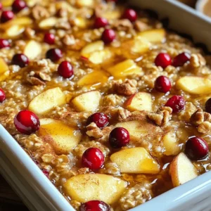 - 2 cups rolled oats - 2 ripe apples, peeled and diced - 1 cup fresh or frozen cranberries - 2 cups almond milk (or any milk of choice) - ½ cup maple syrup or honey - 1 teaspoon baking powder - 1 teaspoon cinnamon - ½ teaspoon salt - 1 teaspoon vanilla extract - ½ cup chopped walnuts or pecans - 2 tablespoons coconut oil or melted butter for greasing To make this Apple Cranberry Oatmeal Breakfast Bake, you need fresh, bright flavors. The rolled oats create a hearty base that gives this dish its chewy texture. Choose ripe apples for sweetness. You can use any variety like Fuji or Granny Smith. Cranberries add a tart burst, perfect with the oats. For the liquid, almond milk works well, but any milk is fine. Maple syrup or honey offers natural sweetness. The spices—baking powder, cinnamon, and salt—bring warmth and balance. Vanilla extract adds a lovely depth. If you want a crunch, add walnuts or pecans. Grease your baking dish with coconut oil or butter for easy serving later. Gather these ingredients, and you’re ready to create a comforting breakfast bake that warms up your mornings. - Step 1: Preheat the oven and prepare the baking dish Set your oven to 350°F (175°C). Grease a 9x9 inch baking dish with coconut oil or butter. This step helps prevent sticking. - Step 2: Combine dry ingredients In a large bowl, mix together the rolled oats, baking powder, cinnamon, and salt. Stir well to blend. This creates a tasty base for your bake. - Step 3: Whisk wet ingredients In another bowl, whisk the almond milk, maple syrup, and vanilla extract. Blend until smooth. This mixture adds moisture and sweetness. - Step 4: Combine wet and dry mixtures and add fruits Pour the wet mixture into the dry ingredients. Stir until everything is mixed well. Gently fold in the diced apples, cranberries, and nuts if using. This adds layers of flavor and texture. - Step 5: Pour mixture into baking dish Transfer the entire mixture into the greased baking dish. Spread it evenly across the dish. This ensures even baking. - Step 6: Bake and cool before serving Place the dish in the oven and bake for 30 to 35 minutes. Look for a golden top that’s set. Once done, let it cool for a few minutes before slicing. This allows the flavors to settle. To make sure your Apple Cranberry Oatmeal Breakfast Bake turns out great, mix your dry and wet ingredients well. This helps the oats absorb moisture evenly, giving you a soft and fluffy bake. When you pour the wet mix into the dry, stir gently, but don't overdo it. For that perfect golden top, keep an eye on your bake as it cooks. Around the 30-minute mark, look for a nice golden brown color. If it’s not ready, let it bake for a few more minutes. The texture should feel firm and set, not jiggly. Once your bake cools a bit, serve it warm. A drizzle of maple syrup adds a sweet touch that pairs perfectly with the tart cranberries. You can also sprinkle some extra cranberries or nuts on top for a nice look. For a creamy contrast, consider adding a dollop of yogurt on the side. This adds richness and makes your breakfast even more enjoyable. To take the flavor up a notch, try adding spices like nutmeg or ginger. A touch of lemon or orange zest can brighten the dish, making it more refreshing. Don’t be afraid to experiment with different nuts. Pecans, walnuts, or even almonds can add a nice crunch. Each nut brings a unique taste and texture to your bake, so feel free to mix and match! {{image_2}} You can change the fruits for a new twist. Try using pears or blueberries instead of apples and cranberries. Each fruit brings its own taste and texture. For sweeteners, consider agave or brown sugar. They work well and can add a different flavor. You can easily make this dish vegan or gluten-free. Use almond milk or any plant-based milk for a vegan option. For gluten-free, make sure to choose certified gluten-free oats. If you need it nut-free, skip the walnuts or pecans. You can still enjoy a delicious bake without them. In fall, add pumpkin for a cozy feel. Just mix in one cup of canned pumpkin puree. This will give your bake a rich flavor. For winter, try spices like nutmeg or ginger. They add warmth and make the dish feel festive. To store your Apple Cranberry Oatmeal Breakfast Bake in the fridge, let it cool first. Cut it into pieces and place them in an airtight container. This keeps the bake fresh and prevents drying out. You can enjoy it for up to five days in the fridge. If you want to save some for later, freezing is easy. Cut the bake into individual servings and wrap each piece in plastic wrap. Then, place the wrapped portions in a freezer bag or container. This protects them from freezer burn. To enjoy, thaw in the fridge overnight. Reheat in the oven or microwave until warm. For the best taste and texture, enjoy this bake warm. It tastes great right after baking. If you store it, reheating it will bring back the cozy flavors. Serve it as a hearty breakfast or snack anytime. Yes, you can prepare this bake the night before. Mix all the dry and wet ingredients. Then, store them in the fridge overnight. In the morning, simply pour the mixture into the baking dish and bake it. This saves time and makes breakfast easy! Absolutely! You can use any milk you like. Try cow's milk, oat milk, or soy milk. Each type adds a different flavor. If you need a nut-free option, coconut milk is a great choice too. Just pick what you enjoy! This bake stays fresh in the fridge for about five days. Store it in an airtight container. If you want to keep it longer, freeze it. When ready to eat, just reheat it in the oven or microwave. Enjoy it warm for the best taste! This article covered a delicious baked oatmeal recipe. We explored main ingredients like oats and apples, and spices such as cinnamon. You learned step-by-step instructions, from prep to baking. Tips on perfecting your bake and serving ideas followed. Variations showed how to adapt the recipe for seasons and dietary needs. Try this recipe for a tasty treat that’s easy to make. Enjoy experimenting with flavors!