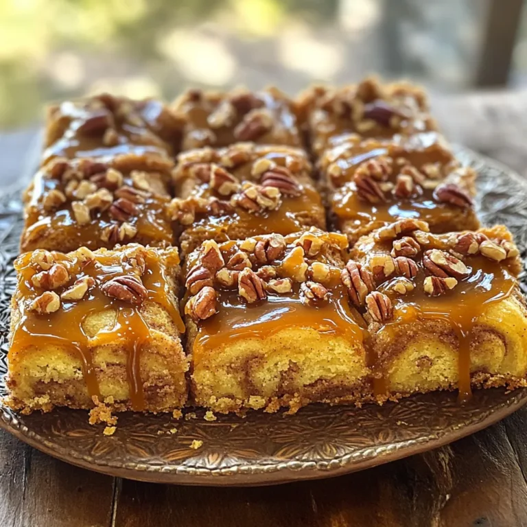 - 2 cups all-purpose flour - 1 cup granulated sugar - 1 tablespoon baking powder - 1/2 teaspoon salt - 1 teaspoon ground cinnamon - 1/2 cup unsalted butter, melted - 1 cup milk - 2 large eggs - 1 teaspoon vanilla extract - 1 cup packed brown sugar - 1 cup pecans, chopped - 1/2 cup caramel sauce You can swap all-purpose flour for whole wheat flour or almond flour. These options add a nutty flavor. For milk, try almond milk or oat milk for a non-dairy choice. If you want a vegan cake, use flax eggs or applesauce as egg replacements. One tablespoon of ground flaxseed mixed with three tablespoons of water makes one egg. These swaps keep the cake tasty and fun. 1. Preheating the Oven and Preparing the Pan Start by preheating your oven to 350°F (175°C). While it warms up, grease a 9x13 inch baking pan. This helps the cake come out easily after baking. 2. Mixing Dry Ingredients In a large mixing bowl, whisk together: - 2 cups all-purpose flour - 1 cup granulated sugar - 1 tablespoon baking powder - 1/2 teaspoon salt - 1 teaspoon ground cinnamon This mix gives flavor and structure to your cake. 3. Combining Wet Ingredients In another bowl, mix: - 1/2 cup unsalted butter, melted - 1 cup milk - 2 large eggs - 1 teaspoon vanilla extract Stir these well until smooth. Then, add this to your dry mix. Stir gently until just combined. Your batter can be lumpy; that’s okay! 1. Pouring the Batter in Layers Pour half of your batter into the greased pan. Spread it evenly to cover the bottom. 2. Adding the Pecan and Brown Sugar Mixture In a small bowl, combine: - 1 cup packed brown sugar - 1 cup pecans, chopped Sprinkle this mix evenly over your batter in the pan. 3. Creating the Swirl Effect Carefully spoon the rest of the batter over the pecan layer. Use a knife or a skewer to swirl the layers a bit. This creates a nice marbled look. Don’t mix it all together! 1. Baking Time and Temperature Place the pan in your preheated oven. Bake for 30-35 minutes. 2. Testing for Doneness Check if it’s done by inserting a toothpick in the center. If it comes out clean, your cake is ready! 3. Cooling Tips Before Serving Once baked, remove the cake from the oven. Let it cool for 10-15 minutes before serving. This helps the flavors settle and makes it easier to cut. To get the fluffiest cake, avoid over-mixing the batter. When you mix too much, the cake gets tough. It's okay if the batter has some lumps. Just stir until combined. Proper measuring is key. Use the scoop and level method for flour. Don't pack the flour down. This ensures you use the right amount, leading to a better texture. This cake shines with a drizzle of warm caramel sauce. Add a scoop of vanilla ice cream for extra delight. Chopped pecans make a great garnish. They add crunch and flavor. For presentation, cut the cake into squares. Place each piece on a nice platter. Drizzle more caramel on top and add a few whole pecans for a lovely look. To store leftover cake, cover it tightly with plastic wrap. You can also use an airtight container. This keeps it fresh for up to three days. When you're ready to eat, reheat individual pieces in the microwave. Heat for about 15-20 seconds. This makes it warm and gooey, just like fresh out of the oven. {{image_2}} You can make your Caramel Pecan Cinnamon Roll Cake even more fun. Adding chocolate chips is a great way to boost flavor. Just sprinkle a cup of chocolate chips into the batter. They will melt and blend perfectly with the cake. Another tasty twist is to use fruits. Apples and bananas work well. Chop one cup of apples or bananas and fold them into the batter. This makes the cake moist and adds natural sweetness. If you want gluten-free options, swap the all-purpose flour for a gluten-free blend. Make sure to choose a blend that works for baking. You can find many good options in stores. For dairy-free choices, use almond milk or coconut milk instead of regular milk. You can also look for dairy-free butter. This keeps the cake rich and tasty without dairy. Seasonal changes can add a nice touch to your cake. For fall, add spices like nutmeg or cloves. These spices will give your cake a warm and cozy flavor. During the holidays, consider adding peppermint or ginger. These flavors can make your cake festive and special. Just a hint of these spices can transform your dessert into a holiday treat. Yes, you can use other nuts. Walnuts and almonds work well. Just chop them small. This change gives new flavors and textures. You can even mix nuts for fun. Keep in mind that pecans add a sweeter taste. So, try to balance flavors if you switch. Making this cake ahead is easy. You can bake it a day before. Once cool, cover it tightly with plastic wrap. Store it at room temperature. If you want to keep it longer, freeze it. Just wrap it well in foil. When ready to serve, thaw it overnight in the fridge. Serve this cake warm for the best taste. Drizzle extra caramel sauce on top. It looks great and tastes even better! Cut it into squares for easy serving. You can add whole pecans on top for decoration. Pair it with a scoop of vanilla ice cream for a treat. If you change the pan size, baking time will change. A smaller pan means thicker batter. It may take longer to bake. Check the cake a few minutes early. A larger pan spreads batter thin. It may bake faster. Use a toothpick to test doneness. - Prep Time: 15 minutes - Total Time: 50 minutes - Servings: 12 This caramel pecan cinnamon roll cake is easy to make and perfect for sharing. You only need 15 minutes to prep. The total time is 50 minutes, including baking and cooling. You can serve this cake to 12 people, making it great for gatherings. This cake provides a delightful mix of flavors with a rich texture. Each slice has about 300 calories. It includes sugar, fat, and carbohydrates, which give you energy. However, it also contains major allergens like gluten and nuts. If you have allergies, be careful. To make this cake, you will need a few simple tools: - Baking pan - Mixing bowls and utensils - Oven thermometer These tools help you mix the batter, pour it into the pan, and bake it to perfection. Using the right tools makes a big difference in your baking success. In this post, we covered all the steps to make a delicious Caramel Pecan Cinnamon Roll Cake. We discussed the key ingredients and substitutions for different diets. You learned how to prepare the batter, assemble the cake, and bake it perfectly. Remember to use best practices for a fluffy texture and get creative with variations. With these tips, you’ll impress your friends and family every time you bake. Enjoy delicious slices, and don’t forget to share your cake with those you love!