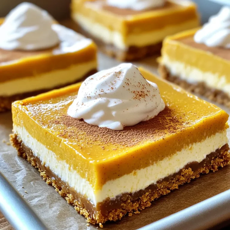 - 1 ½ cups graham cracker crumbs - ½ cup unsalted butter, melted - ¾ cup granulated sugar - 16 oz cream cheese, softened - 1 cup pumpkin puree For these bars, the crust is a key part. I use graham cracker crumbs to give it a nice crunch. Melted unsalted butter helps bind the crumbs together. Granulated sugar adds sweetness to the crust and filling. Cream cheese is the base of the filling, giving it that rich, creamy texture. Pumpkin puree brings in that classic pumpkin flavor, making it perfect for fall. - 1 teaspoon vanilla extract - 1 teaspoon ground cinnamon - ½ teaspoon ground nutmeg - ¼ teaspoon ground ginger Spices add warmth and depth to the flavor. Vanilla extract enhances the sweetness and richness. Ground cinnamon brings a warm, cozy taste that pairs well with pumpkin. Nutmeg adds a hint of spice, while ginger offers a nice zing. Together, they create a perfect autumn treat. - 1 cup heavy whipping cream - 2 tablespoons powdered sugar For a lovely finish, I whip heavy cream and mix in powdered sugar. This topping gives a light and airy feel. You can add extra whipped cream on top of the bars for a stunning presentation. A sprinkle of cinnamon on top looks great too! To start, grab a mixing bowl. Combine 1 ½ cups graham cracker crumbs with ½ cup melted unsalted butter. Mix until the crumbs look wet and crumbly. Now, take a parchment-lined 9x9 inch baking pan. Press the mixture evenly into the pan’s bottom. Use a flat-bottomed glass to help press it firmly. This step helps make the crust strong. Place the pan in the fridge to set while you make the filling. Next, we make the filling. In a large bowl, beat 16 oz softened cream cheese with an electric mixer. Mix until it’s smooth and creamy. Then, add ¾ cup granulated sugar and blend until well mixed. Now comes the fun part! Add 1 cup pumpkin puree, 1 teaspoon vanilla extract, 1 teaspoon ground cinnamon, ½ teaspoon ground nutmeg, and ¼ teaspoon ground ginger. Beat this mixture until fully combined. It should be a smooth and rich orange color. In a separate bowl, beat 1 cup heavy whipping cream. Use an electric mixer to whip until soft peaks form. Gradually add 2 tablespoons powdered sugar while you keep mixing. Continue until you see stiff peaks. This whipped cream adds lightness to our bars. Now, gently fold the whipped cream into the pumpkin cheesecake filling. Do this carefully so you don’t deflate the mixture. You want a light and airy texture. Next, pour the filling over the chilled crust. Spread it evenly with a spatula. Cover the pan with plastic wrap and put it back in the fridge. Let it chill for at least 4 hours, or until it's fully set. To make a great crust, mix graham cracker crumbs and melted butter. Use a bowl and stir until crumbly. Then, press the mixture into the bottom of your baking pan. I like to use a flat-bottomed glass. This helps get a firm and even layer. Parchment paper is key too. Line your pan with it before adding the crust. This makes it easy to lift the bars out later. When you beat the cream cheese, make sure it’s soft. Cold cream cheese will not mix well. Use an electric mixer to get a smooth and creamy texture. After mixing, add the sugar until it blends in. When you whip the cream, watch for soft peaks first. Then add powdered sugar slowly. If you beat too long, it can turn into butter. That’s not what we want. Garnishing the cheesecake bars can make them look fancy. You can top them with extra whipped cream. A sprinkle of cinnamon adds a nice touch. If you want more flavor, try drizzling caramel or chocolate on top. Pair these bars with a nice cup of coffee or tea. They make a great dessert for friends and family. {{image_2}} You can change the flavor of your pumpkin cheesecake bars in fun ways. One great option is adding chocolate or caramel. Just drizzle some melted chocolate or caramel on top. This adds a rich, sweet touch that everyone will love. You can also mix in different spices. Try adding allspice or cloves for a unique twist. Vanilla bean extract can give your bars a deeper flavor too. Experiment with what you like best! If you need gluten-free options, use gluten-free graham cracker crumbs for the crust. These work just as well and taste great. For those who follow a vegan diet, you can swap the cream cheese with vegan cream cheese. There are also plant-based whipped creams on the market that can replace heavy whipping cream. These options let everyone enjoy this tasty treat! You may want to adjust the recipe based on your gathering size. If you need more bars, simply double the recipe and use a larger baking pan. A 9x13 inch pan works well for larger batches. For smaller gatherings, you can halve the recipe. Just be sure to use a smaller pan, like an 8x8 inch one. When cutting, use a sharp knife and clean it between slices for neat portions. This keeps your bars looking lovely! To keep your no-bake pumpkin cheesecake bars fresh, use an airtight container. This will prevent them from absorbing odors and drying out. You can store them in the refrigerator for up to five days. Make sure to place a piece of parchment paper between layers if stacking. This helps keep the bars intact. If you want to enjoy these bars later, they freeze well. Wrap each bar in plastic wrap and then place them in a freezer-safe bag. Make sure to remove as much air as possible. These bars can last in the freezer for up to three months. When you’re ready to eat, let them thaw in the fridge overnight. This keeps them creamy and delicious. Check for changes in color or smell. If the bars smell off or look discolored, it’s best to discard them. Also, if you notice any mold, do not eat them. To maintain freshness, always store them in the fridge and avoid leaving them out for too long. This keeps your dessert tasty and safe to enjoy. You should refrigerate the bars for at least four hours. This time lets the filling set up nicely. If you can, let them chill overnight. The longer they sit, the better they taste. Yes, you can easily make these bars a day or two in advance. This is great for parties or family gatherings. Just cover them well in the fridge to keep them fresh. You can use Greek yogurt or mascarpone cheese as a substitute. Both will give a creamy texture. Just keep in mind that the flavor might change a bit. Yes, you can use coconut cream for a dairy-free option. It will still whip up nicely. You can also use half-and-half, but it won’t be as thick. For clean slices, use a sharp knife. Dip the knife in warm water, then dry it off. This helps the knife glide through the bars without sticking. No-Bake Pumpkin Cheesecake Bars are simple and fun to make. You learned about key ingredients and how to prepare each layer. We discussed tips for a great crust and avoiding mistakes while mixing. I shared ways to customize your dessert and how to store leftovers perfectly. Enjoy making these bars for any occasion. They are sure to impress your family and friends!