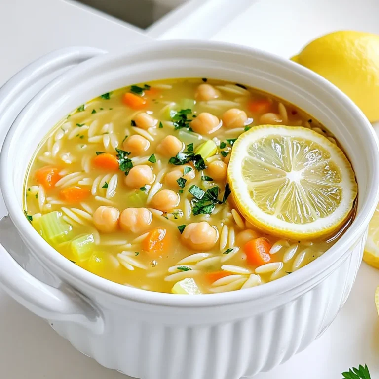 - 1 cup orzo pasta - 1 can (15 oz) chickpeas, drained and rinsed - 4 cups vegetable broth - 2 cups water - 1 medium onion, diced - 3 cloves garlic, minced - 2 medium carrots, diced - 2 celery stalks, diced The heart of this soup lies in its simple yet flavorful main ingredients. Orzo pasta brings a nice texture and absorbs the broth well. Chickpeas add protein and a creamy touch. The vegetable broth forms the soup base, while the fresh vegetables—onion, garlic, carrots, and celery—add depth and nutrition. - 1 tablespoon olive oil - 1 teaspoon dried thyme - 1 teaspoon dried oregano - Juice and zest of 1 lemon - Fresh parsley, chopped (for garnish) Seasoning is key to making this soup shine. Olive oil helps sauté the vegetables, giving them a lovely flavor. Dried thyme and oregano provide a warm, herbal note. The lemon juice and zest brighten the dish, while fresh parsley adds a burst of color and freshness. - Large pot - Wooden spoon - Measuring cups and spoons You will need a large pot to cook the soup. A wooden spoon helps stir the ingredients without scratching your pot. Measuring cups and spoons ensure you add the right amounts of each ingredient, making your soup consistent and delicious. 1. Start by heating 1 tablespoon of olive oil in a large pot over medium heat. This will create a nice base for your soup. 2. Add 1 medium onion, diced, along with 2 medium carrots and 2 celery stalks, both diced. Sauté these veggies for about 5 minutes. You want them to soften but not brown. 3. Next, add 3 cloves of minced garlic to the pot. Cook for 1 more minute. The smell will be amazing! 4. Stir in 1 can of chickpeas, rinsed and drained, along with 1 teaspoon of dried thyme and 1 teaspoon of dried oregano. Cook this mix for another 2 minutes to let the flavors blend. 1. Pour in 4 cups of vegetable broth and 2 cups of water. Bring this mixture to a boil. The bubbling will mean it’s almost time to add the pasta! 2. Once it’s boiling, stir in 1 cup of orzo pasta. Reduce the heat to a simmer and cook for about 10 minutes. Check the pasta occasionally until it’s tender. 1. After the orzo is cooked, add the zest and juice of 1 lemon. This will brighten up the soup. 2. Season with salt and pepper to taste. You can adjust to your liking. 3. Turn off the heat and let the soup sit for a few minutes. This helps the flavors meld together. 4. Serve the soup hot, garnished with freshly chopped parsley. This adds a nice touch of color and flavor. Enjoy your delicious Lemon Garlic Chickpea Orzo Soup! To make your soup just right, focus on the consistency. You want it hearty but not too thick. If it gets too thick, add a bit more water or broth as it cooks. The lemon adds brightness. Use both the zest and juice to get the full flavor. Taste before serving and adjust the lemon to your liking. Using canned chickpeas saves time. They are ready to use. Just drain and rinse them. If you prefer dried chickpeas, soak them overnight. Cook them until tender before adding to the soup. Pre-chop your vegetables ahead of time. This step makes cooking faster and easier. You can store them in the fridge for a few days. For a beautiful finish, garnish your soup with chopped fresh parsley. This adds a nice pop of color. You can also drizzle a little olive oil on top for richness. Pair the soup with warm bread or a fresh salad for a complete meal. This not only adds flavor but also makes your dish more appealing. {{image_2}} To make this soup gluten-free, swap out orzo for a gluten-free pasta. Some great options include brown rice pasta or quinoa pasta. These alternatives keep the dish hearty and delicious without gluten. For added protein, consider using tofu or tempeh. Both options work well. Tofu can be cubed and added during cooking. Tempeh can be crumbled for texture. Both will soak up the soup's flavors. You can easily boost the flavor of this soup. Adding spices like cumin or smoked paprika gives it a warm, earthy taste. Start with half a teaspoon and adjust to your liking. Leafy greens like spinach or kale also enhance the soup. Add them near the end of cooking to keep their color bright. They add nutrients and make the dish more filling. Using seasonal veggies makes this soup even better. Try adding zucchini or bell peppers when they are fresh. They add color and crunch to the dish. Fresh herbs can also change the flavor profile. Consider swapping in basil or dill for a new twist. Add these herbs towards the end for the best flavor. To keep your Lemon Garlic Chickpea Orzo Soup fresh, store it in the fridge. Use an airtight container. This soup stays good for about 3 to 4 days. Make sure it cools down first before putting it in the fridge. You can freeze the soup if you want to save some for later. Pour it into freezer-safe containers. Leave some space at the top, as the soup will expand. The soup lasts about 3 months in the freezer. When you want to eat it, thaw it in the fridge overnight. Reheat it on the stove over low heat. Stir often to warm it evenly. Don’t let leftovers go to waste! You can use the soup as a base for a grain bowl. Just add some cooked rice or quinoa. You can also turn leftovers into a pasta salad. Mix the soup with some extra veggies and a splash of olive oil. This makes a great lunch or side dish! Making this soup takes about 30 minutes. You need 10 minutes to prep and 20 minutes to cook. First, sauté the veggies for 5 minutes, then add garlic. After that, simmer the soup with orzo for 10 minutes. Yes, you can make this soup ahead of time. I recommend cooking it and storing it in the fridge. It tastes even better the next day! Just let it cool before putting it in a container. If you don't have orzo, you can use small pasta like ditalini or a grain like quinoa. Each option brings its own flavor and texture. Just adjust the cooking time as needed. This soup is great for meal prep. You can make a big batch and store it. Keep it in the fridge for up to four days. For longer storage, freeze it in portions. Just reheat when you're ready to eat! In this blog post, we explored making Lemon Garlic Chickpea Orzo Soup. We covered key ingredients like orzo pasta, chickpeas, and fresh veggies. You learned step-by-step preparation and cooking instructions, along with tips for perfecting the recipe. Remember, you can adjust the soup for dietary needs and add seasonal flavors. Store leftovers wisely to enjoy more later. This soup is versatile and brightens any meal. Try it out, and enjoy the warmth it brings. Happy cooking!