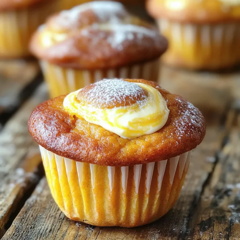 For the dry mix, you need: - 1 ½ cups all-purpose flour - 1 teaspoon baking powder - ½ teaspoon baking soda - ½ teaspoon salt - 1 teaspoon ground cinnamon - ½ teaspoon ground nutmeg - ½ cup granulated sugar - ½ cup brown sugar, packed These ingredients create the base of your muffins. The flour gives structure, while the baking powder and baking soda help them rise. The spices add warmth and flavor. Next, gather these wet ingredients: - ½ cup vegetable oil - 2 large eggs - 1 cup canned pumpkin puree - 1 teaspoon vanilla extract The oil keeps your muffins moist. Eggs help bind everything together. Pumpkin puree adds flavor and keeps the muffins soft. Vanilla enhances the overall taste. For the creamy center, use: - 4 oz cream cheese, softened - 2 tablespoons powdered sugar This filling is the star of the muffins. The cream cheese provides a rich, tangy taste. The powdered sugar sweetens the filling, balancing the spices in the muffins. These ingredients together make the perfect pumpkin cream cheese muffins. The mix of spices and creaminess creates a delightful treat. Enjoy making these muffins! Start by preheating your oven to 350°F (175°C). This step is key to getting your muffins just right. While the oven heats, line a muffin tin with paper liners or lightly grease it. This prevents the muffins from sticking. In a medium bowl, whisk together the dry ingredients. You need 1 ½ cups of all-purpose flour, 1 teaspoon of baking powder, ½ teaspoon of baking soda, ½ teaspoon of salt, 1 teaspoon of ground cinnamon, and ½ teaspoon of ground nutmeg. Set this bowl aside. Next, grab a large mixing bowl. Combine ½ cup of granulated sugar and ½ cup of packed brown sugar with ½ cup of vegetable oil. Beat in 2 large eggs, one at a time. Mix well after each egg. Now, stir in 1 cup of canned pumpkin puree and 1 teaspoon of vanilla extract until smooth. Gradually add the dry mixture into the wet mixture. Stir gently until just combined. Be careful not to overmix, as this can make the muffins tough. In a small bowl, mix 4 oz of softened cream cheese with 2 tablespoons of powdered sugar until smooth. This will be your cream cheese filling. Now, it’s time to assemble your muffins. Fill each muffin cup halfway with the pumpkin batter. Add a teaspoon of cream cheese filling in the center of each cup. Then, top with more pumpkin batter until the cups are about ¾ full. Bake your muffins in the preheated oven for 18-20 minutes. Check for doneness by inserting a toothpick into the center. If it comes out clean, they are ready! Let the muffins cool in the pan for about 5 minutes. After that, transfer them to a wire rack to cool completely. Enjoy your delicious pumpkin cream cheese muffins! To get the best texture for your muffins, use these tips. First, mix the dry ingredients well. This helps spread the leavening agents evenly. When mixing wet and dry ingredients, stir gently. Overmixing can lead to tough muffins. Aim for a lumpy batter; it’s okay if there are small flour pockets. The cream cheese filling adds moisture, keeping your muffins soft and fluffy. You’ll need a few tools to make these muffins. Here’s a quick list: - Mixing bowls - Whisk - Measuring cups and spoons - Muffin tin - Paper liners or cooking spray - Toothpick for testing doneness Using the right tools ensures smooth preparation and baking. Baking times may vary based on your oven and muffin size. Start checking for doneness at 18 minutes. Insert a toothpick into the center of a muffin. If it comes out clean, your muffins are ready! If not, bake them for a few more minutes. Always keep an eye on them to avoid overbaking. Adjusting baking time helps you achieve the perfect golden-brown tops. {{image_2}} You can change your muffins by adding nuts or chocolate chips. Walnuts or pecans add crunch and flavor. Just fold in about half a cup of chopped nuts before baking. If you love chocolate, try adding semi-sweet or dark chocolate chips. Use about half a cup and mix them in gently. Both options make these muffins even more delicious! If you want to make gluten-free muffins, swap the all-purpose flour with a gluten-free blend. Many brands work well, so check for one that fits your taste. Make sure it has xanthan gum to help with texture. This change lets everyone enjoy these muffins, no matter their diet. You can boost the flavor of your muffins with extra spices. Try adding a pinch of ginger or cloves for warmth. You can also mix in some vanilla bean paste for a rich taste. For more depth, add a splash of maple syrup or honey to the batter. These small changes can create a unique twist on the classic recipe! You can store your pumpkin cream cheese muffins at room temperature. Keep them in an airtight container. They will stay fresh for up to three days. If you want them to last longer, place them in the fridge. In the fridge, they can last up to a week. Just remember to let them come back to room temperature before you enjoy them. To freeze your muffins, first let them cool completely. Wrap each muffin tightly in plastic wrap. Then, place them in a freezer-safe bag or container. Label the bag with the date. You can freeze them for up to three months. When you’re ready to eat, simply thaw them in the fridge overnight or at room temperature for a few hours. Reheating is quick and easy. If you want a warm muffin, preheat your oven to 350°F (175°C). Place the muffins on a baking sheet. Heat for about 10 minutes. You can also use a microwave. Heat each muffin for about 15 seconds. Check to make sure it's warm all the way through. Enjoy your tasty treat! Yes, you can use fresh pumpkin. First, cook the pumpkin until soft. Then, mash it well. This will give a fresh taste. Just make sure to drain any extra water. Canned pumpkin is thicker and easier to use. Fresh pumpkin may need more time to prep. To stop muffins from sinking, avoid overmixing. Mix until just combined. Overmixing adds too much air. Also, make sure your baking powder and baking soda are fresh. Old leavening agents may not rise well. Lastly, fill the muffin cups correctly, about three-quarters full. You can add nuts or chocolate chips for extra flavor. Chopped walnuts or pecans work great. For a different taste, try adding spices like ginger or cloves. You could also use maple syrup instead of some sugar. These changes can make your muffins unique and fun! This blog post covered key parts of making delicious muffins. We talked about dry and wet ingredients, including a tasty cream cheese filling. You learned step-by-step instructions for mixing and baking. I shared tips to help you achieve the right texture. We explored easy variations, like adding nuts or spices. Lastly, I explained how to store your muffins properly. Use these methods to bake muffins that everyone will love. Happy baking!