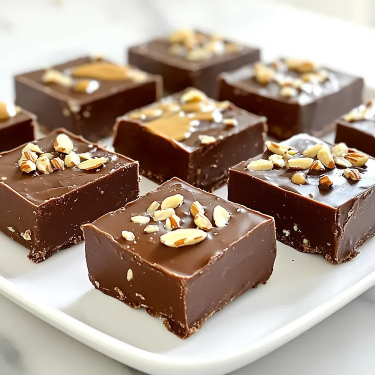 To make this fudge, you need a few simple items: - 1 cup almond butter - 1/2 cup coconut oil, melted - 1/3 cup maple syrup or honey - 1/2 cup unsweetened cocoa powder - 1 teaspoon vanilla extract - 1/4 teaspoon sea salt - 1/3 cup chopped almonds (optional, for crunch) You can swap ingredients if needed. Here are some options: - Use peanut butter instead of almond butter for a different taste. - Replace coconut oil with unsalted butter for a creamier texture. - If you want a sweeter fudge, try agave syrup instead of maple syrup or honey. - Use carob powder instead of cocoa powder for a caffeine-free option. - Try walnuts or pecans instead of almonds for a different crunch. Choosing good ingredients makes a big difference. Here are my tips: - Pick natural almond butter without added sugar or oils. - Use cold-pressed coconut oil for a fresher flavor. - Choose pure maple syrup for the best taste. - Look for unsweetened cocoa powder that is rich and dark. - Always check for freshness on nuts, as they can go stale. First, gather all your ingredients. You need almond butter, coconut oil, maple syrup or honey, cocoa powder, vanilla extract, sea salt, and chopped almonds if you want a crunch. In a medium bowl, mix the almond butter, melted coconut oil, and maple syrup (or honey) together. Use a whisk or spatula until it’s smooth and creamy. This step is key for texture and flavor. Next, sift in the cocoa powder, then add the vanilla extract and sea salt. Stir well until everything is mixed. You want it to be uniform in color and texture. If you are using chopped almonds, fold them in gently now. This adds a nice crunch to the fudge. Be careful not to over-mix, as this can change the texture. Now, line an 8x8 inch baking dish with parchment paper. Make sure the paper hangs over the sides for easy removal later. Pour the fudge mixture into this dish. Use a spatula to spread it evenly. Once it looks good, place the dish in the refrigerator. Let it set for at least 2 hours or until firm. After it sets, lift it out using the parchment paper and cut it into squares. Enjoy your delicious fudge! To get the right texture for your fudge, use smooth almond butter. Stir well to mix in the melted coconut oil and sweetener. This will help create a creamy base. Sifting cocoa powder ensures there are no lumps. Mix until everything is combined and smooth. If you want a crunch, add the chopped almonds. They give a nice bite to the fudge. After your fudge sets, store it in an airtight container. Keep it in the fridge to stay fresh. It can last up to a week when stored correctly. If you want to freeze it, wrap each piece in plastic wrap. This prevents freezer burn. Thaw it in the fridge for a few hours before enjoying. For a beautiful display, cut the fudge into neat squares. Place them on a festive plate. Sprinkle a few whole almonds on top for a pop of color. You can also drizzle a bit of melted almond butter over the fudge. This adds extra flavor and looks stunning when served. {{image_2}} You can make this fudge even more special with tasty add-ins. Try mixing in some chocolate chips for a rich bite. You can also add dried fruit, like cranberries or cherries, for a sweet touch. If you love spice, a pinch of cinnamon or a dash of cayenne can add warmth. Just fold these extras in at the end, before you spread the fudge in your dish. Not everyone wants to use maple syrup or honey. You can swap these out for agave nectar or stevia. Both will give you a sweet taste without the same calories. If you need it sugar-free, stevia is a great choice. Just remember to adjust the amount since stevia is much sweeter than honey or syrup. This fudge can fit many diets. If you're vegan, stick to maple syrup or agave. For a nut-free version, sunflower seed butter works well. It has a nice taste and is creamy like almond butter. If you're avoiding gluten, this recipe is already safe! Just ensure your other ingredients are also gluten-free. You can enjoy this fudge, no matter your diet! To keep your fudge fresh, store it in an airtight container. This prevents moisture loss and keeps the texture smooth. Place parchment paper between layers to avoid sticking. You can store it at room temperature for a few days. If you want it to last longer, keep it in the fridge. The fudge stays good for about one week at room temperature. In the fridge, it can last up to two weeks. Watch for changes in smell or texture. If the fudge looks dry or has an off odor, it's best to throw it away. To freeze your fudge, cut it into squares and wrap each piece in plastic wrap. Place the wrapped pieces in a freezer-safe container. It can stay in the freezer for up to three months. When you're ready to eat it, take out a piece and let it thaw in the fridge. This keeps the texture nice and creamy. Yes, you can use peanut butter. It will change the flavor a bit. Almond butter gives a nice nutty taste. Peanut butter offers a classic flavor many love. Just be sure to choose a smooth variety for best results. The fudge needs at least 2 hours to set. I recommend checking it after this time. It should be firm and hold its shape. If it’s still soft, leave it in the fridge longer. Yes, this fudge is already dairy-free! The recipe uses coconut oil and almond butter. These ingredients are great choices for a dairy-free treat. You can enjoy this fudge without any dairy concerns. If your fudge is too soft, try chilling it longer. If it still doesn't set, you can add more cocoa powder. Mix in a bit more until you get the right texture. You can also try placing it in the freezer for a short time. In this article, we covered all the key steps to make great fudge. We discussed the important ingredients you need and how to select the best ones. I shared step-by-step instructions for mixing and shaping your fudge. You learned tips for texture, storage, and fun variations. Now you can make delicious fudge with confidence. Enjoy exploring fun flavors and sharing your sweet treats with others! Your fudge journey starts today.