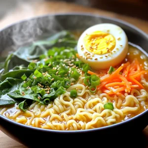 For this quick and tasty dish, gather these key ingredients: - 2 packs instant ramen noodles (discard seasoning packets) - 4 cups vegetable or chicken broth - 4 cloves garlic, minced - 1 tablespoon fresh ginger, grated - 2 tablespoons soy sauce - 1 tablespoon sriracha or your favorite hot sauce - 1 tablespoon sesame oil - 1 cup baby spinach - 1 carrot, julienned - 2 green onions, chopped - 1 tablespoon sesame seeds (for garnish) These ingredients bring bold flavor to your ramen bowls. Each item plays a role in creating that delicious, spicy taste. You can tweak this recipe to suit your taste. Here are some optional ingredients: - Soft-boiled egg (for topping) - Mushrooms (for extra umami) - Tofu (for added protein) - Bok choy (for more greens) Feel free to mix and match based on what you enjoy. The more you add, the more unique your dish becomes. Toppings elevate your ramen and add crunch or creaminess. Consider these options: - Chopped cilantro - Crushed peanuts - Chili flakes - Lime wedges These toppings not only make your ramen look great but also add layers of flavor. Enjoy exploring different combinations! Start by gathering your ingredients. You need garlic and ginger for strong flavors. Mince the garlic until it is tiny. Grate the fresh ginger with a fine grater. This step adds a bold taste to your broth. Heat sesame oil in a medium pot over medium heat. Add the minced garlic and grated ginger. Sauté them for one to two minutes. You want them fragrant but not browned. Next, pour in four cups of vegetable or chicken broth. Bring it to a gentle simmer. This broth will be the base for your ramen. Stir in two tablespoons of soy sauce. Add one tablespoon of sriracha or your favorite hot sauce. Adjust the spice level to your liking. Let this simmer for a few minutes to blend the flavors. Now it’s time for the ramen noodles. Add two packs of instant ramen noodles to the pot. Discard the seasoning packets that come with the noodles. Cook them according to the package instructions, usually about three minutes. In the last minute, add one cup of baby spinach and one julienned carrot. This keeps them fresh and colorful. When the noodles are cooked, take the pot off the heat. Serve the ramen in bowls. Make sure to include equal portions of noodles, broth, spinach, and carrots. Top each bowl with chopped green onions and sesame seeds. If you like, add a soft-boiled egg cut in half for extra richness. Enjoy your Minute Spicy Garlic Ramen Bowls! To get the best flavor, focus on the garlic and ginger. Sauté them in sesame oil until they smell great. This step makes a big difference. Use fresh garlic and ginger for more taste. Fresh ingredients always win over dried ones. The broth should simmer gently. This helps all the flavors blend well. Adjust the spice level to fit your taste. Start with one tablespoon of sriracha. You can add more later if you like it spicier. Taste the broth before adding more heat. This way, you control the heat. If you want to cool it down, add more broth. You can also add a soft-boiled egg for creaminess. You can add many healthy items to boost nutrition. Try adding tofu for protein. You can also add mushrooms for extra flavor. Nuts or seeds can give a nice crunch. Adding more vegetables like bell peppers or broccoli is great too. Baby spinach is a good start, but mix it up! Remember, colorful dishes are often more nutritious. {{image_2}} You can easily make this dish vegetarian or vegan. Start by using vegetable broth instead of chicken broth. This swap keeps the flavor rich. You can add more veggies, like mushrooms or bell peppers. For protein, try tofu or edamame. Both options work well and add texture. Want to add protein? Cooked chicken, shrimp, or beef make great choices. If you prefer plant-based options, use chickpeas or tempeh. Simply add these proteins when you add the noodles. They will heat through nicely in the broth. You can change the flavor with a few tweaks. Try adding miso paste or lime juice for a tangy kick. If you like it sweet, add a dash of honey or maple syrup. For extra heat, use chili oil or fresh chilies. These small changes can create a whole new dish. To store your leftover Minute Spicy Garlic Ramen Bowls, let them cool first. Place the ramen in an airtight container. Keep it in the fridge for up to three days. Make sure you separate the broth from the noodles. This will help keep the noodles from getting soggy. When you're ready to enjoy your ramen again, reheat it on the stove. Pour the broth into a pot and heat over medium. Once it starts to simmer, add the noodles and veggies. Stir until everything is warm. You can also use the microwave. Place the ramen in a bowl, cover it, and heat in short bursts until warm. If you want to freeze the ramen, do it right after cooking. Allow the dish to cool completely. Store the broth and noodles in separate freezer-safe containers. You can freeze the broth for up to three months. The noodles can stay fresh for about two months. When you are ready to eat, thaw them in the fridge overnight before reheating. Yes, you can use different ramen noodles. Fresh ramen noodles or rice noodles work well too. Just adjust the cooking time based on the type you choose. Fresh noodles may need less time, while dried ones might need more. Experiment to find what you like best. If you don't have sesame oil, you can use olive oil or canola oil. These oils have a milder taste. However, you may lose some of the unique flavor that sesame oil brings. You can also add a sprinkle of sesame seeds for a hint of that taste. To add more heat, increase the sriracha or hot sauce you use. You can also add red pepper flakes or chili oil for extra spice. If you enjoy a fiery kick, don’t hold back! Just be sure to taste as you go to avoid making it too hot. Yes, you can prepare the broth and veggies ahead of time. Store them in the fridge for up to three days. When you are ready to eat, simply heat the broth and add the noodles. This saves time and still gives you a hot, delicious meal. You learned how to make tasty Minute Spicy Garlic Ramen Bowls. We covered key ingredients and how to prep them. You can customize this dish by adding your favorite toppings. I shared tips to boost flavor and spice as well. With variations for every taste, this dish fits all diets. Store leftovers easily and reheat without loss. Enjoy your ramen adventure! It’s easy to make, delicious, and fun to share.