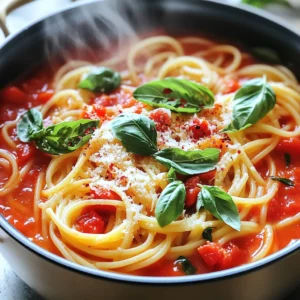 To make One Pot Spicy Tomato Basil Pasta, gather these ingredients: - 12 oz (340g) spaghetti or fettuccine - 1 tablespoon olive oil - 1 small onion, finely chopped - 3 cloves garlic, minced - 1 teaspoon red pepper flakes (adjust to taste) - 1 can (14 oz) crushed tomatoes - 4 cups vegetable broth - 1 teaspoon sugar - 1 teaspoon dried oregano - Salt and pepper to taste - Fresh basil leaves, torn - Grated Parmesan cheese (optional, for serving) If you don't have something on hand, here are some swaps: - Use whole wheat pasta for a healthier choice. - Substitute garlic powder for fresh garlic if needed. - Red pepper flakes can be swapped with fresh chili for more heat. - For a richer flavor, you can use chicken broth instead of vegetable broth. - Instead of sugar, honey or maple syrup can work well. To make this dish, you will need a few key tools: - A large pot for cooking - A wooden spoon for stirring - A cutting board for chopping - A knife for slicing - Measuring cups and spoons for accuracy First, grab a large pot. Heat one tablespoon of olive oil over medium heat. Next, finely chop one small onion. Add the onion to the pot and sauté it for about three to four minutes. You want it to be translucent. Then, mince three cloves of garlic. Toss the garlic and one teaspoon of red pepper flakes into the pot. Cook this mix for one more minute. You will smell a wonderful aroma! Now, it’s time to add the fun stuff! Open a 14-ounce can of crushed tomatoes. Pour this into the pot along with four cups of vegetable broth. Add one teaspoon of sugar and one teaspoon of dried oregano. Season with salt and pepper to taste. Stir everything well. Bring this mix to a boil. Once boiling, add 12 ounces of spaghetti or fettuccine directly into the pot. Stir it to make sure the pasta is all submerged. Now, lower the heat to medium-low. Cover the pot and let it cook for about 10 to 12 minutes. Stir it occasionally. You want the pasta to be al dente and the sauce to thicken. When the pasta is cooked, remove the pot from the heat. Tear some fresh basil leaves and stir them in. Taste your dish and add more salt or pepper if you like. Serve it hot! If you want, top your plate with grated Parmesan cheese and more fresh basil. Enjoy your simple and tasty meal! To get the right spice level, start with one teaspoon of red pepper flakes. This adds a nice kick to the dish. If you want it hotter, add more flakes. Always taste as you go. Remember, you can add heat, but you can’t take it away! For a thick and rich sauce, let the pasta cook in the broth. Keep the pot covered while it simmers. Stir it often to prevent sticking. If the sauce seems too thick, add a bit more broth. If it's too thin, cook it a little longer uncovered. Serve your pasta hot. Top it with torn basil leaves for freshness. A sprinkle of grated Parmesan cheese adds a nice touch. Pair it with a light salad or garlic bread. This meal is perfect for a cozy night in or a gathering with friends. {{image_2}} You can easily change this dish to fit your needs. If you want a gluten-free option, use gluten-free pasta. For a low-carb meal, try zoodles or spaghetti squash instead of pasta. If you need a dairy-free meal, skip the Parmesan cheese or use a plant-based alternative. These swaps keep the dish tasty while meeting your dietary needs. Mixing things up can make this dish exciting. Instead of crushed tomatoes, use diced tomatoes for a chunkier texture. For a different flavor, add a splash of balsamic vinegar or lemon juice. You can also try fresh herbs like thyme or parsley instead of basil. Each swap brings a new twist to the classic taste. Want to make this dish heartier? You can add protein easily. Cooked chicken, shrimp, or sausage work well in this dish. If you prefer plant-based protein, try chickpeas or lentils. Just add them in when you mix the pasta with the sauce. They will soak up the flavors and make your meal more filling. After you enjoy your One Pot Spicy Tomato Basil Pasta, store leftovers in an airtight container. Let the pasta cool down for about 30 minutes before sealing it. This helps keep the texture just right. You can keep the pasta in the fridge for up to three days. If you want it to last longer, consider freezing it. To reheat your pasta, you have a few options. The best way is to use the stovetop. Add a splash of water or broth to the pot. Heat it over low heat, stirring gently until warm. This helps keep the pasta moist. You can also use a microwave. Place the pasta in a microwave-safe bowl with a splash of water. Heat in short bursts, stirring in between, until it’s hot. If you want to freeze your pasta, do so right after it cools. Place it in a freezer-safe container or bag. Remove as much air as you can to prevent freezer burn. Your pasta will stay good for about two months in the freezer. When you’re ready to eat, thaw it in the fridge overnight. Then, reheat using the stovetop or microwave. Enjoy your tasty dish again! Cooking One Pot Spicy Tomato Basil Pasta takes about 25 minutes in total. You spend 10 minutes prepping and another 15 minutes cooking. This quick method makes it easy for busy days or last-minute meals. Yes, you can easily make this dish vegetarian or vegan. The base of this recipe is already vegetarian since it uses vegetable broth. To make it vegan, skip the grated Parmesan cheese or use a vegan alternative. You can enjoy the full flavor without any animal products. One Pot Spicy Tomato Basil Pasta pairs well with many side dishes. You can serve a fresh green salad or garlic bread on the side. If you want more protein, grilled chicken or shrimp also works great. This way, you can create a complete meal that satisfies everyone. We explored how to make One Pot Spicy Tomato Basil Pasta, from ingredients to storage. You learned about ingredient swaps, cooking tools, and specific steps to follow. I shared tips on spice levels and sauce consistency, along with variations for different diets. Proper storage methods help keep leftovers fresh. This dish is simple and full of flavor, making it a great choice for any meal. Embrace your creativity; make it your own!