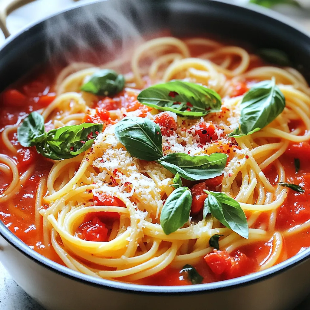 To make One Pot Spicy Tomato Basil Pasta, gather these ingredients: - 12 oz (340g) spaghetti or fettuccine - 1 tablespoon olive oil - 1 small onion, finely chopped - 3 cloves garlic, minced - 1 teaspoon red pepper flakes (adjust to taste) - 1 can (14 oz) crushed tomatoes - 4 cups vegetable broth - 1 teaspoon sugar - 1 teaspoon dried oregano - Salt and pepper to taste - Fresh basil leaves, torn - Grated Parmesan cheese (optional, for serving) If you don't have something on hand, here are some swaps: - Use whole wheat pasta for a healthier choice. - Substitute garlic powder for fresh garlic if needed. - Red pepper flakes can be swapped with fresh chili for more heat. - For a richer flavor, you can use chicken broth instead of vegetable broth. - Instead of sugar, honey or maple syrup can work well. To make this dish, you will need a few key tools: - A large pot for cooking - A wooden spoon for stirring - A cutting board for chopping - A knife for slicing - Measuring cups and spoons for accuracy First, grab a large pot. Heat one tablespoon of olive oil over medium heat. Next, finely chop one small onion. Add the onion to the pot and sauté it for about three to four minutes. You want it to be translucent. Then, mince three cloves of garlic. Toss the garlic and one teaspoon of red pepper flakes into the pot. Cook this mix for one more minute. You will smell a wonderful aroma! Now, it’s time to add the fun stuff! Open a 14-ounce can of crushed tomatoes. Pour this into the pot along with four cups of vegetable broth. Add one teaspoon of sugar and one teaspoon of dried oregano. Season with salt and pepper to taste. Stir everything well. Bring this mix to a boil. Once boiling, add 12 ounces of spaghetti or fettuccine directly into the pot. Stir it to make sure the pasta is all submerged. Now, lower the heat to medium-low. Cover the pot and let it cook for about 10 to 12 minutes. Stir it occasionally. You want the pasta to be al dente and the sauce to thicken. When the pasta is cooked, remove the pot from the heat. Tear some fresh basil leaves and stir them in. Taste your dish and add more salt or pepper if you like. Serve it hot! If you want, top your plate with grated Parmesan cheese and more fresh basil. Enjoy your simple and tasty meal! To get the right spice level, start with one teaspoon of red pepper flakes. This adds a nice kick to the dish. If you want it hotter, add more flakes. Always taste as you go. Remember, you can add heat, but you can’t take it away! For a thick and rich sauce, let the pasta cook in the broth. Keep the pot covered while it simmers. Stir it often to prevent sticking. If the sauce seems too thick, add a bit more broth. If it's too thin, cook it a little longer uncovered. Serve your pasta hot. Top it with torn basil leaves for freshness. A sprinkle of grated Parmesan cheese adds a nice touch. Pair it with a light salad or garlic bread. This meal is perfect for a cozy night in or a gathering with friends. {{image_2}} You can easily change this dish to fit your needs. If you want a gluten-free option, use gluten-free pasta. For a low-carb meal, try zoodles or spaghetti squash instead of pasta. If you need a dairy-free meal, skip the Parmesan cheese or use a plant-based alternative. These swaps keep the dish tasty while meeting your dietary needs. Mixing things up can make this dish exciting. Instead of crushed tomatoes, use diced tomatoes for a chunkier texture. For a different flavor, add a splash of balsamic vinegar or lemon juice. You can also try fresh herbs like thyme or parsley instead of basil. Each swap brings a new twist to the classic taste. Want to make this dish heartier? You can add protein easily. Cooked chicken, shrimp, or sausage work well in this dish. If you prefer plant-based protein, try chickpeas or lentils. Just add them in when you mix the pasta with the sauce. They will soak up the flavors and make your meal more filling. After you enjoy your One Pot Spicy Tomato Basil Pasta, store leftovers in an airtight container. Let the pasta cool down for about 30 minutes before sealing it. This helps keep the texture just right. You can keep the pasta in the fridge for up to three days. If you want it to last longer, consider freezing it. To reheat your pasta, you have a few options. The best way is to use the stovetop. Add a splash of water or broth to the pot. Heat it over low heat, stirring gently until warm. This helps keep the pasta moist. You can also use a microwave. Place the pasta in a microwave-safe bowl with a splash of water. Heat in short bursts, stirring in between, until it’s hot. If you want to freeze your pasta, do so right after it cools. Place it in a freezer-safe container or bag. Remove as much air as you can to prevent freezer burn. Your pasta will stay good for about two months in the freezer. When you’re ready to eat, thaw it in the fridge overnight. Then, reheat using the stovetop or microwave. Enjoy your tasty dish again! Cooking One Pot Spicy Tomato Basil Pasta takes about 25 minutes in total. You spend 10 minutes prepping and another 15 minutes cooking. This quick method makes it easy for busy days or last-minute meals. Yes, you can easily make this dish vegetarian or vegan. The base of this recipe is already vegetarian since it uses vegetable broth. To make it vegan, skip the grated Parmesan cheese or use a vegan alternative. You can enjoy the full flavor without any animal products. One Pot Spicy Tomato Basil Pasta pairs well with many side dishes. You can serve a fresh green salad or garlic bread on the side. If you want more protein, grilled chicken or shrimp also works great. This way, you can create a complete meal that satisfies everyone. We explored how to make One Pot Spicy Tomato Basil Pasta, from ingredients to storage. You learned about ingredient swaps, cooking tools, and specific steps to follow. I shared tips on spice levels and sauce consistency, along with variations for different diets. Proper storage methods help keep leftovers fresh. This dish is simple and full of flavor, making it a great choice for any meal. Embrace your creativity; make it your own!