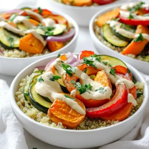 - 1 cup quinoa, rinsed - 1 medium sweet potato, peeled and diced - 1 red bell pepper, chopped - 1 zucchini, sliced - 1 red onion, chopped - 1 cup chickpeas, drained and rinsed - 2 tablespoons olive oil - Salt and pepper to taste - 1 teaspoon paprika - 2 tablespoons tahini - 2 tablespoons pure maple syrup - 1 tablespoon lemon juice - Fresh parsley, chopped (for garnish) - Baking sheet - Medium saucepan - Small mixing bowl - Fork for fluffing quinoa The ingredients for my roasted veggie grain bowls shine with color and flavor. Quinoa serves as a hearty base, while sweet potatoes, red bell peppers, zucchini, and red onions bring a rainbow of nutrients. Chickpeas add protein to keep you full. For the dressing, I mix tahini with pure maple syrup and lemon juice. This combination adds a creamy, sweet touch that complements the savory roasted veggies. Olive oil, salt, and paprika enhance the flavors, tying everything together. I use simple equipment to make this dish. A baking sheet is perfect for roasting. A medium saucepan cooks the quinoa, while a small mixing bowl helps me whip up the dressing. A fork fluffs the quinoa, making it light and fluffy. With these ingredients and tools, you can create a delicious and healthy meal that’s fun to make! First, rinse 1 cup of quinoa under cold water. This removes any bitter taste. Next, in a medium saucepan, combine the rinsed quinoa with 2 cups of vegetable broth or water. Bring this mixture to a boil. Once boiling, reduce the heat to low and cover the pan. Let it simmer for about 15 minutes. You know it’s done when all the liquid is absorbed. Fluff the quinoa with a fork and set it aside. Preheat your oven to 425°F (220°C). While the oven heats, grab a large baking sheet. Toss the diced sweet potato, chopped red bell pepper, sliced zucchini, and chopped red onion with 2 tablespoons of olive oil. Add salt, pepper, and 1 teaspoon of paprika for flavor. Make sure the veggies are evenly coated. Spread them out on the baking sheet in one layer. Roast them in the preheated oven for 25-30 minutes. Stir halfway through for even cooking. The veggies should be tender and slightly caramelized when done. In a small mixing bowl, combine 2 tablespoons of tahini, 2 tablespoons of pure maple syrup, and 1 tablespoon of lemon juice. Add a pinch of salt to taste. Stir the mixture until it is smooth and well combined. If the dressing seems too thick, add a little water. This will help reach your desired consistency. Now you are ready to assemble your Roasted Veggie Grain Bowls with Maple Tahini! - Fluffing quinoa for texture: After cooking, take a fork and gently fluff the quinoa. This step makes it light and airy. Fluffing helps separate the grains and enhances the texture. - Ensuring even roasting of vegetables: When roasting, spread the vegetables in a single layer. This allows hot air to circulate around them. Stir the vegetables halfway through to ensure even cooking. This method helps achieve a nice caramelization on all sides. - Presentation ideas for aesthetic appeal: Use colorful bowls to show off the vibrant veggies. Layer the quinoa, roasted vegetables, and chickpeas neatly. Drizzle extra maple tahini on top. Adding a sprinkle of sesame seeds adds a nice touch. - Best serving dishes for grain bowls: Deep, wide bowls work best. They allow room for layering and keep the ingredients stable. Opt for a fun, colorful dish to make your meal pop. - Adding extra spices or toppings: Experiment with spices like cumin or chili flakes for added warmth. You can also add nuts or seeds for crunch. Fresh herbs like cilantro or mint can bring brightness to the dish. - Drizzling extra dressing options: If you like more sauce, make extra maple tahini. You can also try a balsamic glaze or a squeeze of fresh lemon juice. Each option adds a unique flavor twist to your grain bowl. {{image_2}} You can change the grains in this dish. Quinoa is great, but brown rice or farro works too. Each grain brings a new taste and texture. Try local veggies for roasting, like carrots or cauliflower. Seasonal veggies make the dish fresh and bright. Think about using beets in fall or asparagus in spring. The choices are endless! Want to make it vegan? This recipe is already vegan-friendly! Just ensure your tahini is pure and your maple syrup is real. For gluten-free needs, stick to quinoa or rice. You can also add protein alternatives. Tofu, tempeh, or lentils fit well in these bowls. They boost nutrition and keep the meal filling. Dressing can change the whole dish. Besides maple tahini, you can try cashew cream or a simple lemon vinaigrette. These options add a tangy kick. You can also mix in spices like cumin or chili for heat. For toppings, think about avocado slices, seeds, or nuts. These add crunch and flavor. Get creative and make it your own! To keep your roasted veggie grain bowls fresh, store them in the fridge. Use airtight containers to lock in moisture and flavor. It's best to separate the quinoa, veggies, and dressing. This way, everything stays crisp and tasty. If mixed, the veggies may get soggy over time. To reheat without losing texture, use your oven. Preheat it to 350°F (175°C). Place the grain bowl on a baking sheet and cover it with foil. Heat for about 15 minutes, or until warm. You can also use the microwave, but do so in short bursts to avoid overcooking. Stir halfway for even heating. Yes, you can freeze roasted vegetable grain bowls! To freeze, let them cool completely first. Place the components in separate, freezer-safe containers. Label them with the date. For thawing, move them to the fridge overnight. This keeps the veggies nice. Reheat as mentioned above for the best taste and texture. You can prepare components in advance for this dish. Cook the quinoa a day prior. Store it in an airtight container in the fridge. You can also roast the veggies ahead of time. Simply reheat them when you are ready to serve. The maple tahini sauce can mix well ahead too. Just keep it chilled until serving. If you don't have tahini, consider using almond butter or sunflower seed butter. Both can give a creamy texture. You might also use Greek yogurt for a tangy twist. Adjust the sweetness with maple syrup accordingly. Each swap brings its unique taste to the dish. Leftovers can last about 3 to 5 days in the fridge. Store them in airtight containers to keep them fresh. When ready to eat, you can reheat them in the microwave or on the stove. Ensure everything is heated through before serving. Enjoy your meal without worry! This article covered a delicious grain bowl recipe that includes quinoa, sweet potatoes, and veggies. You learned how to roast vegetables and make a tasty maple tahini dressing. I shared tips for perfect texture and flavor, plus ways to customize your dish. Cooking healthy meals can be fun and easy. Enjoy trying these steps and feel free to experiment with different ingredients. Your kitchen is the best place to create nourishing meals.